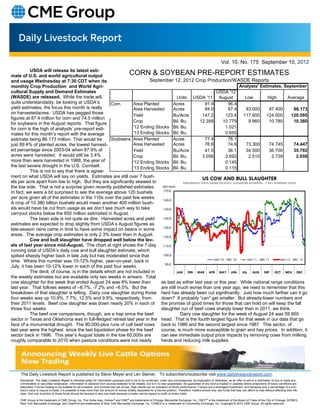 Vol. 10, No. 175 September 10, 2012
           USDA will release its latest esti-
mate of U.S. and world agricultural output                     CORN & SOYBEAN PRE-REPORT ESTIMATES
and usage Wednesday at 7:30 CDT when its                                 September 12, 2012 Crop Production/WASDE Reports
monthly Crop Production and World Agri-                                                                                          Analysts' Estimates, September
cultural Supply and Demand Estimates                                                                              USDA '12
(WASDE) are released. While the trade will,                                              Units USDA '11 August                      Low              High        Average
quite understandably, be looking at USDA’s            Corn       Area Planted          Acres               91.9           96.4
yield estimates, the focus this month is really                  Area Harvested        Acres               84.0           87.4       83.000           87.400         86.173
on harvestedacres. USDA has pegged those
                                                                 Yield                 Bu/Acre           147.2          123.4      117.600          124.000        120.595
figures at 87.4 million for corn and 74.5 million
                                                                 Crop                  Bil. Bu.        12.358         10.779          9.860           10.780         10.380
for soybeans in the August reports. That figure
for corn is the high of analysts’ pre-report esti-               '12 Ending Stocks Bil. Bu.                             1.021
mates for this month’s report with the average                   '13 Ending Stocks Bil. Bu.                             0.650
estimate being 86.173 million. That would be          Soybeans Area Planted            Acres               77.4           76.1
just 89.4% of planted acres, the lowest harvest-                 Area Harvested        Acres               76.6           74.6       73.300           74.745         74.447
ed percentage since 2003-04 when 87.9% of                        Yield                 Bu/Acre             41.5           36.1       34.500           36.700         35.792
acres were harvested. It would still be 3.4%                     Crop                  Bil. Bu.          3.056          2.692         2.510            2.739           2.658
more than were harvested in 1988, the year of                    '12 Ending Stocks Bil. Bu.                             0.145
the last severe drought in the U.S. Cornbelt.                    '13 Ending Stocks Bil. Bu.                             0.115
           This is not to say that there is agree-
ment on what USDA will say on yields. Estimates are still over 7 bush-
                                                                                                         US COW AND BULL SLAUGHTER
els per acre apart from low to high. But they are significantly skewed to                    PRELIMINARY DATA BASED ON DAILY SLAUGHTER ESTIMATES - 7 DAY RUNNING TOTAL
the low side. That is not a surprise given recently published estimates.        000 HEAD
In fact, we were a bit surprised to see the average above 120 bushels           170.0

per acre given all of the estimates in the 110s over the past few weeks.        160.0
A crop of 10.380 billion bushels would mean another 400 million bush-
els would have be cut from usage as we don’t see much way to take               150.0
carryout stocks below the 650 million estimated in August.
           The bean side is not quite as dire. Harvested acres and yield        140.0
estimates are expected to drop slightly from USDA’s August figures as
                                                                                130.0
late-season rains came in time to have some impact on beans in some
areas. The average crop estimates is only 2.3% lower than in August.            120.0
           Cow and bull slaughter have dropped well below the lev-
els of last year since mid-August. The chart at right shows the 7-day 110.0
running total of USDA’s daily cow and bull slaughter estimate, which
spiked sharply higher back in late July but has moderated since that            100.0
                                                                                                                JAN 10 - DEC 10      JAN 11 - DEC 11        JAN 12 - DEC 12
time. Where this number was 10-12% higher, year-on-year, back in
                                                                                 90.0
July, it has been 10-12% lower in each of the past four weeks.
           The devil, of course, is in the details which are not included in             JAN FEB MAR APR MAY JUN                  JUL AUG SEP            OCT NOV DEC
the weekly estimates but are available only two weeks in arrears. Total
cow slaughter for the week that ended August 24 was 8% lower than              as bad as either last year or this year. While national range conditions
last year. That follows weeks of –8.7%, -7.2% and –6.5%. But the               are still much worse than one year ago, we need to remember that this
breakdown of that slaughter is telling. Dairy cow slaughter during those herd has already been cut significantly. Just how much farther can it go
four weeks was up 10.9%, 7.7%, 12.5% and 9.8%, respectively, from              down? It probably “can” get smaller. But already-lower numbers and
their 2011 levels. Beef cow slaughter was down nearly 20% in each of the promise of good times for those that can hold on will keep the fall
those four weeks.                                                              slaughter run of beef cows sharply lower than in 2011, we think.
           The beef cow comparisons, though, are a trap since the beef                      Dairy cow slaughter for the week of August 24 was 59,950
sector in Texas and Oklahoma was in full-fledged retreat last year in the head. That is the fourth largest figure for that week in our data that go
face of a monumental drought. The 80,000-plus runs of cull beef cows back to 1986 and the second largest since 1987. This sector, of
last year were the highest since the last liquidation phase for the beef       course, is much more susceptible to grain and hay prices. In addition, it
sector back in 1996. This year’s August totals in the low 60,000s are          can see immediate output price impacts by removing cows from milking
roughly comparable to 2010 when pasture conditions were not nearly             herds and reducing milk supplies.




     The Daily Livestock Report is published by Steve Meyer and Len Steiner. To subscribe/unsubscribe visit www.dailylivestockreport.com.
     Disclaimer: The Daily Livestock Report is intended solely for information purposes and is not to be construed, under any circumstances, by implication or otherwise, as an offer to sell or a solicitation to buy or trade any
     commodities or securities whatsoever. Information is obtained from sources believed to be reliable, but is in no way guaranteed. No guarantee of any kind is implied or possible where projections of future conditions are
     attempted. Futures trading is not suitable for all investors, and involves the risk of loss. Past results are no indication of future performance. Futures are a leveraged investment, and because only a percentage of a con-
     tract’s value is require to trade, it is possible to lose more than the amount of money initially deposited for a futures position. Therefore, traders should only use funds that they can afford to lose without affecting their life-
     style. And only a portion of those funds should be devoted to any one trade because a trader cannot expect to profit on every trade.

     CME Group is the trademark of CME Group, Inc. The Globe logo, Globex® and CME® are trademarks of Chicago Mercantile Exchange, Inc. CBOT® is the trademark of the Board of Trade of the City of Chicago. NYMEX,
     New York Mercantile Exchange, and ClearPort are trademarks of New York Mercantile Exchange. Inc. COMEX is a trademark of Commodity Exchange, Inc. Copyright © 2012 CME Group. All rights reserved.
 