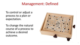 8
Management: Defined
To control or adjust a
process to a plan or
expectation.
To change the natural
course of a process to
achieve a desired
outcome.
 