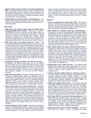 Page 3 of 5
 Qatar’s health insurance system to be fully operational by
2015 – The health insurance system in Qatar is expected to be
fully operational by 2015 and expats are to be covered in the
last phase of implementation. Insurance premiums will have to
be paid at the time of issuance or renewal of residence permit
for an expatriate. (Peninsula Qatar)
 Ashghal plans to build 69 schools, 25 kindergartens – The
Public Works Authority (Ashghal) is set to construct 69 new
schools and 25 kindergartens across Qatar by the end of 2014.
(Peninsula Qatar)
International
 QNB Group: US economy shows signs of slowing again;
spending shields GCC countries – According to a report of
the QNB Group, the US economy may be slowing again as
higher taxes, and lower government outlays lead to reduced
consumer spending and manufacturing. However, strong
infrastructure spending, and relatively high oil prices should
continue to protect Qatar and the other GCC countries from
these latest headwinds from the US economy. (Gulf-Times.com)
 ECB holds rates, sees gradual recovery in 2013 – The
European Central Bank (ECB) has retained its main interest rate
at a record low of 0.5%, saying that improved economic data in
May 2013 confirmed its forecast of a gradual recovery from the
prolonged recession later this year. ECB President Mario Draghi
said the bank's easy monetary policy should continue to support
prospects for an economic recovery later in the year and it
would remain accommodative for as long as necessary. He also
said the bank was still looking at ways to boost lending to small
& medium-sized enterprises (SMEs), and revitalizing the market
for asset-backed securities, but any such action is not for the
short-term. (Reuters)
 Bundesbank dampens optimism over German economy –
Bundesbank, the German central bank has cut the nation’s
growth forecast for 2013, saying Germany's economy would
slow down again after a second-quarter surge. The central bank
has cut its 2013 growth forecast by 0.1% to 0.3% and its
estimate for 2014 growth to 1.5% from 1.9%. The Bundesbank's
2013 prediction brought it in line with the IMF’s forecast.
(Reuters)
 BoE holds policy steady – The Bank of England (BoE) has not
changed its monetary policy despite the governor's calls for
more stimulus. The bank's decision to leave its policy steady as
recent data suggests Britain's recovery is gathering strength.
Meanwhile, BoE’s survey showed the UK’s average public
inflation expectations for the next 12 months stood at 3.6% in
May, well above the central bank's 2% inflation target. (Reuters)
 Japan unveils plan for tax cuts to boost capex – Japanese
Prime Minister Shinzo Abe said the government would decide
on tax cuts in autumn to encourage companies to boost capital
expenditure as part of its sweeping reforms to revive the
Japanese economy from nearly two decades of stagnation. The
government will also work on legislation to scrap regulations that
hamper corporate research and investment and secure its
passage in parliament in autumn. These measures will add to a
series of steps unveiled in the government’s growth strategy last
week, which include setting up special economic zones to attract
foreign business and raising incomes by 3% per annum.
(Reuters)
 Chinese CPI slows to 2.1% in May – According to the National
Bureau of Statistics (NBS), China's annual consumer inflation
slowed to 2.1% in May 2013 from April's 2.4%, which was below
market expectations. This news added to market views that the
nation’s economy could slow down further in the current quarter.
Further, the NBS said that China's producer prices fell 2.9%
YoY compared with a drop of 2.6% YoY in April 2013.
Economists polled by Reuters had expected annual inflation to
remain at 2.5% and factory-gate prices to fall 2.5% in May.
(Reuters)
Regional
 Saudi oil output rises to 9.6mn bpd in May – According to
sources, Saudi Arabia has produced 9.6mn bpd of crude oil in
May 2013, up from 9.3mn bpd in April 2013. Supply to both the
domestic and export markets were also at around 9.6mn bpd in
May, up from 9.2mn bpd in April. (GulfBase.com)
 BMI: Kingdom to maintain natural gas self-sufficiency –
According to a report by Business Monitor International (BMI),
Saudi Arabia will remain self-sufficient in natural gas, with its
production rising from an estimated 116.2bn cubic meters (bcm)
in 2013 to 152 bcm by 2022. The report expects crude oil
production to rise to an average of 11.6mn bpd in 2013, coupled
with natural gas liquids and processing gains. The report said
that total liquids supply is set to rise to 12.8mn bpd and
domestic consumption will increase to 4.3mn bpd by 2022, from
an estimate of 3.3mn bpd in 2013. (GulfBase.com)
 BMI: Jeddah Islamic Port leads in Saudi maritime sector –
According to a BMI report on the Saudi shipping sector, the
Jeddah Islamic Port is set to hold the top position in country’s
maritime sector both in terms of total tonnage and container
throughput in 2013, after demonstrating strong growth in 2012.
The report said the Jeddah Islamic Port’s tonnage throughput is
forecast to grow 8.8%, and to average 7.9% until 2017. The
report also forecasted the port’s throughput to grow by an
average of 7.7% over the forecast period. Further, the report
said the total trade real growth is forecasted at 1.5%, averaging
1.4% until 2017. (GulfBase.com)
 Saudi-Taiwan trade reaches $21.1bn – The bilateral trade
between Saudi Arabia and Taiwan touched $21.1bn in 2012.
Taiwan’s import from Saudi Arabia totaled $18.1bn in 2012, up
7.3% YoY, while its export crossed $2.4bn, up 22.5% YoY.
(GulfBase.com)
 Tadawul launches IFSAH electronic disclosure system –
The Saudi Stock Exchange (Tadawul) has launched the new
electronic disclosure system, “IFSAH”. IFSAH is an easy
interactive system that provides electronic templates and forms
via eXtensible Business Reporting Language (XBRL) for
displaying the entered organized data. (Tadawul)
 SABIC plans $4.2bn steel projects – Saudi Basic Industries
Corporation (SABIC) is planning to build two large steel plants
worth $4.2bn on Saudi Arabia's Gulf coast for its affiliate,
Hadeed. SABIC said the plant that is being built in Jubail will
have a processing capacity of 1.5mn tons a year, while the other
plant in Rabigh will have a capacity of 1mn tons a year. SABIC
also said that it has reached an agreement with the Saudi oil
ministry for supplying fuel to power the plants. (GulfBase.com)
 SEC signs SR1.4bn contracts for electrical projects – The
Saudi Electricity Company (SEC) has signed four contracts
worth around SR1.4bn to implement electrical projects in Riyadh
and Makkah. These projects included the establishment of
ground cables to connect a number of distribution stations in the
neighborhoods of Riyadh, along with the establishment of
Mashaer Electricity Station in Makkah. (Bloomberg)
 Saudi government orders for SITC liquidation – The Saudi
government has passed a decree to liquidate the Saudi
 
