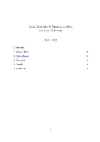 Global Economy & Financial Markets
                          Statistical Summary


                              April 14, 2013


Contents
1 Interest Rate                                        2

2 Global Equity                                        3

3 Currency                                             4

4 Metals                                               5

5 Crude Oil                                            5




                                    1
 