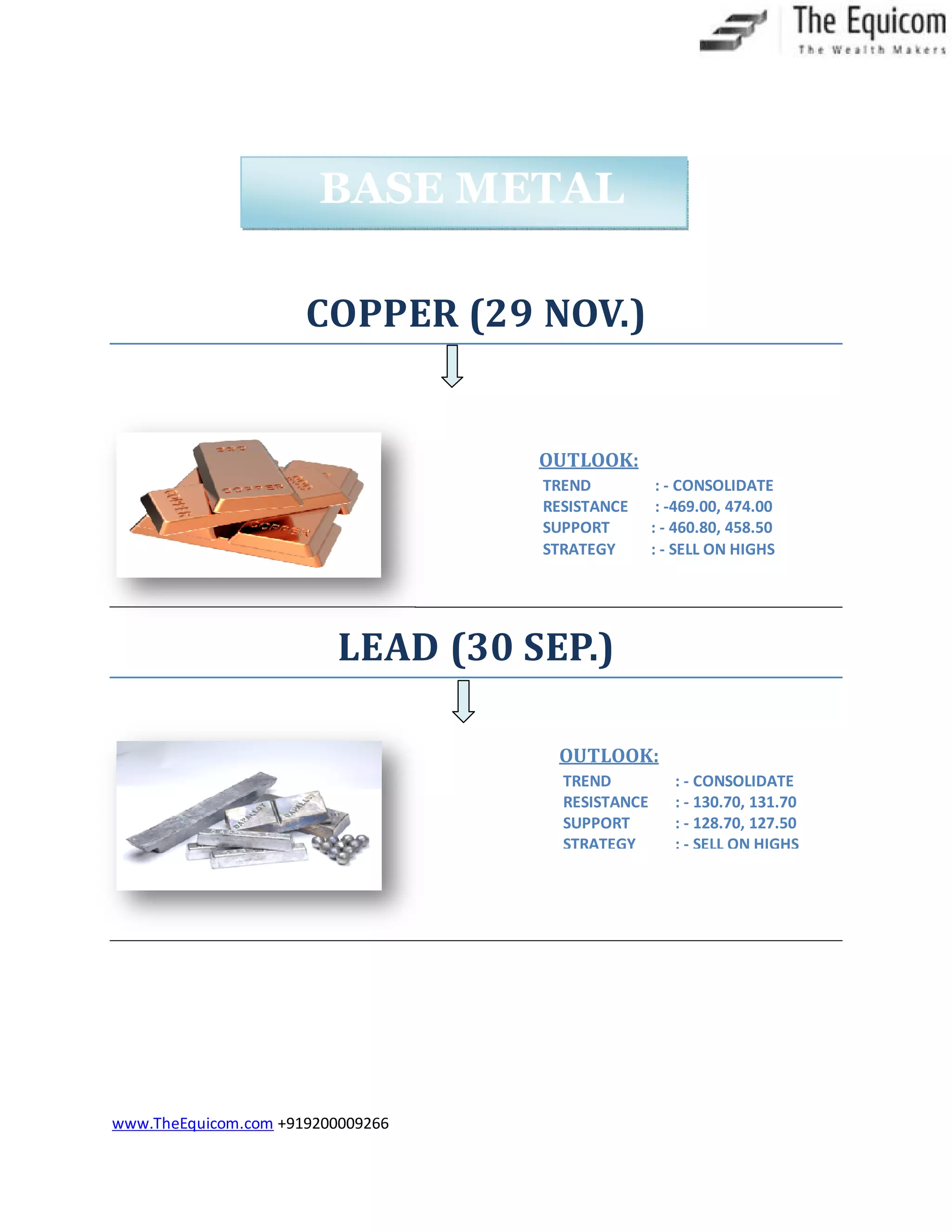 www.TheEquicom.com +919200009266
COPPER (29 NOV.)
LEAD (30 SEP.)
BASE METAL
OUTLOOK:
TREND : - CONSOLIDATE
RESISTANCE : -469.00, 474.00
SUPPORT : - 460.80, 458.50
STRATEGY : - SELL ON HIGHS
OUTLOOK:
TREND : - CONSOLIDATE
RESISTANCE : - 130.70, 131.70
SUPPORT : - 128.70, 127.50
STRATEGY : - SELL ON HIGHS
 