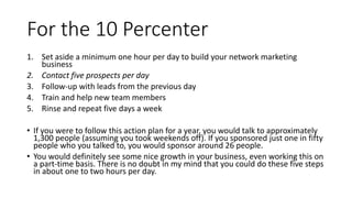 For the 10 Percenter
1. Set aside a minimum one hour per day to build your network marketing
business
2. Contact five pros...
