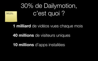 1 milliard de vidéos vues chaque mois
40 millions de visiteurs uniques
10 millions d’apps installées
30% de Dailymotion,
c’est quoi ?Récupérer d’autre
chiffres pour l’oral
 