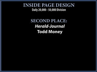 INSIDE PAGE DESIGN
   Daily 20,000 - 50,000 Division


  SECOND PLACE:
    Herald-Journal
     Todd Money
 