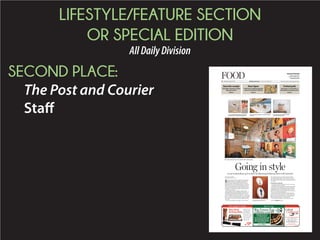 LIFESTYLE/FEATURE SECTION
OR SPECIAL EDITION
AllDailyDivision
SECOND PLACE:
The Post and Courier
Staff
BY HANNA RASKIN
hraskin@postandcourier.com
R
estaurant patrons love to complain about bathrooms.
Denied a glimpse of the kitchen, they tend to draw
conclusions about an establishment’s cleanliness
based on how many balled-up paper towels they count on
the bathroom floor, or the amount of soap scum on the sink.
Bathroom impressions are so influential that a recent Harris
Interactive survey found half of restaurant bathroom users
who are disappointed with the facilities will tell their friends
and relatives — and more than a quarter of them will never
eat at the restaurant again.
But those gripes are mere whimpers compared to the
bathroom-related rants of restaurateurs, who say they invest
considerable square footage and employee time in the cre-
ation and upkeep of bathrooms that satisfy their customers’
most pressing needs. And then those ingrates — sorry, valued
guests — vandalize the fixtures, steal the artwork and make a
mess. Even in nicer restaurants, diners are regularly seized by
the compulsion to leave their tables and scribble on the bath-
room wall.
“Personal accountability is a lot higher in a private home
than a public restroom,” says architect David Thompson,
whose local projects include Artisan Meat Share, The Gra-
nary, Indaco and The Grocery. “You can never use too much
tile or make the tile too high, because common sense goes out
the window.”
Expecting an experience
It’s not bathrooms that bring out the worst in restaurantgo-
ers, Thompson theorizes: It’s the bar.
“I think the amount of misbehavior is directly proportional
to alcohol sales,” says Thompson, who was once tasked with
designing a bathroom for a Folly Beach restaurant. “My first
design had this really cool tile, going up five feet. And they
said, ‘We like it, but we have to tile all the way to the ceiling.’ I
was like, ‘You’ve got to be kidding me.’ ”
Yet restaurants can’t get away with the stainless steel cap-
sules that are standard on airplanes. “You have a lot of things
that aren’t fun or cool to deal with when you’re designing a
bathroom, but the expectation now is it’s going to be some
kind of memorable experience,” Thompson says.
That expectation is shaped in part by magazines such as
Going in styleLocal restaurateurs get creative in balancing bathroom form with function
GRACE BEAHM/STAFF
Butcher & Bee uses antiques to hold
extra rolls of toilet paper.
PAUL ZOELLER/STAFF
Tavern and Table’s bathroom features a trough-
style sink.
GRACE BEAHM/STAFF
The women’s bathrooms at Leon’s display 1950s’ calendar pages.
GRACE BEAHM/STAFF
The bathroom signs at Leon’s. Please see BATHROOMS,Page D4
PAUL ZOELLER/STAFF
Lee Lee’s Hot Kitchen’s bathroom walls have
news print from a Chinese-language paper.
Non-Stick
Grilling Mats
$
1399
Only
COOKING CLASSES
Check out our line-up
of Grilling Classes!
Even if you don’t have a Big Green Egg
(yet) most of the techniques can be
used using other grills and smokers.
Check out the schedules and menus
online, and come in store or give us a
call to sign up today!
STARTING AT $20/SEAT
Big Green Egg
kitchengadgetOF THE WEEK BigGreenEgg
Belle Hall Shopping Center
644-J Long Point Road
Mt. Pleasant • (843) 856-4321
Open 7 days a week
TheCoastalCupboard.com
Flexible, non-stick
mesh keeps food from
falling through the
grates. They’re heat
resistant up to 500ºF
on gas & charcoal grills,
ovens, and even the
microwave! Plus, it’s
dishwasher safe.
TheLowcountry’s
MostCompleteKitchenStore!
R60-1350064
Contact: Teresa Taylor, ttaylor@postandcourier.comPOSTANDCOURIER.COM
FOODWednesday, August 19, 2015D1
ComingThursday
Restaurant Review:
Garcia’s Tortilla House
Charleston Scene
Forked path
Sail away to an island for a
beachside Lowcountry boil
PAGE D3
Save thereceipt
Chef takes Gazpacho Salad
Ring up a notch
PAGE D2
NowOpen
Customers scooping up garlic
crab at ChuckTown Seafood
PAGE D3
 