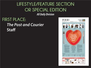 LIFESTYLE/FEATURE SECTION
OR SPECIAL EDITION
AllDailyDivision
FIRST PLACE:
The Post and Courier
Staff
Betsy Harper
and Ashley Starkey
Lindsay Coleman
and Eric Gold
Arlene Felipe
and Jeff Feinman
Karen Ann Myers
and J.R. Simpson
The daters
321 4
BY HANNA RASKIN
hraskin@postandcourier.com
S
ince online dating became the main-
stream way to find a mate, singles have
been forced to agonize over exactly how
to present themselves to potential suitors.
Should they emphasize their vintage kite
collections? Or disclose an abiding love for
table tennis?
And with so many details available up
front, they also have to settle on the charac-
teristics they’re seeking, since it’s perfectly
reasonable these days to narrow down a field
of eligible bachelors to 5-foot-8-inch men
who grew up in Nebraska, speak a smat-
tering of Mandarin Chinese and scale tall
peaks on the weekends.
The problem with approaching love this
way is there are plenty of intrinsic qualities
that aren’t well represented by heights and
hobbies. All of those things can potentially
distract from figuring out a person’s true
nature, as someone who’s gone on countless
bad dates with mountain bikers can attest.
So where to look for better clues? Allow me
to suggest the palate.
To be clear, there is zero science back-kk
ing me up on this. But I firmly believe thatff
it’s indicative of something when a person
can’t stand spice or insists on adding salt to
everything on the table, including a pint of
cold beer. We can pretend to love ballroom
dancing or the Atlanta Hawks for at least a
little while, but just try foisting uni custard
on someone who starts the day with Crispix
and ends it with a Nestle Crunch.
Survey says …
I don’t know if it’s nature or nurture that
dictates whether an eater likes her food
served cold or hot. I suspect most food pref-ff
erences are probably a combination of the
two, arising from the genetics of flavor per-
ception and cultural biases. And that’s what
makes it a pretty good way of accessing our
essential selves.
Hang on, you’re saying. I’ve been married
to my beloved for 46 years, and we never
order the same thing at a restaurant. But that
Please see LOVE,Page D5
Contact: Teresa Taylor, ttaylor@postandcourier.comPOSTANDTT COURIER.COM
FOODWednesday, February 11, 2015D1
Canyour
tastebuds
leadto
love?
In anticipation
of Valentine’sVV Day,aa
we set up four pairs
of diners based
on their palates.
See which onescc
hit it off.
See pages D6-7
PHOTOGRAPHS BY GRACE BEAHM/STAFF AND DREAMSTIME
ComingThursday
Restaurant Review:
TaTT vern & TaTT ble
Charleston Scene
The survey
This survey (on a scale from 1-10) was given to our daters. See their responses on Pages D6-7. Also, try taking the survey with your significant other at surveymonkey.com/s/6GDKFFX
TemperatureTT
Cold (1).............................................Hot (10)
TextureTT
Creamy (1)y ...................................Crispy(10)
Spice
Bland (1)........................................ Spicy(10)
Funk
None (1) ...........................................Lots(10)
Sweetness
Very sweet (1)....................Not sweet(10)
Saltiness
Unsalted (1) .........................Very salty(10)
Body
Light (1)........................................Heavy(10)
Choice 1: Lobster or Steak
Choice 2: Foie Gras or Caviar
Fresh
Strips
Simply stick onto open
packages to keep things fressh!
Re-usable, and easier to sttore
than bulky bag clips.
Available
in multiple
designs
$
599
(set of 16)
Belle Hall Shopping Center
644-J Long Point Road
Mt. Pleasant • (843) 856-4321
Open 7 days a week
TheCoastalCupboard.com
kitchengadgetOF THE WEEK FOR YOURValentine
Only
$
1599
Only
$
1799
2 PC
$
299
9 PC
$
1199
Cook • Decorate • Entertain • Give
Cook • Decorate • Entertain • Give
Prices
Vary Priceless Prices Vary
Spoil them :)
NEW Wine-
Glass Jewelry
Collection
Woodford
Reserve
Bourbon
Trufﬂes
Box Of
Coastal
Cupboard
Chocolate
Trufﬂes
Woodford
Reserve
Bourbon
Caramels
A Coastal
Cupboard
Gift Card
(WithaBoxOf
Truﬄes)
Jack
Rudy’s
Bourbon-
Soaked
Cherries
TheLowcountry’s
MostCompleteKitchenStore!
R60-1277377
 