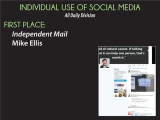 INDIVIDUAL USE OF SOCIAL MEDIA
AllDailyDivision
FIRST PLACE:
Independent Mail
Mike Ellis
 