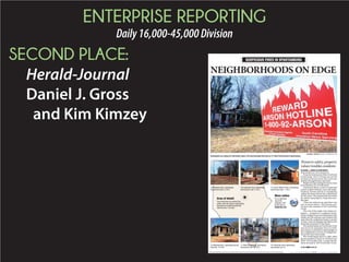 ENTERPRISE REPORTING
Daily16,000-45,000Division
SECOND PLACE:
Herald-Journal
Daniel J. Gross
and Kim Kimzey
By DANIEL J. GROSS and KIM KIMZEY
daniel.gross@shj.com, kim.kimzey@shj.com
From the front porch of his Overbrook
Circle home, Terry Vernon can see the
burned-out house across the street and
another damaged house next door.
Bright red signs asking for tips in arson
investigations are on both lawns.
Concerned about a rash of suspected
arsons in Spartanburg’s west side neigh-
borhood, Vernon said he is considering
selling the house that he has called home
for ﬁve years. The potential threat to both
his safety and property value also trou-
bles him.
“That one woke me up, and there was
just so much smoke,” said Vernon, ges-
turing to the remnants of 107 Overbrook
Circle.
The roof of the single-story home col-
lapsed — claimed by a suspicious blaze.
Icicles dripped from eaves blackened with
smokeovertheentrancenowmarkedwith
signs that the condemned house is unsafe
to enter. Charred shingles and debris also
dotted the perimeter of the house.
The burned homes on Overbrook Circle
are two of six suspicious fires in a half-
mile radius, a rash that is shining light on
the complexities of arson investigations.
No arrests have been made.
The streak began April 12, 2014, when
ﬂames engulfed a house at 120 Westview
Blvd. Two months later, a single-family
home burned at 102 Overbrook Circle.
Threat to safety, property
values troubles residents
NEIGHBORHOODS ON EDGE
SUSPICIOUS FIRES IN SPARTANBURG
MICHAEL JUSTUS/MICHAEL.JUSTUS@SHJ.COM
Investigators are asking for information about a fire that destroyed this home at 111 West Victoria Road in Spartanburg.
111 West Victoria Road, Spartanburg
burned down Dec. 27, 2014.
120 Westview Blvd., Spartanburg
burned down April 12, 2014.
107 Overbrook Circle, Spartanburg
burned down Jan. 21.
102 Overbrook Circle, Spartanburg
burned down June 17, 2014.
115 Westview Blvd., Spartanburg burned
down Dec. 18, 2014.
751 John B. White Sr. Blvd., Spartanburg
burned down Sept. 11, 2014.
More online
For an interactive
map of the
properties, click
on this story on
GoUpstate.com.
adctoria Ro
27
0
n
rg
o
Area of detail:
There have been six unsolved fires
within a half-mile radius in Spartanburg.
Spartanburg Fire Marshal Brad Hall
calls the area a “hot zone.”
◆ SEE FIRES PAGE A9
 