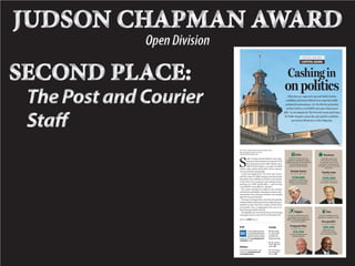 Frequent flier
Rep. Alan Clemmons
$14,700
OntripsincludingIsrael
andNewOrleans
Please see MONEY,Page A7
Gas guzzler
Sen. Kent M. Williams
$20,200
Oftengassedup
hisSUVtwoorthree
timesaweeksince2009
Doyoubelievelawmak-kk
ersshouldbeallowedto
writeandenforceethics
rulesformembersofthe
legislature?Gotopostandcourier.
com/pollstovote.
To search the data and to read
more, go to postandcourier.
com/capitol-gains.
Rules allow
S.C. Gov. Haley
to enjoy free
passes to col-
lege games, A7
The political
ATM: what they
spent, A8
Is lawmakers’
pay enough to
live on? A9
Poll
Online
Inside
GiftsG
At least $177,000 spent by
legislative campaigns on gifts
ranging from flowers for birthdays
to Christmas ornaments,
jewelry and silk neckties
GasG
At least $139,000 spent by
legislative campaigns on gas.
FlightsF
At least $110,000 was spent
by legislative campaigns on
flights, including baggage fees
and travel insurance.
Senate Santa
Sen. Hugh Leatherman
$109,000
In presents, mostly items
labeled “constituent gifts”
or Christmas ornaments
Business
Lawmakers spent tens
of thousands of dollars
in campaign cash to hire
each other’s companies for
consulting services, print jobs
and more.
Family man
Rep. Rick Quinn
$105,000
In work he sent to his
or his father’s companies
FILE/AP
SPECIAL REPORT
CAPITOL GAINS
Ethics laws are supposed to prevent South CarolinaEE
candidates and elected officials from using their public
positions for personal gain. So why did they go hunting
and buy God Pros, a used BMW and male enhancementW
pills? An investigation by TheTT Post and Courier and CenterPP
for Public Integrity exposes the cash machine candidates
and elected officials have at their fingertips.
BY TONY BARTELME and Rd ACHEL BAYEAA
tbartelme@postandcourier.com
rbaye@publicintegrity.org
S
outh Carolina elected officials and candi-
dateshavewhatamountstoapersonalATMAA
that dispensed nearly $100 million since
2009 for such things as car repairs, football
tickets, male-enhancement pills, GoPro cameras,
overseas junkets and gasoline.
A joint investigation by The Post and Courier
andtheCenterforPublicIntegrityalsofoundstate
lawmakers and candidates used this cash machine
to hire their own companies, pay parking tickets,
purchase an AARP membership — and even buy
a used BMW convertible for “parades.”
The money funding this political cash machine
comesfromcandidates’campaignaccounts,reim-
bursements from state government and outright
gifts from special interests.
Theinnerworkingsofthiscashnetworktypically
remain hidden unless prosecutors subpoena ques-
tionable receipts and other evidence locked away
from public view, as happened in the case of ex-
House Speaker Bobby Harrell.
TheRepublican’sconvictionlastyearformisusing
campaign money to pay for his private plane left
 