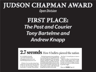 BY ANDREW KNAPP
and Td ONY BARTRR ELME
aknapp@postandcourier.com
tbartelme@postandcourier.com
A blink of an eye takes about four-
tenths of a second. From the first shot
to the last, the shooting of WalterWW L.
Scott took 2.7 seconds. Seven blinks.
Thisbriefmomentintimewouldhave
acascadingeffect:Scottgrabbedhisleft
sideandcrumpledface-firstontoapatch
of grass; Michael T. Slager, the North
Charlestonpoliceofficerwhoshothim,
loweredhispistol;FeidinSantana,onhis
way to work, finished capturing it all
on his phone camera, video that would
bring these seconds to the world.
But that 2.7-second space in time is
deceptive.
Expertsinofficer-involvedshootings
say they usually happen after a chain
of events, each link leading to another
until the one where an officer decides
to pull the trigger.
2.7 seconds How 8 bullets pierced the nation
Please see SECONDS,Page A9
 