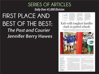 SERIES OF ARTICLES
DailyOver45,000Division
Students at North Charleston High are keenly aware of how many students avoid attending their school. TJ Levine, Kahleb Parks and their varsity basketball team-
mates peer from the locker room door before a playoff game against Bishop England High School. Despite shriveling enrollment, North Charleston won the game.
THESERIES
TODAY: Like many,
Maurice Williams lacks
home stability.
THURSDAY: Romulus
Townes is among throngs
who come and go yearly.
FRIDAY: Chenelle Perry
endures the aftermath of
street violence.
SATURDAY: Tyrek Moody
seeks a brighter future
after his arrest.
SUNDAY: A lack of school
options won’t derail Noah
Johnson.
COMING AUG. 29-30:
Burke High struggles
to draw students as
downtown gentrifies. Please see SCHOOLS,Page A8
T
HE FIRST BELL rings in 10 minutes, but no cars
line the road outside to drop off students. While
otherschoolsclogmajorthoroughfareswithtraf-ff
fic, a lone car pulls up to North Charleston High
everyfewminutesforadrowsyteentorollout.TwoparkTT
in the entire student lot.
The rest ride school buses or walk. Several arrive on
CARTAbuses.TT Theydon’thavecars.Mostoftheirfamilies
don’teither.Virtuallyallqualifyforthefreeandreduced-
price breakfast being cooked inside, with its aroma of
warmeggswaftingfromthecafeteriadoors,ahomeyhello.
Anthony Ludwig’s door swings shut for first-period
psychology class. It’s just past the winter break and into
the chilly slog toward spring. A young guy from Philly,
Ludwig grabs a thermos of coffee to begin laps around
the perimeter of the classroom, bullhorn voice explain-
ing life’s stages.
“Memory and intelligence are affected by age. That’s
why you’re in school right now!” Ludwig booms. Unless
they fry their brains with weed, booze or crack, he adds,
those mental faculties should remain just as strong until
their 60s.
A dozen teens, each embodying what this school now
faces, sit rapt. Or asleep.
Up front, senior Noah Johnson pens precise notes. He
usedtotransferouttoWestAshleyHighunderNoChild
Left Behind, a federal law that let students flee “failing”
schools. But when that busing ended a few years ago, his
single mom had no car to drive him. So he came here,
not wanting to.
Story by JENNIFER BERRY HAWES | The Post and Courier | Photographs by GRy ACE BEAHM
Kids with toughest hurdles
stuck in gutted schools
Choice options steal top students and resources, giving low-income teens
like those at North Charleston High far fewer chances for success
Once a powerhouse Class
AAAA school, North Charleston
High can barely field sports
teams anymore. Half of its class-
rooms sit empty. Saddled with
a reputation for fights, drugs,
gangs and students who can’t
learn, middle-class families no
longer give it a chance.
This is the unintended conse-
quence of school choice.
Two-thirds of students in
its attendance zone now flee
to myriad magnets, charters
and other school choices that
beckon the brightest and most
motivated from schools like
this one.
But not all can leave, not
those without cars or parents
able to navigate their complex
options. Concentrated poverty
is left behind. So is a persistent
“At Risk” rating from the state.
Today The Post and Courier
starts a five-day look at North
Charleston High through the
eyes of five students tethered
to a world of dwindling dreams.
FirstwemeetMauriceWilliams,
a 14-year-old grappling with a
deadly infection just months
after moving in with his
20-year-old half-sister, barely
out of the foster care system
herself.
The unintended
consequences of
school choice
Chapter 1
LEFT
BEHIND
 