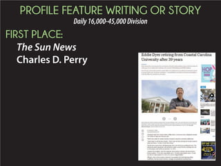 PROFILE FEATURE WRITING OR STORY
Daily16,000-45,000Division
FIRST PLACE:
The Sun News
Charles D. Perry
 