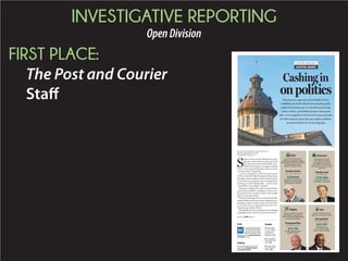 INVESTIGATIVE REPORTING
OpenDivision
FIRST PLACE:
The Post and Courier
Staff
Frequent flier
Rep. Alan Clemmons
$14,700
OntripsincludingIsrael
andNewOrleans
Please see MONEY,Page A7
Gas guzzler
Sen. Kent M. Williams
$20,200
Oftengassedup
hisSUVtwoorthree
timesaweeksince2009
Doyoubelievelawmak-kk
ersshouldbeallowedto
writeandenforceethics
rulesformembersofthe
legislature?Gotopostandcourier.
com/pollstovote.
To search the data and to read
more, go to postandcourier.
com/capitol-gains.
Rules allow
S.C. Gov. Haley
to enjoy free
passes to col-
lege games, A7
The political
ATM: what they
spent, A8
Is lawmakers’
pay enough to
live on? A9
Poll
Online
Inside
GiftsG
At least $177,000 spent by
legislative campaigns on gifts
ranging from flowers for birthdays
to Christmas ornaments,
jewelry and silk neckties
GasG
At least $139,000 spent by
legislative campaigns on gas.
FlightsF
At least $110,000 was spent
by legislative campaigns on
flights, including baggage fees
and travel insurance.
Senate Santa
Sen. Hugh Leatherman
$109,000
In presents, mostly items
labeled “constituent gifts”
or Christmas ornaments
Business
Lawmakers spent tens
of thousands of dollars
in campaign cash to hire
each other’s companies for
consulting services, print jobs
and more.
Family man
Rep. Rick Quinn
$105,000
In work he sent to his
or his father’s companies
FILE/AP
SPECIAL REPORT
CAPITOL GAINS
Ethics laws are supposed to prevent South CarolinaEE
candidates and elected officials from using their public
positions for personal gain. So why did they go hunting
and buy God Pros, a used BMW and male enhancementW
pills? An investigation by TheT Post and Courier and CenterPP
for Public Integrity exposes the cash machine candidates
and elected officials have at their fingertips.
BY TONY BARTELME and Rd ACHEL BAYEAA
tbartelme@postandcourier.com
rbaye@publicintegrity.org
S
outh Carolina elected officials and candi-
dateshavewhatamountstoapersonalATMAA
that dispensed nearly $100 million since
2009 for such things as car repairs, football
tickets, male-enhancement pills, GoPro cameras,
overseas junkets and gasoline.
A joint investigation by The Post and Courier
andtheCenterforPublicIntegrityalsofoundstate
lawmakers and candidates used this cash machine
to hire their own companies, pay parking tickets,
purchase an AARP membership — and even buy
a used BMW convertible for “parades.”
The money funding this political cash machine
comesfromcandidates’campaignaccounts,reim-
bursements from state government and outright
gifts from special interests.
Theinnerworkingsofthiscashnetworktypically
remain hidden unless prosecutors subpoena ques-
tionable receipts and other evidence locked away
from public view, as happened in the case of ex-
House Speaker Bobby Harrell.
TheRepublican’sconvictionlastyearformisusing
campaign money to pay for his private plane left
 