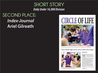 SHORT STORY
DailyUnder16,000Division
SECOND PLACE:
Index-Journal
Ariel Gilreath
CIRCLEOFLIFE
PHOTOS BY MADDY JONES | INDEX-JOURNAL
Ware Shoals Primary School students hold out their hands to high-five the seniors of the graduating class of 2015 Friday morning.
The Ware Shoals High School Class of 2015 walks the halls of their old primary
school as students cheer and high-five them Friday morning.
Ware Shoals High seniors return where they began
W
are Shoals High School’s gradu-
ating seniors walked the halls of
Ware Shoals Primary School on
Friday morning in their purple
caps and gowns as a reminder of
where they began.
Most students at the high school started their edu-
cation at Ware Shoals Primary School and continued
through Ware Shoals schools until they end their
K-12 education at the high school graduation.
Ware Shoals Primary School kindergarten teacher
Donna Jones remembers all of the graduating stu-
dents she had in her kindergarten classes 13 years
ago, and one of them, Nathaniel Lowe, invited her to
his golf signing with Montreat College.
“It just seems like yesterday when they were this
little,” Jones said. “I see them come through and I’ve
lost contact with some of them because when they
went to junior high and all, but they always come
back I have several that come back throughout the
year to visit.”
Jones said Lowe never forgot her even while he was
By ARIEL GILREATH
agilreath@indexjournal.com
See CIRCLE, page 3A
 