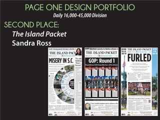 PAGE ONE DESIGN PORTFOLIO
Daily16,000-45,000Division
THIRD PLACE:
The Herald
Kate Sievers
+
ROCK HILL, S.C. 75 CENTSheraldonline.comTHURSDAY, JANUARY 29, 2015
FRIENDSHIP NINE
SPECIAL EDITION
Today’s
weather
Partly cloudy.
Forecast on 6B
Index
Opinion .............5A Classifieds........4D
Sports...............1C Comics..............5B
Your Money.......1D People...............2A
TV / Movies......2D Advice/puzzles.2D
Vol. 144, No.29
52°⁄ 36°
Local deaths
Ollie S. Blackwell
Velma Colley
Joe Daves Jr.
Jack B. DeVinney Sr.
Ted K. Greer
Wilma Hayes
Mildred S. Lane
John L. Massey
Mattie C. McDaniel
Elizabeth G. McWaters
Vernie Merritt
Jeanette Pomnitz
James Vick
Details on 2B
Register for free at
dealsaver.com/rockhill824 N. Main Street
Clover, SC 29710
(803) 610-0022
at
Pop Pop’s Pizza!
Like us on Facebook
http://www.facebook.com/dealsaverrockhill
POP POP’S PIZZA
I
t seemed the world stopped to
watch Wednesday as Rock
Hill and South Carolina took a
few minutes to right a wrong that
had festered on a dusty old court
record for more than a half-cen-
tury.
In 1961, nine black Friendship
Junior College students and a
civil rights organizer sat down at
a whites-only lunch counter to
protest racial segregation. They
were literally carried off to jail
and convicted of trespassing.
In time, the actions of the
Friendship Nine would be recog-
nized as heroic.
But for 54 years, the state of
South Carolina still called them
criminals.
That changed on Wednesday,
when a judge vacated their con-
victions and a prosecutor apol-
ogized on behalf of an entire
state for the injustice that had
been visited upon them.
Finally, justice
- TRACY KIMBALL
Clarence Graham of the Friendship Nine becomes emotional Wednesday after the civil rights protesters’ 1961 convictions were vacated by Circuit Court Judge John Hayes.
AFTER 54 YEARS, FRIENDSHIP NINE CONVICTIONS VACATED
- ROB UPTON
The surviving members of the Friendship Nine and other civil rights protesters whose
1961 convictions for trespassing were vacated Wednesday by a judge. From left, David
Williamson Jr., Kenn Gaither (standing in for his father, Thomas Gaither), Mack Work-
man, Willie McCleod, John Gaines, Clarence Graham, W.T. Massey, Charles Jones,
Charles Sherrod and James Wells (seated).
Convictions vacated
The surviving members of the Friendship
Nine waited 54 years to hear the word
“dismissed,” and it was the nephew of the
judge who sent them to jail who spoke it.
Page 6A
Andrew Dys
The Friendship Nine finally get justice, and
we are all better for it. Even with the nation-
al and international spotlight shining on
them, these men remind us what humility
and service are all about. Page 6A
A quiet reunion
As a media frenzy raged in the background
Wednesday, the white lawyer who helped
prosecute the Friendship Nine in 1961 quietly
shook hands with the black attorney who
defended them. Page 4A
Were we too timid?
Today’s editorial takes a look back at how
our predecessor, The Evening Herald, might
have pulled its punches when opining about
civil rights protesters and segregation. Or
did we? Page 5A
Much more online
Go to heraldonline.com to see more of the
historic day in videos and photograph galleries,
read our previous Friendship Nine coverage
and watch a 50th anniversary documentary.
+
ROCK HILL, S.C. $1.25heraldonline.comSUNDAY, MARCH 1, 2015
SERVING YORK m CHESTER m LANCASTER COUNTIES
INSIDE TODAY
More than
$
280in savings
Today’s
weather
Rain likely.
Forecast on 6B
Index
Opinion ...........2D
Sports.............1C
Viewpoint ........1D
TV / Movies....7C
Vol. 144, No.60
37°⁄ 36°
Local deaths
Ruby Brown
William Buddin
Margaret Butler
Geraldine Campbell
Viola Morris
Hazel Rhodes
Judy Whitaker
Details on 2B
David Hambright
Frank Hicks Jr.
Billy Hubbard
Darlene Hyatt
Alonzo Mackey
Michael Carnes
Dwayne Collins
Marvin Douglas
Elizabeth Farrell
Vera Hall
LANCASTER GIRLS WIN UPPER STATE
Sports
Clowney’s football future?
Sports
Register for free at
dealsaver.com/rockhill
803-524-1023
Serving all of York County
(A $180 Value!)
Like us on Facebook
http://www.facebook.com/dealsaverrockhill
Where Magic Comes at a Small Price!
On Oakland Avenue, just a
few hundred yards from the
president’s house at Winthrop
University, sits the one, and
only, Varsity Restaurant.
It is so southern a tree once
grew inside the place. The
Varsity has been owned and
run for a thousand years by
Roy Russell and his wife,
Darlene.
“If this was Wisconsin, the
person pouring the coffee
would be named Helen,” said
Russell. “But this is the
South and Darlene is here
and she decides what is what
and that’s all there is to that.”
On the menu many days is
creamed taters. No potatoes.
Taters.
“Been here 63 years – I
know Southern,” Russell
says.
Maybe nowhere else in
America, or the world, other
than Winthrop, must a po-
tential college president have
a knowledge of the South and
its culture. The school’s
trustees are requiring that
knowledge for its next presi-
dent, who will replace the la-
dy they fired because she
was, apparently, too un-
Southern. Jamie Comstock
Williamson was allegedly a
demanding sort who wanted
people to actually work.
There also was an allegation
of her husband making mon-
ey as a part-time employee.
So these trustees want
Southern-ness. There may as
well be a sign on Oakland
Avenue between the Varsity
and the school: “Yankees
need not apply.”
Winthrop:
Southern
culture
required
Columnist
Andrew Dys
SEE DYS, PAGE 4A
YORK Rice flew, kids rushed
around with plastic tubs and the
calls of “Runner! Runner!” rever-
berated across the gym at Trinity
United Methodist Church in York
Saturday morning as dozens of vol-
unteers worked quickly to assemble
20,000 meals to help feed hungry
people across the globe.
The event was the coordinated
effort of six York-area Methodist
churches and Stop Hunger Now, a
Raleigh, N.C.-based organization
that works with community groups
to prepare meals that are shipped to
areas in need around the world.
This is the second year Trinity
UMC hosted a Stop Hunger Now
meal-packing event, volunteer
Diane Payne said. Last year’s event
was such a success, Trinity UMC
decided to do it again and add five
other churches.
The churches had to provide
about $6,000 in funding , the
volunteers and some tables, she
said. Stop Hunger Now provided
the rest.
A Stop Hunger Now event is
about more than filling bags with
vitamins, minerals, rice, soy and
vegetables, said event coordinator
Barry Kelly.
“One of the main points is
partnering with our programs that
are overseas and absolutely having
an impact there and here with the
community,” he said.
In addition to filling a need, the
volunteers are having fellowship
with one another, Kelly said. That
good will is then carried to the
communities where the meals go,
because the people are then able to
make a better life for themselves.
Stop Hunger Now has sent more
than 12 million meals to disaster
areas and developing countries. A
York churches pack 20,000
meals for hungry communities
By Rachel Southmayd
rsouthmayd@heraldonline.com
RACHEL SOUTHMAYD - rsouthmayd@heraldonline.com
Volunteers Kenny Jones, Raegan Harvey and Rite Munn organize
meals Saturday to be packaged and shipped to impoverished places
across the world by aid-group Stop Hunger Now. SEE CHURCHES, PAGE 4A
V
oters in the Rock Hill and Fort Mill school districts will
be asked May 5 to approve borrowing hundreds of
millions of dollars to renovate and build new schools.
In Fort Mill, officials say new schools are needed to
deal with rapid residential
growth. In Rock Hill, where
growth is slower, officials hope
upgrading several schools will
stave off the need to build more.
Here’s a primer:
About bond financing
Mike Gallagher, a financial adviser at Compass Municipal
Advisors in Columbia, is working with both school districts.
He answered some basic questions about bond financing:
What is a bond?
A bond is a method of financing similar to a loan. It’s
chopped up into $5,000 increments which are due each
year and sold to different investors across the country.
How are bonds issued?
Bonds are sold competitively. Investors bid on them
and the lowest bidder is awarded the bonds.
Who buys bonds?
Anybody looking for an investment. Because
of how large the school bonds are, they will be
broken down into individual maturities and
sold separately.
When are the bonds paid back?
Both Rock Hill and Fort Mill’s bonds will
be repaid over 20 years.
Why do school districts use bonds?
School districts use bonds because they provide the lowest
cost of capital due to their tax-exempt status.
Rock Hill
Amount: $110 million
Tax increase: None
Projects: Safety and energy
upgrades, structural updates,
buses, technology, remodeling
existing buildings and a new
elementary school, among other
projects.
Bond committee members:
Wayne Wingate, Todd Lumpkin,
Andy Shene, John Gettys, Melvin
Poole, Sig Huitt
Ready to vote?
Who can vote: Registered voters who live in the Fort Mill or Rock Hill school districts.
Check your registration status at scvotes.org.
Not registered? You need to register with the York County Department of Voter
Registration and Elections in person by April 3 or online or via mail by April 4.
Voter turnout: County elections director Wanda Hemphill says fewer voters typically
vote in referendums not held during general elections. In the last York County school
bond referendum, in Clover in March 2014, about 19 percent of registered voters turned
out. Just 10 percent of registered voters cast ballots in the last Fort Mill referendum in
April 2013. By comparison, the 2014 general election saw about 39 percent voter
turnout, and 70 percent of voters came out for the last presidential election in 2012.
School Bond101
ROCK HILL, FORT MILL VOTERS TO DECIDE WHETHER TO BORROW MILLIONS
Fort Mill
Amount: $226.8 million
Tax increase: Yearly increase
of $120 per $100,000 of assessed
value
Projects: A new high school,
middle school, aquatics center,
training center, buses and
improvements to existing
buildings, among other projects.
Committee members: Sharyn
Lewis, Brian Murphy, Kristy
Spears, Leigh Van Blarcom
By Rachel Southmayd
rsouthmayd@heraldonline.com
SATURDAY, NOVEMBER 7, 2015 75 cents VOLUME 144, No. 311
STAY CONNECTED HERALDONLINE.COM
FACEBOOK.COM/THEROCKHILLHERALD
TWITTER.COM/RHHERALD
SERVING YORK, CHESTER
AND LANCASTER COUNTIES
TOP STORIES
STAY CONNECTED
SPORTS
Northwestern routs
Gaffney for region title
PAGE 1B
SPORTS
York wins rivalry game
with Clover 35-3
PAGE 1B
Deaths..........6A
Opinion ........7A
Sports ...........1B
Classified ......6B
Business........5B
Mary B. Putnam
Ron Rickel
Alton D. Rickman
Connie L. Smith
LOCAL DEATHS
Brenda W. Gibson
Clyde A. Moore
John W. Porter
Perry M. Smith
Henry W. Varnadore
Frances C. Wright
Cloudy, storms
74°/51°See 2C
DEMOCRATIC PRESIDENTIAL FORUM AT WINTHROP UNIVERSITY
What did the candidates say? 2A
What was the ‘spin’ afterward? 3A
What was it like inside Byrnes? 3A
Videos, photos  more heraldonline.com
ROCK HILL
The Winthrop Uni-
versity campus was slight-
ly busier than a typical
Friday as it hosted the
“First in the South” Dem-
ocratic presidential forum,
broadcast live on MSNBC.
Metal guard rails lined
the walkway leading to
Byrnes Auditorium, and
about 80 yards away, a
blue and white sign
proclaimed: “Line begins
here.”
As the day wore on,
more and more people
arrived on campus, many
of them toting signs
proudly reflecting which
of the three Democratic
candidates they support-
ed.
By nightfall, when the
TV lights went up for the
live broadcast of “Hard-
ball,” with host Chris
Matthews, the crowds had
grown rowdier – some to
the point of having to be
called down by MSNBC
security during the show.
“We need to show the
South how much support
she’s got here in South
Carolina,” said Debbie
Gudenas, the Hillary
Clinton campaign’s neigh-
borhood team leader for
York County. “We’re
gonna be organizing the
Hillary folks to have a
great time.”
Some supporters of
Bernie Sanders already
were having a great time.
About two dozen students
and Charlotte residents
arrived on campus around
lunchtime. They could be
seen – and heard – walking
around campus, holding
up “Bernie” signs and
voicing their support for
the Vermont senator.
Two Sanders supporters
swapped high-fives as they
passed each other in front
of Byrnes, belting out the
popular phrase that was
plastered on many T-shirts
worn by his supporters:
“Feel the Bern!”
Both camps stayed on
campus for hours, gather-
ing behind the makeshift
set of “Hardball,” which
Matthews hosted live
outside Byrnes leading up
to the 8 p.m. forum inside.
“We know there’s gon-
na be a lot of people in the
crowd cheering for Hill-
ary, but it’s kind of manu-
factured,” said Rebecca
Waldkirch, a student at
East Carolina University.
“We’re a new generation
of politically informed
people, and we want to get
millennials involved in
politics.” Millennials are
generally considered peo-
ple born after 1980.
‘EXCITING JUST TO BE
HERE’
Alexis Culbertson, a
Winthrop graduate stu-
dent, stopped to take pic-
tures of the growing row
of TV trucks parked beside
the Lois Rhame West
Health, Physical Educa-
tion, and Wellness Center,
which served as the tem-
porary working quarters
for the scores of reporters
and photographers who
descended on Rock Hill to
cover the forum.
“It’s something new for
the campus,” she said.
“They haven’t experi-
enced something quite
like this before. It’s got
everybody really excited.”
Genesis Doster, 24, a
senior from York, called
the forum a “once-in-a-
lifetime event” for Win-
throp and York County.
One of the earliest arriv-
als Friday, Chester City
Councilwoman Angela
Douglas, said she was
“thrilled” to be part of the
forum.
“It is exciting just to be
here and be part of some-
thing so important,” said
Douglas, who taught polit-
ical science at the
University of North
Carolina at Wilmington.
Michael McCove of Fort
Mill was another early
arrival at the Winthrop
Coliseum, where the lucky
3,400 who got tickets to
attend the forum had to
pick up their tickets. He,
too, said he was “excited”
to see and hear the candi-
dates.
Even the bus drivers
shuttling people from the
coliseum parking lot to
Byrnes Auditorium were
thrilled to be a part of
history.
“To be here, in my
DEMOCRATIC PRESIDENTIAL FORUM AT WINTHROP
Winthrop campus overrun
with Democrats, excitement
. ..................................................................................................................
It was not a typical Friday on the Rock Hill campus,
with heavy police and media presence
. ..................................................................................................................
Candidates’ supporters made their voices heard,
parading signs as they strolled around
. ..................................................................................................................
Crowds got a bit rowdy at times, but police reported a
smooth day, only one arrest
. ..................................................................................................................
Herald staff
ANDY BURRISS aburriss@heraldonline.com
Supporters for Hillary Clinton and Bernie Sanders hold signs outside Byrnes Auditorium.
SEE DEMOCRATS, 5A
DEMOCRATIC PRESIDENTIAL FORUM
Big night on campus
MSNBC trains national spotlight on Winthrop University, Rock Hill and South Carolina
BRISTOW MARCHANT bmarchant@heraldonline.com
The Winthrop University campus took on a whole new look Friday evening as the national spotlight shone on the Democratic presidential forum.
MOREINSIDE
Presidential race enters new phase for
Democrats. 2A
MOREINSIDE
Some tough questions, but many were
dodged. 2A
MOREINSIDE
Winthrop was a winner with Democratic
forum. 3A
MOREINSIDE
A full page of photos from throughout the
day. 4A
MOREINSIDE
What was that Republican doing on
campus? 5A
 