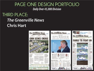 PAGE ONE DESIGN PORTFOLIO
DailyOver45,000Division
HONORABLE MENTION:
The State
Elissa Macarin
‘I can’t move my legs’
S
itting in her wheelchair, Martha
Childress told a jury Tuesday she
had no idea what was happening
the night she was shot in Five
Points while waiting for a cab.
“All of a sudden, I heard this really loud
noise, and I’m not really sure what it was,
and I just fell to the ground,” Childress
said, testifying in the trial of Michael Juan
Smith.
Smith is charged with attempted murder
and five weapons violations in the early
morning Oct. 13, 2013, shooting that left
Childress, then a freshman at the Uni-
versity of South Carolina, paralyzed from
the waist down.
The third witness called to testify, Chil-
dress grew tearful recalling holding out her
hand to a lifelong friend who was with her
and saying, “ ‘Ellison, I can’t move my
FIVE POINTS SHOOTING TRIAL
PHOTOGRAPHS BY TRACY GLANTZ tglantz@thestate.com
‘I heard this really loud noise, and I’m not really sure what it was, and I just fell to the ground,’ Martha Childress testifies Tuesday in Richland County circuit court.
BY JAMIE SELF
jself@thestate.com
SEE CHILDRESS, 7A
At thestate.com
Video of Martha Childress’ testimony and more
photos from the trial
Martha Childress gives emotional
account of being shot and losing
feeling in her legs
Defense attorney disputes
‘whose bullet’ was lodged in
‘poor girl’s spine’
Tuesday was first day of testimony in
Michael Juan Smith’s trial on attempted
murder, weapons charges
Defense
attorney
Aimee
Zmroczek sits
with her client
Michael Juan
Smith. Smith
is charged
with shooting
Childress in
2013.
WEDNESDAY AUGUST 12 2015 $1.00 VOL. 125TH, No. 176
STAY CONNECTED THESTATE.COM
FACEBOOK.COM/THESTATENEWS
TWITTER.COM/@THESTATE
USC: Freshman
Shameik Blackshear
starts with a clean
slate, 1B
Clemson: Tigers’
tight ends ready
to increase
production, 1B
AD Ray Tanner, who led the
Gamecocks to two national cham-
pionships, selected for college
baseball coaches Hall of Fame, 2B.
HALL OF FAME
TANNER JOINS ELITE
BASEBALL COACHES
PARTLY CLOUDY
92 70
FORECAST, 10C
TOP STORIES
FROM AROUND SC
75TH ANNIVERSARY
Villa Tronco marks
a milestone.
PAGE 1C
A HEFTY FINE
Three Richland County schools fined for
again releasing contaminated wastewater.
PAGE 3A
‘SO YOU THINK YOU CAN DANCE?’
Columbia’s Kate Harpootlian sent home,
thanks fans for an “incredible journey.”
PAGE 2A
Business 5B
Classfieds 6B
Comics 6-7C
Go Columbia 10C
Opinion 2C
TODAY’S
DEAL: $12 for
a 2 pack of
themed baby
bibs!
Get the deal of the
day at
dealsaver.com/
columbia
. Premier wholesale ware-
house retailer Costco has sub-
mitted revised plans for build-
ing its first Midlands store in
northwest Richland County.
The revised plans, submitted
to the Richland County Depart-
ment of Planning and Devel-
opment this week, are under
review, said Richland County
spokeswoman Beverly Harris.
“If the revised plans meet all
county regulations, they will be
approved and Costco can start
the process of development,”
Harris said.
The store would be built at
Piney Grove and Fernandina
roads near Harbison.
Costco, based in Issaquah,
Wash., has been courted by
Richland County shoppers for a
decade. The company long has
been viewed as a missing link
in the rising retail ranks of the
Midlands, a growing metropol-
itan area approaching 1 million
residents with $2.8 billion in
annual retail sales.
Costco’s projected entry into
the Midlands retail market
would be self-propelled, county
officials have said lately. Un-
like a previous overture to
locate in Richland County, no
county-provided financial in-
centives are connected to Cost-
co’s latest plans, Harris said,
Costco submits new
plans for Richland
warehouse store
BY RODDIE BURRIS
rburris@thestate.com
SEE COSTCO, 7A
TODAY’S DEAL: Columbia Classic Ballet company
$13 for $26 Ticket! Get the deal of the day at dealsaver.com/columbia.
MONDAY OCTOBER 5 2015 $1.00 VOL. 125TH, No. 230
STAY CONNECTED THESTATE.COM
FACEBOOK.COM/THESTATENEWS
TWITTER.COM/@THESTATE
TODAY: RAIN; FLOOD WARNINGS HI 67 LO 56
YESTERDAY: HI 71 LO 64 PRECIP. (as of 5 p.m.) 7.49”
FORECAST, 12C
TOP
SPORTS
STORIES
STAY
CONNECTED
CLEMSON
Saturday’s win over Notre Dame propels
Tigers to top 10 ranking
PAGE 1B
Classifieds 9C
Comics 7C
Go Columbia 12C
Obituaries 4C
Opinion 3C
A
slow-moving storm produced historic floods Sunday after
dumping more than a foot of rain in parts of Columbia.
The rainfall submerged low-lying traffic intersections,
washed away roads and flooded homes. Dozens of people
needed to be rescued by police and firefighters or were ferried to safety by
neighbors in boats. A mother and child were plucked off a rooftop in Rich-
land County by an S.C. National Guard helicopter, state Adjutant General
Robert Livingston said.
The deluge also caused several water
mains to break in the Columbia water
system, forcing many residents to lose
service, according to a news release from
the city. The worst-hit areas were down-
town Columbia and southeast Richland
County. Residents may be without service
for three to four days, the city said. Mean-
while, water customers with service in
Columbia, West Columbia and Blythe-
wood were advised to vigorously boil the
water for at least a minute before drink-
ing it.
Richland County Sheriff Leon Lott said
Sunday that city and county law enforce-
ment, as well as the Columbia Fire De-
partment, pulled hundreds of people out
of situations where they were endangered
by rising waters.
“And there likely have been thousands
of houses and homes and cars that have
had water damage,” Lott said.
While as much as 16.6 inches fell in
some areas around Columbia on Sunday,
officially more than 10 inches of rain was
counted at Columbia Metropolitan Air-
port on Saturday and Sunday, according
to the National Weather Service. That set
the 128-year-old record for two days (7.7
inches) and three days (8.4 inches). A
single-day record was set on Sunday at
almost seven inches.
Some areas around Columbia received
as much rain Sunday as the region ab-
sorbed in the past three months com-
bined, according to National Weather
Service data. Another inch or two of rain
was expected overnight.
The effects of the storm will linger
Monday as rivers and creeks remain swol-
len and streets flooded after the record
rainfall.
“It’s not over,” Gov. Nikki Haley said.
“We’re still in the middle of it.”
On Monday, schools and colleges, in-
cluding the University of South Carolina,
canceled classes. Government offices in
Richland and Lexington counties as well
Historic flood
ravages Midlands
Storm drenched Columbia area
with more rain than previous
three months combined
Rain will linger Monday
as crews try to assess
damage from flooding
Surges of water closed roads,
swelled rivers and creeks and
led to one death in Columbia
MATT WALSH mwalsh@thestate.com
Department of Natural Resources workers make a rescue in Forest Acres during Sunday morning's flood.
BY ANDREW SHAIN
ashain@thestate.com
GILLS CREEK
(Devine Street near Rosewood
Drive)
5.1 FEET
Sunday midnight
14 FEET
Major flood stage
17.1 FEET
Sunday 7 a.m.
9.4 FEET
Previous record from 1997
CONGAREE RIVER
IN COLUMBIA
(Near Gervais Street bridge)
13.6 FEET
Sunday midnight
22.8 FEET
Sunday 7 a.m.
30 FEET
Major flood stage:
31.7 FEET
Sunday 6 p.m.
33.3 FEET
Record from 1936SEE FLOOD, 10A
UPDATES ONLINE
For updated news, including closings, go
to thestate.com.
Also, while storm conditions and safety
considerations may delay Monday
delivery of The State in some areas, you
can read the news online at
thestate.com and you can view a replica
of the print edition by connecting to
thestate.com/e-edition.
INSIDE
Your house is flooded?
Now, what do you do? Some tips. 6A
Lexington County
Residents advised to evacuate from
riverbanks as utility opens Lake Murray
spillways, 7A
Closures
Most Midlands schools, governments will
be closed Monday, 7A
Richland County
Record rainfall turned normally quiet
Gills Creek into a roaring river, 8A
Forest Acres
Columbia suburb hit hard for second
time in a week, this time by rising water,
9A
South Carolina
Record floods Sunday shut down
hundreds of roads statewide, forcing
thousands to flee their homes or
vehicles, 10A
‘‘THERE WILL BE A LOT
OF INTEREST IN BEING
HELPFUL AND IN THE
COMMUNITY BINDING
TOGETHER TO MEET THE
IMMEDIATE NEEDS. BUT
A FLOOD RECOVERY
TAKES A YEAR OR TWO.
– Ralph Schulz, Nashville Area
Chamber of Commerce
B
efore the swollen Cumberland
River poured over the flood wall
next to the Gaylord Opryland
Resort, Colin Reed evacuated
the property, moving guests to a school
for shelter.
“At 10 p.m. that evening, there was 6
feet of water in the lobby of this hotel,”
Gaylord’s president and chief executive
said Friday of the May 2010 flood that
caught Nashville off guard. Worse than
forecasts predicted, the flood hit down-
town businesses and outlying residential
communities, causing $2 billion in dam-
ages.
“You could have heard a pin drop in
that room,” Reed said of the moment his
guests learned the hotel had flooded.
“They realized that if they had stayed in
that hotel, there was a lot of people
whose lives would have been at risk that
day. The next day, it was all about reme-
diation.”
Now, Reed and other Nashvillians are
having flashbacks in the wake of news of
the historic flooding that struck South
Carolina last weekend, killing more than
a dozen and causing hundreds of millions
of dollars in damages.
Five years after Nashville’s flood, Reed
and others also are recalling the strate-
gies they say helped speed their city’s
JEFF ROBERSON AP
This May 4, 2010, photo shows the Cumberland River overflowing its banks in downtown Nashville, Tenn. Top: The swollen Congaree River as it runs beneath the Gervais
Street Bridge, front, and the Blossom Street Bridge, background.
LESSONS
TO LEARN Nashville’s 2010 flood
experience could help
Columbia recover, rebuild
BY JAMIE SELF
jself@thestate.com
LESSONS
. ..........................................
Important
lessons
Advice for S.C. from
the Middle Tennessee
city hit hard by
flooding in 2010
CONVERT
FLOOD-PRONE
AREAS TO GREEN
SPACE
Banning future
development in flood
zones and creating
green space in
destroyed areas will
help reduce future
flooding and the
need for first
responders to rescue
residents.
HELP BUSINESSES,
RESIDENTS
REBUILD QUICKLY
Getting water and
power services back
on, clearing debris
and expediting
building permits
should be top
priorities.
REBUILD FOR
BIGGER STORMS
Look to cities that
have fared well for
tips on the best
stormwater systems.
Do not
underestimate the
intensity of future
coming storms.
PLAN AHEAD FOR
ANOTHER FLOOD
Disaster planning and
agreements detailing
the roles
organizations will
play after a disaster
will jump-start
recovery.
...........................................
DWAYNE MCLEMORE
dmclemore@thestate.com
SEE LESSONS, 6A
SUNDAY OCTOBER 11 2015 $3.00 VOL. 125TH, No. 236
STAY CONNECTED THESTATE.COM
FACEBOOK.COM/THESTATENEWS
TWITTER.COM/@THESTATE
Clemson routs Georgia Tech
behind Watson, defense, 1B
USC drops to 0-4 in SEC
with loss to No. 7 LSU, 1B
TODAY: PARTLY CLOUDY HI 71 LO 55
YESTERDAY: HI 75 LO 64 PRECIP. (as of 5 p.m.) 1.47”
FORECAST, 18C
TOP
STORIES
STAY
CONNECTED
PALMETTO
A big music week: Brad Paisley, Def Leppard,
Gladys Knight.
PAGE 1C
Business 16B
Classifieds 11C
Comics Inside
Go Columbia 18C
Opinion 2C
TODAY’S DEAL: Carolina Wings
$10 for $20 for lunch and dinner. Lexington, Red
Bank and Cayce locations only. Get the deal of the
day at dealsaver.com/columbia.
THE FLOOD OF 2015
One week ago today, after
hours of intense rainfall, an
obscure dam in northeast Rich-
land County cracked and broke,
blowing open a hole that sent
muddy water through the
earthen dike and down Jackson
Creek.
What happened next contrib-
uted to the worst flooding many
people have ever seen in Colum-
bia, authorities say.
As the cascade roared down
the creek, it spread onto Decker
Boulevard and into 56-acre Cary
Lake, where a dam was breaking
at about the same time, around
7:30 a.m., said Erich Miarka,
director of the Gills Creek Wa-
tershed Association. The ever-
increasing wall of water then
moved downstream, washing
out a local bridge, eroding an-
other dam and running into
Lake Katherine miles away.
Ultimately, neighborhoods
across Forest Acres flooded and
people fled the rising water in
boats.
“The ripple effects were felt,’’
Miarka said of the link between
the failed dams and flooding.
“You take out one little piece of
the foundation and everything
downstream feels it.’’
Now, as Columbia continues
to reel from the flood, questions
are being asked about whether
anything could have been done
to lessen the damage last week
and what should be done in the
future.
Tightening the state’s dam
safety inspection program — one
of the nation’s most poorly
funded — and beefing up dams
with sturdier construction mate-
rials are among the issues on the
table.
Also up for discussion is who
Aging dams raise questions
BY SAMMY FRETWELL
sfretwell@thestate.com
SEE DAMS, 16A
INSIDE
A Parts of South Beltline Boulevard
still have standing water.
Saturday, volunteers were there
to help, 3A
A Columbia’s tattered water system
is faring a little better, 3A
A A State newspaper staffer’s
personal story of survival on
Gills Creek, 11A
A Floods bring waves of calls for
home, business repairs, 16B
A SCOPPE: Generosity amid the
destruction, 2C
 