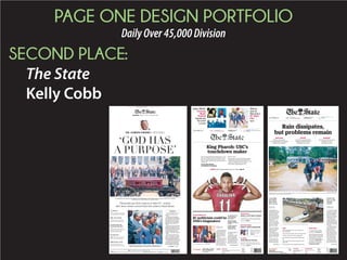 PAGE ONE DESIGN PORTFOLIO
DailyOver45,000Division
THIRD PLACE:
The Greenville News
Chris Hart
COLUMBIA – South Carolina finally
baskedinsunshineTuesday,butofficials
are painting a grim picture of damage
from rains and floods, including a death
count that rose to 15.
Nine people drowned and six have
died in traffic accidents related to the
storm system, which dumped historic
levelsofheavyrainacrossthestatefrom
the coast to the Midlands, according to
the state Department of Public Safety.
Four of those deaths occurred in the
Upstate, including two in Greenville
County.
Gov. Nikki Haley, who Tuesday morn-
ing took an aerial tour of areas affected
by flood waters, said the damage is
“heartbreaking.”
“What I saw was disturbing,” she said.
“It is hard to look at the loss that we are
going to have, but everything will be OK.
I have no doubt that South Carolina is
stronger today than yesterday. I have no
doubt that South Carolina will be strong-
er next week than this week. This is a
time of faith, of strength and taking care
of each other.”
Her comments came as officials dis-
closed the rains had produced 10 dam
failures in four counties, with others still
at risk of breach. An eleventh was re-
ported breached Tuesday night.
Five dams failed in Richland County,
three in Lexington County and one dam
failed each in Lee and Aiken counties.
Officials were aware last week of the
JANET BLACKMON MORGAN/AP
This aerial photo shows flooding around homes in the Carolina Forest community in Horry County, between Conway and Myrtle Beach. The Carolinas saw sunshine Tuesday after days of
inundation, but it could take weeks to recover from being pummeled by a historic rainstorm that caused widespread flooding and multiple deaths.
TIM SMITH II TCSMITH@GREENVILLENEWS.COM
See GRIM, Page 4A
GRIM SCENES EMERGE
Hundreds of bridges, roads still closed throughout
state as death count from rain, floods rises
WEDNESDAY,
OCTOBER 7, 2015
GREENVILLEONLINE.COM
$1.00
Daily
Abby..................4D
Area news........3A
Bridge...............4D
Business...........11A
Classifieds.........5C
Comics ..............5D
Crossword........4D
Lifestyle ............1D
Lotteries...........2A
Obituaries........8A
Sports.................1C
Stocks ..............11A
Television.........4D
U.S,/World ........1B
Voices..............10A
Weather ...........4C
INSIDE High 80
Low 60
www.greenvilleonline.com
Circulation hotline
800-736-7136
Classified Ads 298-4221
© Copyright 2015
Greenville News-Piedmont Co.
A Gannett Newspaper
139th year No. 230 •
32 pages
Printed on recycled paper.
DONALD TRUMP’S CANDIDACY RAISES NOVEL ETHICS QUESTIONS PAGE 1B
1,000-YEAR STORM: THE AFTERMATH
FATALITIES
Death toll continues to rise due
to rains and flooding in S.C..
CLOSURES
296 roads and 166 bridges
remain closed throughout state.
PORTS
Zero goods are moving to or from
the Port of Charleston by rail.
COLUMBIA - They litter South
Carolina’s flooded streets, high-
ways and parking lots: hundreds of
empty vehicles whose owners fled
them as the waters rose.
Some are overturned. Others
are standing straight up. As the
state begins recovering from its
historic flood, motorists are asking
insurers a common question: Is my
car covered for flood damage?
Vehicle owners who hold com-
prehensive coverage on their pol-
icies and homeowners who have
separate flood insurance will be
covered.
Others may have to look to the
federal government for assistance.
Drew Theodore, owner of Theo-
Car, home
insurance
hurdles
looming
TIM SMITH
TCSMITH@GREENVILLENEWS.COM
See INSURE, Page 6A
WASHINGTON — Congres-
sional lawmakers are having early
discussions about an emergency
disaster relief package for South
Carolina, Sen. Lindsey Graham
said Tuesday.
Historic flooding in the state
had killed 15 people as of Tuesday.
Dams are breaking, roads are
washing out, and the water is still
rising. President Obama declared
the flooding a major disaster,
which can speed assistance for
homeowners and businesses.
But repairing the extensive dam-
agetothestate’sinfrastructurelike-
ly will require federal help.
“The private sector will do their
part and the state will have an obli-
Senators
eye federal
aid package
for state
MARY ORNDORFF TROYAN
THE GREENVILLE NEWS
See AID, Page 4A
INSIDE
» Rail damage puts brakes on local shipping lines, 4A
» Pets rescued from floods arrive in Greenville, 6A
» Area businesses offering relief assistance, 6A
» Telethon planned to help provide aid to victims, 9A
» USC’s game against LSU may be moved to another venue, 1C
ON THE WEB
For photos, videos and
continuing live coverage
about the storm and its
toll across the state, go to
GreenvilleOnline.com.
More inside
» Shawn Elliott, a
lifelong USC fan,
is known for his
passion. Page 1C
» Steve Spurrier
talks about this
decision to step
down and his
future. Page 1C
» Dabo Swinney knows the chal-
lenges an interim coach faces.
Page 4C
» Ray Tanner expects to have some
interesting candidates for head
coach. Page 4C
COLUMBIA
W
e never had to wonder what was
going on under that visor. We
knew the second it went flying.
If any inkling of doubt lin-
gered, Steve Spurrier would
remove that, too, soon after
he leaned into a microphone and snapped a
“Welp!”
He never minced words. He never left
any mystery. He was frank and forthright
after each of the 86 victories he notched at
the University of South Carolina, and per-
haps even more so after the 49 losses.
On Tuesday, while officially announcing
his resignation, the defiant Head Ball Coach still would
not concede defeat.
“First of all, I’m resigning, not retiring. Let’s get that
part straight,” Spurrier asserted as he opened his ad-
dress. “I doubt if I’ll ever be a head coach again, but I
could be coaching a high school team or some-
thing. ...Who knows what will come in the future?
The decision to step down at the midpoint of a
2-4 season expedited the looming expiration of
Spurrier’s successful tenure at Carolina. Still, it is
an unfit exit for one of college football’s sharp-
est minds and sharpest tongues.
“I didn’t plan on going out this way,”
Spurrier admitted. “I planned to go out on
the shoulder pads of the team coming out
of the Georgia Dome with an SEC champi-
onship.”
He was a character, long before coach-
es became branded commodities.
He approached the game with tenacious
intensity. He approached the podium with spirited can-
dor. He has shown unrepentant personality in a culture of
coaching clichés and superficial responses.
RICHARD SHIRO/AP
Steve Spurrier says Tuesday he felt he needed to step down now because he doesn’t believe there is accountability with players if they know the coach won’t be back next year.
Mandrallius
Robinson
mrobinso@greenvillenews.com
..........................................................
Commentary
SPURRIERAIMED HIGH, SHOT STRAIGHT
See ROBINSON, Page 4A
THE END OF AN ERA
I didn’t plan on
going out this way.
I planned to go out
on the shoulder
pads of the team
coming out of the
Georgia Dome
with an SEC
championship.”
STEVE SPURRIER
WEDNESDAY,
OCTOBER 14, 2015
GREENVILLEONLINE.COM
$1.00
Daily
Abby .............2D
Area news ...3A
Bridge...........2D
Business ......11A
Classifieds.....6C
Comics..........3D
Crossword....2D
Lifestyle ........1D
Lotteries.......2A
Obituaries....8A
Sports ............1C
Stocks..........11A
Television.....2D
U.S,/World....1B
Voices..........10A
Weather.......6A
INSIDE
High 76
Low 49
www.greenvilleonline.com
Circulation hotline
800-736-7136
Classified Ads 298-4221
© Copyright 2015
Greenville News-Piedmont Co.
A Gannett Newspaper
139th year No. 237 •
30 pages
Printed on recycled paper.
november78
Speed limit signs, speed
humps and increased commu-
nity involvement.
Those are among the issues
members of the relatively new
City View Coalition are tack-
ling in their effort to revive the
community.
The coalition consists of res-
idents, religious leaders and or-
ganizations concerned about
City View, a 3-square-mile un-
incorporated area just outside
of West Greenville.
The group, with the support
of Bon Secours St. Francis and
partners such as the Hispanic
Alliance and United Way of
Greenville County, aim to beau-
tify and transform the commu-
nity by ridding it of dilapidated
houses, empty buildings, over-
grown lawns, trash in the
streets, drugs and crime.
Speeding is also a concern in
thecommunity,butthereareno
speed limit signs there, accord-
ing to Debra Garrison, a mem-
berofthecoalitionandeditorof
#UNSEENGREENVILLE
ANGELIA DAVIS
DAVISAL@GREENVILLEONLINE.COM
See COALITION, Page 4A
City View Coalition campaign
seeks membership growth
What started out as a call
aboutahousealarmendedwith
a police shooting that left one
man dead and one injured in a
Taylors neighborhood early
Sunday morning.
Sheriff Steve Loftis re-
leased initial details Tuesday
about the incident, which be-
gan around11:40 p.m. Saturday
and ended close to 2:30 a.m.
with an exchange of gunfire.
The house alarm led to a
parked car, which led to a gun,
which led to a metal building at
159CarverRoadwhereabout25
people were gathered to watch
football in what one witness
called a “man cave.”
Here’s what police say hap-
pened.
A deputy responded to a call
about a house alarm when he
encountered a car parked ille-
gally on the street.
The driver slid down in the
seat as if to hide from the depu-
ty, Loftis said, prompting the
officer to approach the car,
where he saw drugs and drug
paraphernalia.
Jarrid Allen Wilson, 21, was
arrested and charged with pos-
AMY CLARKE BURNS
ABURNS@GREENVILLENEWS.COM
See SHOOTING, Page 7A
Sheriff releases details
of Taylors police shooting
“
Interim coach
Shawn Elliott
K1
WEDNESDAY,
OCTOBER 28, 2015
GREENVILLEONLINE.COM
$1.00
Daily
METRO, 3A
Feds probe
arrest of
SC student
SPORTS, 1C
LOCAL MAKES
TEAM USA
Abby..................2D
Area news........3A
Bridge...............2D
Business...........11A
Classifieds.........4C
Comics ..............3D
Crossword........2D
Lifestyle ............1D
Lotteries...........2A
Obituaries........8A
Sports.................1C
Stocks ..............11A
Television.........2D
U.S./World ........1B
Voices..............10A
Weather.........12A
INSIDE High 72
Low 54
www.greenvilleonline.com
Circulation hotline
800-736-7136
Classified Ads 298-4221
© Copyright 2015
Greenville News-Piedmont Co.
A Gannett Newspaper
139th year No. 251 •
30 pages
Printed on recycled paper.
THINGS TO WATCH AT GOP’S COLORADO DEBATE PAGE 1B
november78
Afterseeingforthefirsttime
Tuesday a graphic video of his
son being shot to death by a Sen-
eca police officer, Paul Ham-
mond said his family plans to
“keep fighting” for justice for
Zachary.
It was a video that law en-
forcement and judicial authori-
ties had refused for three
months to release, and which
10th Circuit Solicitor Chrissy
Adams acknowledged Tuesday
is “troublesome” and “demands
answers.”
However, after reviewing
the dash cam footage in slow
motion and frame by frame, she
decided not to file criminal
charges against Lt. Mark Tiller,
concluding that he was justified
in firing on the unarmed 19-
year-old to protect himself and
others from being run over by
Hammond’s car.
It didn’t look that way to Paul
Hammond.
“I think they’re grabbing
pretty hard saying that Zach
was trying to run
over the officer.
It didn’t look like
that in the video
to me,” he told
The Greenville
News. “He’s run-
ning beside the
car. If anything
he put himself in
that position. To
me it was very sloppy police
work.”
“We hope to get some kind of
justice somewhere, really,”
Hammond said. “We just don’t
feel like it was a lawful shoot-
ing.”
The video -- which had been
sought by The Greenville News
and other media under Freedom
of Information Act requests --
shows Tiller pulling into the
parking lot of Hardee’s restau-
rant, accelerating and screech-
ing to a halt behind Hammond’s
silver Honda Civic. An under-
cover officer’s vehicle is parked
beside Hammond’s, and its door
pops open as Tiller jumps into
the scene shouting, “Hands up,
put ‘em up!”
As the Honda begins to move,
Tiller can be heard yelling,
“Stop! stop!” followed by, “I’m
going to shoot your f*** a**.”
Two shots are fired.
It was all over in five sec-
onds.
“He tried to hit me,” Tiller
can be heard saying, moments
later.
The Greenville News joined
by other news media had sued
HAMMOND SHOOTING CASE
FAMILY TO FIGHT ONNo charges filed against Seneca officer who shot teen in drug sting
RON BARNETT
RBARNETT@GREENVILLENEWS.COM
INSIDE
Federal probe continues in
police-shooting case, 4B.
See FAMILY, Page 4A
Two former South Carolina
solicitors asked by The Green-
ville News to review a police
video of the July fatal shooting
ofteenZacharyHammondques-
tioned Seneca police Lt. Mark
Tiller’s judgment, though one of
them defended 10th Circuit So-
licitor Chrissy Adams’ decision
not to charge the officer.
“Solicitors have a tremen-
dous amount of power and a tre-
mendousamount
of discretion,”
said Summer-
ville attorney
Robby Robbins,
a former solici-
torforthe1stCir-
cuit, which cov-
ers Calhoun,
Dorchester and
Orangeburg counties. “I cer-
tainly can’t argue with Solicitor
Adams’ decision.
“I know that the family (of
Hammond) is hurting, and the
family would like to have seen a
criminal trial, but under those
facts,she(Adams)waswellwith-
inher rights to do what she did.”
Robbins, who served as dep-
uty solicitor in the 1st Circuit
for seven years and was the ap-
pointed solicitor for one year
before leaving office at the end
of 2004, cited Tiller’s state of
mind at the time of the shooting
and statements reportedly
made to officers by a female
passenger in Hammond’s car
that she believed Hammond
was trying to run over the offi-
cer as likely reasons for Adams’
decision not to charge Tiller.
Tiller is heard repeatedly on
the video after the shooting say-
ing that the driver was trying to
hit him.
Yet Robbins also believes
there is “plenty of evidence to
criticize the Seneca Police De-
partment and the officer in the
manner in which this incident
took place.”
As he approaches Ham-
mond’svehicle,Tillersays,“I’m
gonna shoot your f---ing a--.”
Robbins adds that Columbia
attorney Eric Bland, who is rep-
resenting the Hammond family,
is a “very good attorney.”
Former
solicitors
question
officer’s
actions
RICK BRUNDRETT
STAFF WRITER
See QUESTIONS, Page 4A
Lt. Mark Tiller
LATEST DEVELOPMENTS
» Events were set in motion when Tori Morton sent an errant text message offering to sell cocaine and
marijuana to a Highway Patrol officer.
» Solicitor Chrissy Adams said in a letter to SLED that Hammond tested positive for cocaine and marijuana,
and both drugs were found in the car packaged as if for sale.
» In text messages found on Hammond’s phone, Hammond said he was in full outlaw mode and
intended to go out shootin’.
» The investigation concluded Seneca officer Anthony Moon lied when he told another officer that he
“high-fived” Hammond’s body, Adams wrote.
» Federal charges of civil rights violations could still be forthcoming.
/DASHCAM VIDEO PROVIDED BY SLED
Zachary
Hammond
Below, three frames from dashcam video released Tuesday by SLED show Seneca Police Lt.
Mark Tiller firing two shots toward the driver’s side window of Zachary Hammond’s car.
The red circles on the two bottom frames show what appear to be ejected shell casings.
 