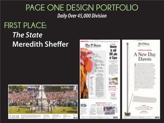 PAGE ONE DESIGN PORTFOLIO
DailyOver45,000Division
SECOND PLACE:
The State
Kelly Cobb
THURSDAY, JUNE 25, 2015 | THESTATE.COM
125TH YEAR, NO. 128 | SOUTH CAROLINA'S NEWSPAPER | $1.00 | COPYRIGHT © 2015 | CAPITAL FINAL
Index: Business, B6 | Classified, B7 | Comics, C6 | Opinion, C2
Weather: 8 a.m. Partly cloudy, 80 | 1 p.m. Mostly sunny, 95 | 7 p.m. Scattered storms, 94 C8 • Almanac: Yesterday’s High 100 | Low 75 | Precipitation 0.00” (as of 5 p.m.)
Clementa Pinckney never will
know just how many lives he
touched.
Thousands – some strangers,
some dear friends and colleagues –
came Wednesday to the State House
to pay respects to the slain senator,
lying in state in an open casket a
week after he was shot and killed,
with eight others, while leading a
Bible study at his Charleston
church.
The line, two hours long at times,
included former governors, elected
officials, state employees, family
and friends, and people from South
Carolina and elsewhere who came
to know Pinckney only as they
watched the Charleston church
massacre – and the state’s response
– unfold.
By the day’s end, about 4,000
visitors – some dressed for a funer-
al, others for summer – had made
the slow moving journey from the
State House grounds through its
lobby, passing by the senator’s body.
The experience was moving even
for strangers. Just moments after
seeing the senator lying in state,
some descended the Senate-side
steps clutching tissues and patting
SEN. CLEMENTA PINCKNEY [ 1973-2015 ]
‘GOD HAS
A PURPOSE’
Gov. Nikki Haley and members of the Legislature watch Wednesday as a horse-drawn caisson carrying the casket of Sen. Clementa
Pinckney arrives at the State House for a public viewing.
PHOTOGRAPHS BY TIM DOMINICK/TDOMINICK@THESTATE.COM
Thousands pay their respects to slain S.C. senator
after horse-drawn caisson bears his casket to State House
Jennifer Pinckney, the senator’s widow, and their daughters, Eliana and
Malana, watch Wednesday as his casket arrives at the State House.
By JAMIE SELF
jself@thestate.com
SEE PINCKNEY PAGE A7
BUSINESS
Retailers: Confederate memorabilia
sales unaffected by controversy. B6
THE SENATOR
Comments from some who paid
respects to Clementa Pinckney. A7
CONFEDERATE
LICENSE PLATES
Legislators can take up state special-
ty license plates next year, Gov.
Nikki Haley’s office says, A3
PALMETTO
Column: It’s time to talk about topics
we have avoided for so long. C1
THESTATE COM
Video and photo galleries from
Wednesday’s State House visitation.
.
THURSDAY AUGUST 27 2015 $1.00 VOL. 125TH, No. 191
STAY CONNECTED THESTATE.COM
FACEBOOK.COM/THESTATENEWS
TWITTER.COM/@THESTATE
Quiz: Which
Freeway
Music
Festival
bands are
for you?
Go Columbia
What’s
new at
this year’s
SC State
Fair,
Page 1C
TODAY: PARTLY CLOUDY HI 90 LO 68
YESTERDAY: HI 93 LO 73 PRECIP. (AS OF 5 P.M.) 0.00”
FORECAST, 10C
TOP STORIES
FROM AROUND SC
LEGISLATURE
Panel to probe ties between abortion clinics
and state agencies.
PAGE 3A
Business 6B
Classifieds 8C
Comics 6C
Go Columbia 10C
Opinion 2C
TODAY’S DEAL: Accelebrite
Nouva Anti-Aging Cream
$15 for a 2 pack! Get the deal of the day at
dealsaver.com/columbia.
King Pharoh: USC’s
touchdown maker
Since he started playing football when he was 5
years old, Pharoh Cooper has played every posi-
tion. It’s a good thing, because he’ll be a pass
catcher, runner, punt returner and passer for the
Gamecocks.
SEE THIS STORY AND MORE
IN GOGAMECOCKS THE MAGAZINE
HOW TO GET:
A Inside today’s home delivered newspapers
A Available for purchase in the lobby at The
State, 1401 Shop Rd., between 8:30 a.m. and
4:30 p.m. Monday-Friday for $5.95.
A View online at gogamecocks.com
INSIDE: Why Pharoh picked USC over UNC. Page 1B
The depth chart is complex, but one thing is
certain: the Tigers have a strong trio of wide
receivers. PAGE 1B
CLEMSON FOOTBALL
WHO’LL PLAY WHAT, WHEN?
Former coach says leav-
ing Wildcats worked out
well for him, school.
PAGE 1B
HIGH SCHOOL FOOTBALL
EARLEY VISITS LEXINGTON
Special SEC football page debuts today in
The State. It will run every Thursday during
the season. PAGE 5B
SEC FOOTBALL
THIS WEEK IN THE SEC
U.S. Sen. Tim Scott has
not reached his fifth anni-
versary on Capitol Hill,
but his presidential town
halls have become a re-
quired stop for 2016 Re-
publican White House
hopefuls.
Through the end of the
year, the top 16 GOP can-
didates will sit down with
the North Charleston
Republican in forums with
voters across the state.
Former Texas Gov. Rick
Perry, for example, comes
to Columbia on Thursday
for the third of Tim’s
Town Halls.
Scott is among a grow-
ing group of S.C. politi-
cians, including Repub-
lican Gov. Nikki Haley,
hosting candidate events.
The candidates hope their
hosts eventually could
award them an endorse-
ment that could sway S.C.
SEE KINGMAKERS, 7A
. ......................................................
Gov. Nikki Haley, U.S. Sen.
Tim Scott are ‘crown
jewels’ of Republican
endorsements
. ......................................................
But several top GOP
politicians are holding
candidate events ahead of
primaries
. ......................................................
Leading S.C. Democrats
also plan candidate
forums in hopes of
building party’s clout
. ......................................................
THE 2016 PRESIDENTIAL RACE
SC politicians could be
2016’s kingmakers
TIM DOMINICK tdominick@thestate.com
U.S. Sen. Tim Scott and S.C. Gov. Nikki Haley
BY ANDREW SHAIN
ashain@thestate.com
TODAY: PARTLY CLOUDY HI 72 LO 52
FORECAST, 8C
TOP
STORIES
IN SPORTS
USC FOOTBALL
Spurrier meets with SEC
about officiating.
PAGE 1B
CLEMSON FOOTBALL
Tigers prove they can run,
too.
PAGE 1B
Business 6B
Classifieds 7B
Comics 6C
Go Columbia 8C
Opinion 2C
TODAY’S DEAL
Columbia Classic Ballet Company
13 for $26 Ticket! Get the deal of the day at dealsaver.com/columbia.
As rains that caused the
worst flood in Columbia in
more than a century end-
ed Monday, thousands of
people in the Midlands
lacked water and power,
dozens of roads remained
impassible and the death
toll continued to rise.
At least five people,
ranging in age from 24 to
78, died in vehicles found
in flooded Columbia-area
streets since Sunday, Rich-
land County Coroner Gary
Watts said.
Two of the victims were
found Monday morning
near Lake Katherine on
Shady Lane and on
Teague Road, near Sun
View Lake. The other
three victims were found
Sunday on Sunset Drive in
north Columbia, near the
intersection of Devine
Street and Rosewood
Drive, and near Eastover
on Garners Ferry Road.
Water levels on Gills
Creek and the Congaree
River, which spiked Sun-
day as more than a foot of
Rain dissipates,
but problems remain
WATER SCARCE
Broken water mains
cause headaches for hospitals,
shelters and residents
FATALITIES
At least five people died in
vehicles found in flooded
Columbia-area streets
DAM BREAKS
Pressure from flood waters
continue to cause
breaches in dams
TIM DOMINICK tdominick@thestate.com
DNR officer Brett Irvin and Lexington County Deputy Dan Rusinyak carry June Loch to dry land after she was rescued Monday from her home in the Pine Glen subdivision off of
Tram Road in the St. Andrews area in northwest Columbia.
GERRY MELENDEZ gmelendez@thestate.com
A car float in Gills Creek near the Devine Street bridge on Monday.
City employees are
installing boulders as they
work to repair a dike break
at Columbia’s downtown
canal and water plant,
while others are trying to
find all the breaks in water
lines that feed the capital
city and rural Lower Rich-
land in the aftermath of
historic floods.
At least 12 water line
breaks have been identi-
fied, but, “We’re going to
find a lot more than that,”
assistant city manager
Missy Gentry said Mon-
day.
City crews and private
contractors are working on
the dike and trying to
isolate the number of
breaks, she said.
City officials would not
say how many water cus-
tomers were without water
since the weekend deluge
of record-setting propor-
tions.
“The core of the city
was without water,” Gen-
try said at an afternoon
briefing. Some customers
have been restored, but
SEE WATER, 6A
Canal dike
breached;
safe water
sites set up
BY CLIF LEBLANC
cleblanc@thestate.com
INSIDE
Repairing damaged roads will cost millions and
take months, 3A
Search-and-rescue efforts will resume Tuesday, 3A
At least two die as Gills Creek rampages, 3A
Fire departments keep Columbia hospitals open,
3A
Water was welcome delivery at Richland County
shelter, 6A
100 rescued from homes along Saluda River, 7A
UPDATES ONLINE
For updated news, including
closings, go to thestate.com.
Also, while storm conditions and
safety considerations may delay
Tuesday delivery of The State in
some areas, you can read the
news online at thestate.com and
you can view a replica of the
print edition by connecting to
thestate.com/e-edition. SEE FLOOD, 6A
Death toll
rises, roads
remain
closed
BY ANDREW SHAIN
ashain@thestate.com
 