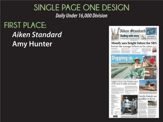 SINGLE PAGE ONE DESIGN
DailyUnder16,000Division
SECOND PLACE:
Index-Journal
Aron Agerton
VOL. 97, NO. 121
www.indexjournal.com
2 SECTIONS, 16 PAGES TUESDAY, JUNE 23, 2015 DAILY 75¢, SUNDAY $1.50
TODAY: It’’s not
the heat, it’s the
humidity. High
of 98.
FORECAST, 8A
Index-Journal is published with
pride for the people of the Lake-
lands. You are important to us.
If you miss your paper, please
call 223-1413 (before noon on
weekends).
Inside today’s edition
■ ABBY 5A
■ BUSINESS 8A
■ CALENDAR 2A
■ CLASSIFIEDS 6B-8B
■ COMICS 5B
■ EDITORIALS 6A
■ ENTERTAINMENT 5A
■ LOTTERY 5A
■ MARKETS 8B
■ OBITUARIES 4A
■ SPORTS 1B-3B
Index-Journal is
committed to editorial
excellence. To report an error,
contact Executive Editor
Richard Whiting at 943-2522
or rwhiting@indexjournal.com.
Chamber readying for possible capital sales tax vote
In anticipation of a possible push
to place capital projects sales tax
projects on the 2016 referendum, the
Greenwood Chamber of Commerce
leadership has been hosting a num-
ber of listening sessions.
The leadership met with residents
and business owners Monday night
at the Arts Center to discuss possible
projects that could be supported by
the 1-percent tax that would be lim-
ited to eight years.
Jerry Timmons, chairman of the
advocacy committee for the cham-
ber, said the tax is anticipated to raise
about $10 million a year and can be
used for brick-and-mortar projects.
The tax, which would need to be
approved by Greenwood County
Council, cannot be used for opera-
tional costs, but could include new
buildings, road improvement, water
and sewer projects, and drainage
projects among others.
Timmons said reports show that
40 percent of the tax would be paid
by out-of-town individuals. The total
amount would have to be earmarked
for specific projects before hitting the
referendum.
The referendum would include the
specific projects that would be vet-
ted and prioritized by a six-member
commission appointed by council.
Anne Drake of Drake, Drake 
Associates shared interest in restor-
ing the recreation center on Seaboard
Avenue that has fallen in disrepair.
Drake also shared interest in devel-
oping public transportation.
“If you don’t have a car, it’s very
hard to have a job,” Drake said at the
meeting.
Timmons said partnerships would
have to be formed in order to estab-
lish other funding sources for rev-
enue, however, the sales tax could be
used for buildings and the purchase
of new buses.
“We feel confident the county’s
not going to put something together
that’s not sustainable,” Timmons said.
A new animal shelter, which has
been a topic for discussion among
County Council, was also mentioned.
That price tag will not be determined
until after a design is created, which
is underway, and bid.
The Greenwood Civic Center lot,
off Highway 72/221, which is in the
By COLIN RIDDLE
criddle@indexjournal.com
‘FORWARD
IN HARMONY’
The murderer now locked up in Charleston
said he hoped his actions would start a race
war. We have an opportunity to show that not
only was he wrong, but that just the opposite is
happening.
— NIKKI HALEY
Governor of South Carolina
on the events in Charleston
Gov. Haley:
Removing flag
will defy hatred
CHARLESTON — South Car-
olina’s governor declared Monday
that the Confederate flag should
be removed from the Statehouse
grounds as she acknowledged
that its use as a symbol of hatred
by the man accused of killing
nine black church members has
made it too divisive to display in
such a public space.
Gov. Nikki Haley’s about-face
comes just days after authorities
charged Dylann Storm Roof,
21, with murder. The white
man appeared in photos waving
Confederate flags and burning
or desecrating U.S. flags, and
purportedly wrote of fomenting
racial violence. Survivors told
police he hurled racial insults
during the attack.
“The murderer now locked
up in Charleston said he hoped
his actions would start a race
war. We have an opportunity
to show that not only was he
wrong, but that just the oppo-
site is happening,” Haley said,
Associated Press
See HALEY, page 3A
Standing in solidarity, a
handful of state lawmakers,
Gov. Nikki Haley and U.S.
Sens. Lindsey Graham and
Tim Scott called Monday for
the Confederate flag locat-
ed as part of a Confederate
soldiers memorial in front
of the Statehouse to come
down.
Toting her title as the state’s
first minority governor, Haley
spoke on the group’s behalf
and called for the state Leg-
islature to discuss the issue
this summer. Graham, who is
seeking a presidential bid, and
Scott did not speak during the
press conference at the State-
house.
After national attention
focused sights on the flag
after a Confederate-sympa-
thizer out to ignite a race war
shot and killed nine people
at a historically black church
in Charleston, petitions
started circulating online
and a host of lawmakers and
South Carolina residents
started calling for the flag to
be taken down.
“I’ve always felt that eth-
nic divides need to be taken
away,” state Sen. Floyd Nich-
olson, D-Greenwood, said.
“We need to work on chang-
ing the evil and hatred that
people have in their hearts.”
Nicholson added that
the the state has been been
cloaked in love and unity
By COLIN RIDDLE
criddle@indexjournal.com
Leadership endorses
bringing down
Confederate flag
Moreinside
■ See 3A for more on the
events in Charleston and how
they are shaping the future
of South Carolina and the
nation.
■ See 6A for Our View on
bringing down the flag.
■ Visit IndexJournal.com to
particpate in our online poll.
See LEADERSHIP, page 3A
PHOTOS BY ASSOCIATED PRESS
ABOVE: Protesters stand around a flying Confederate flag during a rally to take down the flag Saturday at the South Carolina Statehouse in Columbia. TOP: South Carolina Gov.
Nikki Haley speaks during a news conference in the South Carolina State House, Monday in Columbia. Haley said that the Confederate flag should come down from the grounds of
the state capitol, reversing her position on the divisive symbol amid growing calls for it to be removed.
See TAX, page 4A
 