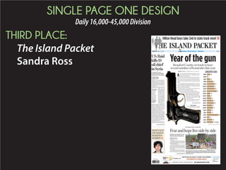 SINGLE PAGE ONE DESIGN
DailyUnder16,000Division
FIRST PLACE:
Aiken Standard
Amy Hunter
Vol. 149, No. 152 Aiken, S.C.
YOUR LOC AL NE WS S OU RCE S I NCE 1 867
AIKENSTATT NDAA ADD RD.COM 75₡
Calendar..................5C
Classifieds.............. 4B
Crossword ...............4C
Comics.....................3C
Dear Abby...............4C
Editorials................ 9A
Horoscope...............4C
Living OnThe Go .....1C
Lottery................... 3A
Movies ....................5C
Sports .................... 1B
Television................2C
Partly cloudy.
High 88. Low 66.
Complete 5-day forecast, 6C
General offices..............................803-648-2311
Newsroom......................................803-644-2401
INDEX
CONTACT US
Anthony Mills, Aiken
Charles Eddie Bryant, Graniteville
Charles Wilson Simmons,
Concord, N.C.
FeltonSmithJr.,WestPalmBeach,Fla.
Frances J. Barfield, Aiken
Herman Harden, Windsor
Deaths and Funerals, 6A
AREA DEATHS
WEATHER
STAFFTT PHOTOS BY DEDE BILES
Cathy Bland holds one of the cabbages grown at Seigler’s Farm Gate Produce on Anderson Pond Road.
Diggingin
Dealingwithstress
Family, friends say
goodbye to Kyrie
BY DERREK ASBERRYRR
dasberry@aikenstandard.com
From working road construction 80
hours a week during summers as an
undergrad at USC Columbia, to creating
Enterprise SRS and helping the Savan-
nah River Site grow out of a closure
mentality, Dave Moody has always
prided himself in being a hands-on in-
dividual.
Moody announced in November that
he plans to retire this month after four
years with SRS and 36 years with the
Department of Energy. Moody still
plans to engage in the site and watch it
grow into the “springboard for how we
recover our nuclear industry.”
The road to DOE
Moody grew up in Florence, South Caro-
lina, doing carpentry with his grandfather
and plumbing with his father. After graduat-t
ing high school in 1967, he attended USC
Florence for a year before marrying his wife,
Pat, in 1968. The newlyweds moved to USC
Columbia to campus housing, a location that
is now a parking garage.
Moody sees bright future for SRS
Former Site manager reflects on his career
MoodyPlease see MOODY,Page 8A
Arttherapy,yogacanhelprelievestress||1C
Localfavoriteto
closeitsdoors|3A
Seigler’s Farm Gate Produce part
of the farm-to-table movement
At top, Carly Bland, left, and her brother, Scott Seigler, run Seigler’s Farm
GateProduceonAndersonPondRoad.Theirfather,WymanSeigler,middle,
ownsthelandonwhichthefarmsits.Theyofferavarietyoffreshproduce.
BY DEDE BILES
dbiles@aikenstandard.com
Two siblings are embracing the popular farm-to-
table movement by raising vegetables on their father’s
land and selling them at a stand on the same property.
Cathy Bland and Scott Seigler opened their Sei-
gler’s Farm Gate Produce in April on Anderson Pond
Road, and they couldn’t be happier with the response
to their venture in agriculture.
Customers have been eager to buy their many fresh
offerings, including squash, zucchini, red potatoes,
bell peppers and huge cabbages.
“We are networking with other farmers, so we’ve
had peaches from Ridge Spring and asparagus and
strawberries from Monetta,” Bland said. “I thought I
was going to be reading a lot of books, but it’s been
so busy. Sometimes we have eight or nine cars here at
one time.”
“It’s gone 100 times better than I thought it would.
I didn’t realize that people have taken such an inter-
est in knowing where their food comes from,” her
brother added.
Wyman Seigler is proud of his children.
Please see FARM,Page 5A
STAFF PHTT OTO BY ROB NOVIT
Pallbearers carry the small casket of Kyrie Henry, 4, following his fu-
neral at New Beginnings Ministry on Sunday. The service brought
hundreds of family members and others from throughout the area.
BY ROB NOVIT
rnovit@aikenstandard.com
Hundredsoffamilymembers,friends
andcommunityresidentsattendedthe
funeralofatinyboyonSunday–asweet,
funny4-year-oldnamedKyrieHenry.
AGreendaleElementarySchoolstu-
dent,Kyriewaskilledinaschoolbus
accidentonWednesday.Eventhosewho
hadnevermetKyriehadseenfamilypic-
turesandheardfrommanypeopleabout
hisvividsmileandgigglinglaugh.He
lovedhugs,eagertogiveaswellasreceive
them.
“Heopeneddoorstousfromour
hearts,”saidanaunt,CarolWilliams.
AttheserviceatNewBeginnings
Ministries,BishopHezikiahPressleyJr.
presentedtheeulogy.MinistersBessie
GrahamandCrystalGraham-Bakerpro-
videdsolos.
ThesonofLisaTaylor-HenryandDar-rr
renHenry,Kyriewasknownthroughout
Greendale.Histeacher,BeccaWhiteand
hisspeechtherapist,DanaStevens,spoke
emotionallyabouttheirloveforKyrieand
theimpacthehadontheirlives.Theyde-
scribedhisjoyfulspiritandsaidthat“his
memoryalwayswillbewithus.”
TheservicewasattendedbySchool
DistrictSuperintendentDr.BethEveritt,
SchoolBoardmemberLeviGreenand
threeAikenCountylegislators–Sen.
TomYoungandReps.DonWellsandBill
Hixon.
“Therehasbeenatremendousoutpour-rr
ingofsupportfromthecommunity,”
Greensaid.Hecitedthesupportas well
from Greendale Principal Sonya Col-
vin and her faculty and staff.
STAFF PHTT OTO BY ROB NOVIT
LisaHenry,center,leavesNewBegin-
ning Ministries on Sunday following
the service for her son, Kyrie, 4.
Areafamilyplantingroots
infarmingenterprise
MONDAY, June 1, 2015
 