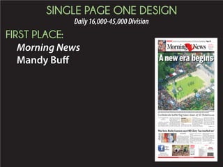 SINGLE PAGE ONE DESIGN
Daily16,000-45,000Division
SECOND PLACE:
The Herald
Kate Sievers
+
ROCK HILL, S.C. 75 CENTSheraldonline.comTHURSDAY, JANUARY 29, 2015
FRIENDSHIP NINE
SPECIAL EDITION
Today’s
weather
Partly cloudy.
Forecast on 6B
Index
Opinion .............5A Classifieds........4D
Sports...............1C Comics..............5B
Your Money.......1D People...............2A
TV / Movies......2D Advice/puzzles.2D
Vol. 144, No.29
52°⁄ 36°
Local deaths
Ollie S. Blackwell
Velma Colley
Joe Daves Jr.
Jack B. DeVinney Sr.
Ted K. Greer
Wilma Hayes
Mildred S. Lane
John L. Massey
Mattie C. McDaniel
Elizabeth G. McWaters
Vernie Merritt
Jeanette Pomnitz
James Vick
Details on 2B
Register for free at
dealsaver.com/rockhill824 N. Main Street
Clover, SC 29710
(803) 610-0022
at
Pop Pop’s Pizza!
Like us on Facebook
http://www.facebook.com/dealsaverrockhill
POP POP’S PIZZA
I
t seemed the world stopped to
watch Wednesday as Rock
Hill and South Carolina took a
few minutes to right a wrong that
had festered on a dusty old court
record for more than a half-cen-
tury.
In 1961, nine black Friendship
Junior College students and a
civil rights organizer sat down at
a whites-only lunch counter to
protest racial segregation. They
were literally carried off to jail
and convicted of trespassing.
In time, the actions of the
Friendship Nine would be recog-
nized as heroic.
But for 54 years, the state of
South Carolina still called them
criminals.
That changed on Wednesday,
when a judge vacated their con-
victions and a prosecutor apol-
ogized on behalf of an entire
state for the injustice that had
been visited upon them.
Finally, justice
- TRACY KIMBALL
Clarence Graham of the Friendship Nine becomes emotional Wednesday after the civil rights protesters’ 1961 convictions were vacated by Circuit Court Judge John Hayes.
AFTER 54 YEARS, FRIENDSHIP NINE CONVICTIONS VACATED
- ROB UPTON
The surviving members of the Friendship Nine and other civil rights protesters whose
1961 convictions for trespassing were vacated Wednesday by a judge. From left, David
Williamson Jr., Kenn Gaither (standing in for his father, Thomas Gaither), Mack Work-
man, Willie McCleod, John Gaines, Clarence Graham, W.T. Massey, Charles Jones,
Charles Sherrod and James Wells (seated).
Convictions vacated
The surviving members of the Friendship
Nine waited 54 years to hear the word
“dismissed,” and it was the nephew of the
judge who sent them to jail who spoke it.
Page 6A
Andrew Dys
The Friendship Nine finally get justice, and
we are all better for it. Even with the nation-
al and international spotlight shining on
them, these men remind us what humility
and service are all about. Page 6A
A quiet reunion
As a media frenzy raged in the background
Wednesday, the white lawyer who helped
prosecute the Friendship Nine in 1961 quietly
shook hands with the black attorney who
defended them. Page 4A
Were we too timid?
Today’s editorial takes a look back at how
our predecessor, The Evening Herald, might
have pulled its punches when opining about
civil rights protesters and segregation. Or
did we? Page 5A
Much more online
Go to heraldonline.com to see more of the
historic day in videos and photograph galleries,
read our previous Friendship Nine coverage
and watch a 50th anniversary documentary.
 