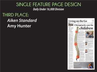 FEATURE PAGE DESIGN PORTFOLIO
DailyOver45,000Division
FIRST PLACE:
The Post and Courier
Brandon Lockett
WILD, WILD ARTMultitude of mediums brings local artists’ works to life
NOVEMBER/DECEMBER 2014 A SPECIAL PUBLICATION OF THE POST AND COURIER TIDELINEMAGAZINE.COM
FREE!
WIND
WATER
SALT 
SAND
Memorial Reef
Efforts underway to shift
area permitted off S.C. coast
Duck season
Waterfowl numbers are high
as time to hunt approaches
JANUARY/FEBRUARY 2015 A SPECIAL PUBLICATION OF THE POST AND COURIER TIDELINEMAGAZINE.COM
FREE!
2015
LEAP INTO
Lowcountry offers bounty for outdoor enthusiasts
FACINGTHE FUTURE
FUTUREISLANDSREFLECTSONSUCCESS
ASBANDHEADSTOWARDCHARLESTONPAGES24-25
SEASEASSONSTARTERONSTARTER
RRIVERDOGSREADYTORUMBLE
PPAGES18-19
WELCOMES HOMEWWEEEEEEEEEEEEEELLLLLLLLLLLLLCCCCCCCCCCCCCCCCOOOOOOOOOOOOOMMMMMMMMMMMMMMMMEEEEEEEEEEEEESSSSSSSSSSSSSSS HHHHHHHHHHHHOOOOOOOOOOOOOMMMMMMMMMMMMMMMMOOMMOOOOOO EEEEEEEEEEEEE
25TH
ANNUAL FOLLY BEACH SEAAND SAND FESTIVAL
APRIL11 2015APRIL11,2015 FOLLYBEACHFOLLYBEACH
PAGES12-15
R34-1304247
 