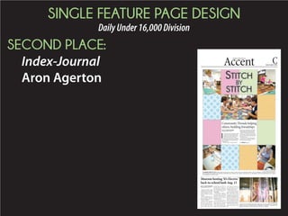 SINGLE FEATURE PAGE DESIGN
DailyUnder16,000Division
THIRD PLACE:
Aiken Standard
Amy Hunter
LivingontheGoAIKENSTANDARD.COMC MONDAY, November 9, 2015 CONTACT: Karen Klock, kklock@aikenstandard.com
Inside
TV schedule, 2C
Comics, 4C
Abby, 5C
Weather, 6C
BRIAN PARR
Health and Fitness
BY STEPHANIE TURNER
sturner@aikenstandard.com
O
nFridaymorning,marriedcoupleKristen
andTehronHarless,ofWilliston,tooktheir
sons,Azariah,2,andMalachi,fourmonths,
toAikenChiropracticAssociates,where
chiropractorDr.BeverlyAllisonadjustedtheirbacks,a
processtheboyshaveundergonebefore.
“Themostcommontherapeuticprocedureperformedby
doctorsofchiropracticisknownas‘spinalmanipulation,’al-
socalled‘chiropracticadjustment,’”accordingtotheAmeri-
canChiropracticAssociation.“Thepurposeofmanipulation
istorestorejointmobilitybymanuallyapplyingacontrolled
forceintojointsthathavebecomehypomobile–orrestrictedin
theirmovement–asaresultofatissueinjury.”
Seeinginfantsandyoungchildrenisnotuncommonforchi-
ropractors.
“Alotoftraumacanoccurtothespine,especiallytheneck,
(duringthebirthingprocess),”saidDr.JerryOdom,achiroprac-
torwithAiken’sTheJoint.“It’skindofcrampedspacefornine
months,too.Alotofmisalignmentscanoccurduringthebirthing
process.”
ChiropractorDr.BlairBradleyofAccessChiropracticWell-
nessrecallsbeingcalledtohospitalstoadjustbabieswhoarejust
daysold.
“Newbornsadjustmentsaregentle,”accordingtothePatient
Mediabrochureonfamilycare.“Asarule,nomorepressurethan
you’dusetotesttheripenessofatomatoisinvolved.”
What can spinal problems affect?
Yourspinalcordandbrainarepartofthecentralnervoussys-
tem.
“Theextensionofthebrainisyournerves,”Bradleysaid,as
hepointstoachartofthespine.“Theycomeoffthecolumn
here,andtheyareprotectedbythiscolumnofbones.Thegist
ofitisallthesenervesleadtoeveryaspectofyourbody;your
heart,yourliver,yourspleen,yourpancreas,yourlungs,
yourintestines...yourkidneys.”
Somethingsforwhichchildrenandadolescentsmight
cametochiropractorsincludeearinfections,digestive
problems,colicinbabieswhichcausesthemtoexcessively
cry,headaches,sports-relatedinjuries,scoliosisorcurva-
tureofthespineandevenbedwetting,Bradleysaid.
Earinfections,forexample,canbecausedbythetop
boneinyourneckgettingeitherirritatedormisaligned,
whichinturncanirritatethenerves.
“Theboneisoutofalignment,andthenerveisnot
tellingtheeartoopenupanddrainproperly,”Brad-
leyexplained.“WhenImovethebone,eventually
thebrainsays‘Oh,okay,nowitworks.’That’sjust
onebone.”
Whenthatsinglebonemalfunctions,other
problemslikeheadaches,anxiety,distraction,
depression,lowerbrainfunctionanddigestive
disorderscanoccur,Bradleysaid.
Thebonesofthespinearecalledtheverte-
brae;theaveragepersonhas33,accordingto
theNorthAmericanSpineSociety.
Getting examined
Eachoftheinterviewedchiropractors,all
ofwhomhavechildren,recommendget-
tingchildrenchecked.
“Kidsrespondalotquickerthanadults
dobecausetheyhaven’thadtheproblems
(wehave)foraslong,”Odomsaid.
Allisonpointsoutthatchildrenusu-
allyaren’tsoexposedtocertaintoxins
likeadultsare,withmedicinesbeingan
example.
“Usuallytheygetbetterreallyfast.If
you’readjustingachildthat’shavingear
infections or if they are colicky, say if it’s
a pressure on the nerves and you relieve
that pressure, the body can heal that child
very quickly. Whereas with us adults, we
have so many things wrong with us,” she
said.
How active the child is can determine how
often they may need to be checked.
Like a child who is active in contact sports,
speci cally, may need to be examined more
than one who isn’t, Odom said.
Those who aren’t very active are “more apt to
have weak muscles whichsupportsthespinewhich
canleadtoproblemslateron,”headded.
Sometimeschiropractorsmayuseinstrumentslike
anactivator,whichmovesthebone,whileothertimestheymightjustuse
their ngersandhands.
WhentheHarlessfamilycametoseeAllison,sheaskedifthefather,
Tehron,wantedtobechecked rst,sohiskidscanseewhattoexpect.
Thoughtheyhadbeentotheof ceearlierintheweek,Fridaymorning
wasthefamily’s rsttimebeingspeci callytreatedbyAllison.
AfterTehron’sexamwas nished,theolderson,
Azariah,wasexamined;hisparentsremainedinthe
room.
Allisonaskedhisparentsabouthispreviouschiro-
practor’streatmentmethodsbeforeshebegan.
First,shehadthetoddlerlaydownonhisstomach
tocheckhisfeetandleglengths,whichhelpsseeif
thespineismisaligned,shesaid.
Then,sheshowedAzariahtheactivatorthatshe
waswantingtouse.
Sincehedidn’tseemtoocomfortablewiththe
ideaofherusingitonhim,thechiropractorusedher
handstofurtherexaminehim,asheheldthesilvertool.
WhenitcametobabyMalachi’sturn,Allisonheldhim rsttocheck
himbeforeaskingoneofhisparentstoholdhim;hismotherKristen
volunteered.
Ashewasheldbyhismother,thechiropractorcheckedhisneckand
usedtheactivatortocorrectaproblemshefound.
Thetooloperatesquicklyandisprecise,Allisonexplained.
What else can be done
Preventionandregularcheckupsarerecommended.
“Youdon’tnecessarilyneedtohavepainorsymp-
tomstobene tfromchiropractic(care).It’sallowing
thebodytofunctionlikeit’ssupposedto,”Odom
said.“Painisusuallythelastsignthatsomething
isgoingonandthatyourbodyissaying‘Hey,you
shouldseeaboutthis.’”
Properposturecanimproveyourwell-being,con-
centrationandpreventbackproblems,accordingto
Bradley.
“Youcan ndyouwon’thurtasbad.Youmight
nothavesomeofthethingswearefacinginthis
country;hypertension,diabetes,cholesterolissues.
Sometimes,itstemsfromwhatyourspineisdoing,”heexplained,while
addingotherfactorscanplayrolesincausingthoseconditions.
Meshbacksupportsareoneachofthechairsinhiswaitingroomto
remindpeopletositstraighter.
Allisonalsoaddsthatslumpingdowninyourchairandsittingmore
onyourtailbonearenotrecommendedasthatpositionstretchesoutthe
tailboneandpartofthevertebrae.
“Payattentiontohowyouaredoingcertainthings,”Odomsaid.
Theweightofbackpackscanalsocauseproblems.Afewthingsthe
AmericanChiropracticAssociationadvisesareforthechild’sbackpack
nottoweighmorethan veto percentofhisorherbodyweight,forit
nottohangmorethanfourinchesbelowthewaistline,fortheweightto
beevenlydistributedandforbothofthestrapstobeworn.
Exerciseandeatingmoreorganicfoodsarealsoimportant.
“Thefoodsweareeatingaremakingusin amedfromtheinside
out,”Bradleysaid.“Whenyouhavealittlemisalignmentandyourbody
sensesthatproblem,it’s rstresponseisin ammation...In ammationis
givingusmorepain.Usually,whatyoufeelisin ammation...thepainis
comingbecausethepainreceptorsareirritatedbyin ammation.”
Formoreinformationonchiropracticcare,visitwww.acatoday.org.
StephanieTurneristhefeaturesreporterfortheAikenStandard.She
primarilycovershealthtopics,entertainment,authorsandrestaurants.
of
L
spec
than
Tho
have w
canlead
Somet
chiropractor
processthebo
“Themostc
doctorsofchiro
socalled‘chirop
canChiropractic
istorestorejoint
forceintojointst
theirmovement–
Seeinginfantsan
ropractors.
“Alotoftraumac
(duringthebirthing
torwithAiken’sThe
months,too.Alotof
process.”
ChiropractorDr.B
nessrecallsbeingcal
daysold.
“Newbornsadjustm
Mediabrochureonfa
you’dusetotestther
What can spin
Yourspinalcorda
tem.
“Theextension
hepointstoacha
ere,andtheyar
itisallthese
art,yourlive
urintestines
Somethings
cametochiro
problems,co
cry,headach
tureofthes
Earinfec
boneiny
whichin
“The
telling
leyex
thebr
oneb
W
prob
dep
dis
T
b
t
hehep
heehhh rr
ofooo iit
hhhheaa
yyooy u
S
cc
iiii
aaaaaa
tttthththtttht
vvvvvvv
hhh
Chiropractic care for
STAFF PHOTO BY STEPHANIE TURNER
Dr.BeverlyAllison,achiropractorwithAikenChiropracticAssoci-
ates,left,usesafast,precisetoolcalledtheactivatortotreatMala-
chiHarless,4months,whilehismom,KristenHarless,holdshim.
children
Bradley
Odom
If you are looking for a healthy
option for lunch or dinner at a res-
taurant, especially if you are trying
to lose weight, chances are you will
consider a salad.
It turns out that at most fast-food
and casual dining restaurants, sal-
ads may not be the low-calorie or
low-fat choice you were expecting.
However, ordering a salad can still
be a healthy option.
We think of salads as being a
healthy choice because they contain
lots of vegetables which are low in
calories and high in vitamins, min-
erals and ber. But most restaurant
salads are more than just vegetables.
At a minimum, you would add salad
dressing and many salads also include
nuts, fruit, chicken, bacon or cheese,
all of which add fat and calories.
Salad dressing alone can add hun-
dreds of calories. Creamy dressings
like ranch and blue cheese tend to
be higher in both calories and fat
than vinaigrettes.
In many cases the salad has more
calories than the sandwich or entree
you would have ordered instead.
As an example, consider the Pre-
mium Bacon Ranch Salad with
Crispy Chicken at McDonald’s.
This popular salad contains
calories and 29 grams of fat. Com-
pared to a Big Mac, which has
calories and 29 grams of fat,
this salad doesn’t seem like such a
healthy option. You could improve
the salad by switching from fried
chicken to grilled chicken and save
calories and grams of fat.
The real problem is the ranch
dressing – one packet contains 2
calories and grams of fat. You
could skip the dressing altogether,
but a more reasonable approach is
to switch to the low-fat balsamic
vinaigrette, with only 35 calories
and .5 grams of fat. Want to really
cut calories? The salad with the
vinaigrette dressing and no chicken
has only 23 calories, almost 3
fewer than the version with crispy
chicken with ranch dressing or the
Big Mac.
Despite the fact that many res-
taurant salads have calorie and fat
content similar to burgers and other
entrees, it doesn’t make them a bad
choice.
The salad does contain several
cups of vegetables, which means
it is higher in vitamins, minerals
and ber than a burger. The salads
at McDonalds have about twice as
much ber as most sandwiches.
Think of it this way: The salad
may be equivalent to a burger as
far as fat and calories go, but it
comes with a serving (or more) of
vegetables.
And the salad is even healthier
when you consider that the sand-
wich would undoubtedly come
with fries. One more point: I use
McDonald’s as an example here,
but the same holds true for salads
at other fast food and casual dining
chain restaurants.
What if you are at a restaurant
and want to order a salad? What
can you do to make it healthier?
You could order a side salad. Given
the huge portions at most restau-
rants, this smaller serving might be
enough.
You can also limit the toppings,
especially meat and cheese, and
choose a lower-calorie dressing.
Another tried and true option is to
ask for the dressing on the side so
you can add just as much as you
want.
And don’t forget, you can always
share one of the large salads with a
friend or save half for another meal.
The bottom line is that salads at
restaurants can be as high in calo-
ries and fat as other “unhealthy”
menu items, but they do provide
a serving of vegetables you might
otherwise miss.
And by making a few choices, you
can create a salad that is a healthy,
low-calorie option.
The truth
when it
comes
to salads
We Know
Women
Aiken Regional Medical Centers offer
women a wide range of WOMEN’S
SERVICES, tailored speciﬁcally to
women and their needs.
• Women’s LifeCare Center maternity services
• The Women’s Breast Health and Imaging Center
• Pediatric Services
• Cancer Institute of Carolina
Breast Health Nurse Navigator
• we – Women Enlightened for Better Health
To learn more about Women’s
Services, visit aikenregional.com
With limited exceptions, physicians are not employees or agents
of Aiken Regional Medical Centers. 150109
Services, visit aikenregional.com
302 University Parkway • Aiken, SC 29801
AS09-1267622
 