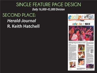 SINGLE FEATURE PAGE DESIGN
Daily16,000-45,000Division
THIRD PLACE:
The Sun News
Jeff Nowak
T
upelo Honey Cafe is bringing its
signature sweet potato cakes and
southern-inspired dishes – as well as its
new healthier and more modern menu
additions – to Myrtle Beach with its first
Grand Strand location opening Feb. 23.
Crews are buzzing to get the new eatery at
The Market Common ready, the ninth location for the Asheville, N.C.-based
restaurant.
In addition to its usual southern fried chicken and fried okra, new menu
items include N.C. country ham wontons, glazed carrots and quinoa with
cranberries, oranges and spiced pecans.
“We kind of made it our own,” spokeswoman Elizabeth Sims said of the
twist Tupelo made on those dishes, and adding that its southern staples on
the menu aren’t going away. “We are all about fresh and scratch made.”
— Story and photos by Dawn Bryant, dbryant@thesunnews.com, and Charles Slate, cslate@thesunnews.com
Tupelo Honey Cafe takes over in place of Tommy Bahama in the Market Common, with local art and 24 craft beers on tap among its features.
Cafe breaks into Market Common
If you go
➤ Where | 3042 Howard Ave. Myrtle Beach, at The Market
Common in the former Tommy Bahama restaurant space
➤ When | Grand opening at 4 p.m. Feb. 23
➤ Hours | Feb. 23 through March 9: 4 p.m. to 10 p.m. Sunday
through Thursday; 4 p.m.
to 11 p.m. Friday and
Saturday. Starting March
10: 11 a.m. to 9 p.m.
Monday through Thursday;
11 a.m. to 11 p.m. Friday; 9
a.m. to 11 p.m. Saturday; 9
a.m. to 9 p.m. Sunday
By the numbers
➤ 8,000 square feet |
Size of restaurant; largest
of all nine Tupelo Honey
Cafe locations
➤ 24 | Craft beers on tap
➤ $12 to $30 | Cost of a
meal
➤ $1.7 million | Cost of
renovating the space
➤ 252 | Number of
patrons the restaurant
can accommodate
➤ 40 | Seats on the patio
➤ 102 | Employees
Fun Facts
Tupelo Honey Cafe
➤ Myrtle Beach will have a signature
beverage Tupelo created just for this location: a
passion fruit daiquiri dubbed “Magic Attic” after the
popular nightclub at the old Myrtle Beach Pavilion.
➤ Most popular food items: Shrimp and grits;
signature sweet potato pancake (which was featured
on a Rachael Ray show on Food Network)
➤ Myrtle Beach’s chef de cuisine is familiar with Myrtle Beach –
and the space Tupelo moved into at The Market Common. John
Leichty opened the Tommy Bahama restaurant at The Market
Common in 2008 and worked there for several years – the same
space Tupelo has taken over. He left the Myrtle Beach area for a
few years, but returned to take the job with Tupelo. Same spot,
but very different.
➤ Customers walk in to see a signature piece of art done by an
artist in Asheville, N.C., where Tupelo is based. The art aims to
marry Tupelo Honey with the spirit of the local community,
which in Myrtle Beach is the beach. Local art -- including a
painting of a Ferris wheel – decorate the restaurant. “Every
Tupelo Honey belongs to the city it is in,” said Stephanie Parsons,
the general manager in Myrtle Beach who has worked for Tupelo
in Asheville. “Everybody feels like they have their own.”
➤ The decor aims to invoke a beachy feel, with
distressed wood and soft sand-and-surf colors. “We
are just trying to make it feel like the beach,”
spokeswoman Elizabeth Sims said.
Real Estate Money
MYRTLE BEACH, SOUTH CAROLINA | MyrtleBeachOnline.com/MONEY | SATURDAY, FEBRUARY 7, 2015 SECTION D
Business news, personal ﬁnance  stocks
INSIDE PROPERTY TRANSFERS | 2D ■ STOCKS  MUTUAL FUNDS | 4D ■ COMMODITIES | 4D
Property transfers
Find out what property sold in your neighborhood
REAL ESTATE | 2D
O
nce defined by the
size of its fore-
closure offerings,
the Myrtle Beach area real
estate market now outper-
forms both state and na-
tional real estate markets
in the current rate of fore-
closures and the percent-
age point drop in fore-
closures over the past year,
according to national real
estate data company
CoreLogic.
The
company
reported
Thursday
that Horry
County
saw a
steeper
drop in its
foreclosure
rate be-
tween
November
2013 and November last
year as well as a lower
foreclosure rate for the
past two Novembers than
either the statewide or U.S.
rates.
At one time, the Strand’s
housing market was noted
for the number of fore-
closed and bank-owned
properties, with the sheer
bulk holding down prices of
all residential properties.
Because of the area’s
abundance of second
homes, said Todd Wood-
ard, president of SiteTech
Systems, foreclosures
started here before much
of the rest of the country
and may for the same
reason have accounted for
a larger number of proper-
ties that got into trouble.
Woodard said that the
current number of fore-
closures in the area’s real
estate market is half what
it was two or three years
ago.
The single-family mar-
ket began seeing a break in
the foreclosure-dominated
market in the fall of 2013
that accelerated in early
2014 and is no longer a
dominating factor in the
market. Median single-
family home prices rose
more than 6 percent in the
last calendar year, a trend
that at least some are ex-
pecting to repeat this year.
The condo foreclosure
market encompassed more
properties and was the
MB’s
forclosure
rate low
STEVE
JONES
Real
Estate
See JONES | Page 3D
NEW YORK | TurboTax, the
country’s most popular do-it-
yourself tax preparation soft-
ware, halted processing state
tax returns for about 24 hours
because of a spike in fraudulent
filings.
State agencies have report-
ed a rise in filings with stolen
personal information, Intuit,
the company behind TurboTax,
said Friday.
Most victims found out that
a fraudulent tax return was
submitted in their name when
they received a rejection notice
after filing their returns, said
Intuit spokeswoman Julie Mill-
er.
There haven’t been issues
with federal returns to date be-
TurboTax halts state tax returns on fraud reports
The Associated Press
See TURBOTAX | Page 3D
Honey, we’re home
MORE ONLINE
See a gallery of the Market
Common’s newest restaurant, videos and
more at MyrtleBeachOnline.com.
 