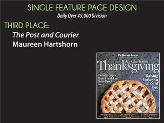 SINGLE FEATURE PAGE DESIGN
DailyOver45,000Division
HONORABLE MENTION:
The State
Elissa Macarin
Young gymnast has
Olympic dreams
SUNDAY NOVEMBER 15 2015 1CFACEBOOK.COM/THESTATENEWS
TWITTER.COM/THESTATETHESTATE.COM
PalmettoPEOPLE
A daily, deeper look at the people, places and issues shaping South Carolina
Editorial: Duvall the clear choice for Columbia City Council at-large seat, 2COPINION
@125
yearsThe inaugural edition of
The State newspaper was
published Feb. 18, 1891.
In anticipation of the
125th anniversary, the
Palmetto section each
day is recounting how
The State covered news-
makers and events vital to
South Carolina’s history.
THE STATE
INSTALLMENTS CAN BE
FOUND ONLINE AT
THESTATE.COM/STATE-125
In 1977, Pulitzer Prize-winning composer
Gian Carlo Menotti, Christopher Keene, and
others sought to create an American coun-
terpart to their annual “Festival of Two
Worlds” in Spoleto, Italy. With the help of
Charleston Mayor Joseph P. Riley Jr., the 17
day festival, designed to highlight both new
and established artists, found its home
stateside in the historic city of Charleston.
Spoleto Festival USA was born.
In the decades since its inception, Spole-
to Festival USA has been regarded as one
of the world’s leading festivals, with more
than 200 premieres. World-renowned
artists who performed here early in their
careers include Renée Fleming, Emanuel
Ax, Joshua Bell, Yo-Yo Ma, the Emerson
String Quartet and Jean-Yves Thibaudet.
“There is nothing like the Spoleto Festival
USA in the world, and for everyone who
participates, when the festival is over, they
are changed,” Riley was quoted as saying at
the opening of this year’s festival in May.
“And for the city that gives the festival, when
the festival is over, it is changed as well. For a
great arts festival overwhelms its sponsoring
city with unrelenting, day-and-night exposure
to the driving quest for excellence.”
— DWAUN SELLERS,
DSELLERS@THESTATE.COM
Spoleto Festival USA: Charleston’s premier performing arts event
MELISSA HANELINE Associated Press
W
hile most athletes
dream to be in the
top 100 of their
sport, Ashley
Locker has done it twice, and
she’s only nine years old.
That’s why the young gymnast
has even bigger dreams of
pursuing the Olympics.
Locker, a fourth grader at
Lake Murray Elementary, re-
cently returned from her sec-
ond trip to the TOPs (Talent
Opportunity Program) at the
Olympic Training Center in
New Waverly, Texas. TOPs is a
national talent search and edu-
cational training program for
female gymnasts ages seven to
10 and only the most elite gym-
nasts may attend.
“They (the gymnasts) go
through state testing all sum-
mer long,” said Susan Locker,
Ashley’s mother. “They test
them on different skills and
different strengths. Then, they
score them and they take the
top 100 in the whole country
for each age group. If you’re in
that top hundred, you get in-
vited to come to the national
testing and they do more skills
and strength testing there.”
It’s no wonder Locker has
been accepted into the elite
PHOTOGRAPHS BY GERRY MELENDEZ gmelendez@thestate.com
Ashley Locker, 9, a fourth-grader at Lake Murray Elementary, goes through practice with coach Abby
Reid at Lake Murray Gymnastics last month. Locker hopes to, eventually, make the Olympics.
BY CARSON MASON
Special to The State
AT THESTATE.COM
See video and photo gallery with this story
SEE GYMNAST, 8C
‘‘I FEEL GOOD THAT I HAVE BEEN
WORKING HARD TO JUST GET THAT
SKILL AND MOVE UP TO A NEW LEVEL.”
Ashley Locker
Ashley Locker, 9, recently returned from her
second trip to the Talent Opportunity Program
Herman Austen, Lexington
Jo Ann Ashford, Columbia
Jeffrey Berube, Columbia
James Bush Sr., Branchville
Willard Berry, West Columbia
Malcolm Culpepper, St. Matthews
Mildred Davis, Columbia
Barbara Dillard, Columbia
Thomas Efland, Clemson
Saundra Fordham, Columbia
Ronald Friend, Columbia
Lillian Galloway, Hartsville
Virginia Honeycutt, Edgefield
Jewell Johnson, Sumter
Mary Keel, Barnwell
James Kennedy, Hopkins
Ralph Leonard, Daytona Beach, Fla.
Janice Moore, Pelzer
Daijah Manigault, Gaston
Francis Noell, III, Columbia
Clarence Pope, III, Mauldin
Count Pulaski, Hampton
Bernice Sease, Lexington
Edward, Shuford, Columbia
Helen Spell, Sullivans Island
Sara Stoddard, Fountain Inn
Willie Salmond, Camden
Betty Trotter, Saluda
Jeffrey Williams, Winnsboro
Johnny Williams, Gilbert
SOUTH CAROLINA REMEMBERS Obituaries inside the Palmetto section
 