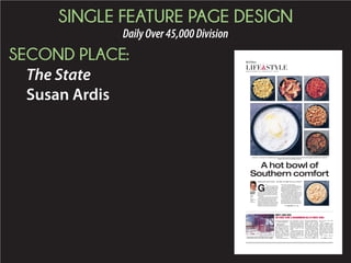 SINGLE FEATURE PAGE DESIGN
DailyOver45,000Division
THIRD PLACE:
The Post and Courier
Maureen Hartshorn
My CharlestonMyyyyyyy Charleston
Raising
turkeys a
labor of
love
Pages 10-11
Family recipes
from Frank Lee,
Sean Brock
Pages 3, 4
WEDNESDAY, NOVEMBER 19, 2014
Local wine experts
pick six for the spread
Page 12
Get basic dishes down:
Turkey, potatoes  green beans
Pages 18-20
Stuffed squash shines
as veggie ‘star dish’
Page 14
 