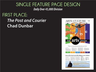 SINGLE FEATURE PAGE DESIGN
DailyOver45,000Division
SECOND PLACE:
The State
Susan Ardis
C O L U M B I A ɀ S O U T H C A R O L I N A
WEDNESDAY, DECEMBER 3, 2014 ɀ WWW.THESTATE.COM ɀ SECTION D
LIFESTYLE
G
rits.
That one word, for me,
conjures up images of the
Southern breakfast table
(and beyond). With grits,
it’s understood that the
morning will start off right with a warm
hug from a bowl, topped with melting
butter, maybe some cheese, some crum-
bled bacon ....
Alton Brown once said, when asked in
an interview, that grits is the one dish
every Southerner should know how to
cook. And I believe he is right. Fried
chicken and catfish have become nation-
al staples. Northerners and those in the
Midwest can have their warm oatmeal,
but grits (at least until recently) have
been truly a Southern thing.
So what are grits? Basically white or
yellow corn kernels that have been (tradi-
tionally) ground on a stone mill. The
smallest grains are separated out as corn
meal; the coarser grind are grits.
Grits are made simply: The purist only
uses slow-cooking grits brought to a boil
in water and then simmered for about an
hour, until the water is absorbed or evap-
orated and the grits are porridge-like.
For modern cooks, or folks like me
who want things in a hurry, there are
quick grits that can cook within 15 min-
utes. Here, the germ and the hull of the
corn kernels have been removed so that
Grits with ... from top left, scrambled eggs; bacon; roasted tomatoes with garlic and basil; cinnamon apples and almonds; roasted red
pepper and onion; and shrimp and gravy.
PHOTOGRAPHS BY KIM KIM FOSTER-TOBIN/KKFOSTER@THESTATE.COM
A hot bowl of
Southern comfort
Carolina
Kitchen
Susan
Ardis
sardis
@thestate.com
Twitter:
@foodsusan
Great grits aren’t hard – but why not take ’em up a notch?
SEE GREAT GRITS PAGE D4
What’s good here?
By mistake, the most fa-
mous item on the menu is
“The Original Greek Tur-
key.” According to Owner
Linda Sellers, longtime
employee Mark White
asked for a sandwich one
day years ago and he said
he did not care what kind
she made him.
She says she layered tur-
key, mayonnaise, cucum-
bers, ripe olives, tomatoes
and feta cheese on a round
of pita bread, topped it with
some Greek dressing, and
finished the sandwich with
another round of pita
bread.
He loved it, she says, and
customers who were pre-
sent were intrigued. The
Other Store and The Origi-
nal Greek Turkey are now
synonymous.
Other popular items in-
clude the Spring Chicken –
a chopped chicken breast
topped with sprouts,
spring onions, fresh basil
and tomatoes and served
on sourdough with mayon-
naiseandahousedressing.
All the meats are cooked
in-house, including the
roast beef which in the
roast beef and cheddar
sandwich is piled high with
the specially seasoned
meat on a hoagie and
served with cheddar, let-
tuce, tomato and spicy
mustard.
Two sandwiches are
named for Sellers’ grand-
children: Grace’s Avoca-
dowich and The Lukester.
Sellers says she has been
told over and over that the
deli’s Reuben is the best
most have tasted; and the
pimento cheese is a family
recipe.
The “Tedder” Salad is
WHAT’S GOOD HERE:
THE OTHER STORE  NEIGHBORHOOD DELI IN FOREST ACRES
One exterior wall of The Other Store is a mural
inspired by Vincent Van Gogh’s ‘Starry Night.’
/DEENA C. BOUKNIGHT,/SPECIAL TO THE STATE
By DEENA C. BOUKNIGHT
Special to The State
SEE GOOD PAGE D4
 
