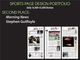 SPORTS PAGE DESIGN PORTFOLIO
Daily16,000-45,000Division
THIRD PLACE:
The Herald
Chris Noble
Will the competitors get injured?
BMX is a tough sport on the body. Posey mentioned he
tore ligaments in his wrist and broke his ankle in three
places, all during the same late-2013 wipe-out. Wear-and-
tear injuries are also a part of the gig for pro riders, but
protective gear undoubtedly prevents even more.
What is a BMX bike?
The bikes, mostly aluminum or carbon frames with 20-inch
wheels, have no shocks and only one gear. The riders have to
cushion every landing with their bodies on a track made of
packed dirt and sometimes asphalt. Posey said he usually
travels with two bikes, and while he knows the ins and outs
of his bikes, he has a trusted technician for any bigger bike
issues.
BMX
Carolina
Nationals is a
part of… ?
The Carolina Nationals is the
fifth stop on the BMX Nationals
tour, a series of 34 events across
the country open to amateur and
pro riders that runs through Novem-
ber. The professionals usually
compete in about half of the
events, with results counting to-
wards multiple points standings,
including ones that decide Pro Series
title and Olympic qualification.
Is this event connected
to Olympic qualifying?
Right now, riders’ performances
build up points for their countries to
determine which five nations will send
the highest allotment of three riders to
the 2016 Olympics in Rio de Janeiro. The
U.S. usually sends three; two riders and
one rider are the lesser allotments for
countries further down the points standings.
After the allotments are determined in July,
then the riders’ individual point totals determine
whether they qualify for the Olympic teams of their
respective countries.
Bicycle motocross (BMX) is a sport with a 55 to 60-year history
in the United States, but one that is emerging from the shadows of
X Games’ niche status. Proof is the sport’s recent inclusion in the
Summer Olympics, beginning in 2008, and, closer to home, the
construction and opening of the Novant Health BMX
Supercross Track in Rock Hill.
The beautiful new facility atop a hill near the
Catawba River is hosting the BMX Carolina
Nationals this weekend, an event akin to a
stop on the PGA Tour or NASCAR’s Sprint
Cup Series. Locals can learn more about
this burgeoning sport by watching some
of the best riders in the world Friday through
Sunday, at one of the country’s top venues.
The Herald caught up with Justin Posey – a
21-year-old North Carolina native currently
ranked No. 24 in the world BMX rankings – on
Wednesday to discuss some basics, and some
nuances, of the BMX that will be on display.
What separates Rock Hill’s facility from others?
Hills, specifically the supercross hill, separate Novant Health BMX. Right when
you walk up and you look at the big concrete hill, you say ‘wooof, that’s huge.’ That
obviously separates it, having the supercross track. The supercross hill is eight
meters tall, so we go from zero to 40 miles an hour in two seconds. It’s pretty
unbelievable when you get the chance to watch it.
Which of the top BMX
riders will be competing
in Rock Hill?
Colombia’s Carlos Oquendo
won the bronze medal in
BMX at the 2012 Olympics in
London, and Brazil’s Rena-
to Rezende is currently
ranked eighth in the world.
Connor Fields, David Her-
man and Nic Long were on
the 2012 USA Olympic team
and will compete, as will 2016
hopefuls Justin Posey and
Jared Garcia. Top-
ranked American
women Brooke
Crain and
Alise Post
will also be
in Rock Hill.
How will the weather
influence track conditions?
BMX riders will be watching closely
Thursday and Friday to see how it
impacts the track. A softer track is a
slower track, and though part of the
Novant Health Supercross track is
asphalt, the majority is dirt. That’s also
a reason why California is such an
epicenter for the sport. A majority of
the American-based BMX pros live in
California, which is also the home of
the U.S. Olympic training center.
Who is in charge of BMX at
the Novant Health track?
Mike King is the BMX supervisor for
Novant Health BMX Supercross Track.
He’s also a BMX Hall of Famer and form-
er coach of the USA BMX Olympic team
and has been in charge of the facility
since it opened in August of 2014. Rock
Hill’s BMX Supercross track is the only
Olympic-quality facility on the east coast,
and will host the 2017 UCI BMX World
Championships.
Do BMX pros make much money?
Many pro riders subsist on sponsorships and prize money,
which varies by event. Saturday’s Pro Series race will dole
out $20,000 to the winner, cranking up the pressure for that
event. (Posey is sponsored by Dan’s Comp, and also received
a scholarship to attend Marian University (Ind.) and rides for
the school’s fledgling intercollegiate BMX program. He’s
taking 12 credit hours of online courses, while still competing
professionally nearly full-time.)
Welcome, BMX’s bestWORLD-CLASS ROCK HILL BMX
FACILITY ON DISPLAY THIS WEEKEND
By Bret McCormick
bmccormick@heraldonline.com
Watch the BMX Carolina Nationals
All of the BMX Carolina Nationals races are free to watch,
but parking at Novant Health BMX Supercross Track – locat-
ed at 1307 Riverwalk Parkway in Rock Hill – is $10 per day, or
$25 for the three-day event. The marquee events are:
Friday, March 20 USA Cycling Elite National BMX Cham-
pionships begin at 5 p.m. These races will crown riders from
across the country as national champions in junior and elite
categories for men and women. Participation is limited to
U.S. citizens and winners can qualify to represent America in
the 2015 UCI BMX World Championships in Belgium, in July.
Saturday, March 21 USA BMX Pro Series race heats begin
at noon, and continue throughout the day. The Pro Series is
arguably the marquee event of the weekend, and features the
top BMX riders in the world, including top American and in-
ternational pros, past Olympians and future Olympic hopefuls.
Posey
+
THE HERALD
aCFriday
March
20, 2015
heraldonline.com/sports
Sports Light my ﬁre
After months of motivation only the Head Ball
Coach can provide, Spurrier says sophomore
QB Mitch “ready to take some giant steps.” 3C
JACKSONVILLE, Fla. North
Carolina was supposed to be too
big, talented and versatile, and at
times the Tar Heels lived up to their
pregame billing.
Harvard is just a tough out in the
NCAA tournament.
Justin Jackson hit a tying jumper
in the final minute, and then had a
fast-break dunk to help fourth-seed-
ed North Carolina edge the Crim-
son 67-65 on Thursday night.
The Tar Heels (25-11) wasted a
16-point lead in the second half and
briefly trailed before Jackson came
to the rescue.
Siyani Chambers’ four-point play
put 13th-seeded Harvard ahead
65-63 with1:15 remaining. It was
the only lead of the game for the
Ivy League champions.
Jackson finished with 14
points and Marcus Paige had
10.
Chambers misfired on a
pair of 3-pointers in the
closing seconds, and the
Crimson’s final chance for
victory – Wesley Saunders’
shot from beyond the arc – bounced
off the back of the rim.
Saunders led Harvard (22-8)
with 26 points. Chambers had 13.
North Carolina lost six of 10
down the stretch, but has played
considerably better in the postsea-
son, beginning with three wins on
the way to the championship game
of the ACC tournament, where the
North Carolina 67,
Harvard 65
UNC
stems
Crimson
tide
Tar Heels hang on
down the stretch
By Fred Goodall
Associated Press
Inside
UAB, Georgia State lead first day of
NCAA tournament upsets. 2C
SEE TAR HEELS, PAGE 2C
COLUMBIA The first time was a
thrill. South Carolina fought for
four years to get to the NCAA tour-
nament, and the toughened quintet
of seniors who had been through
the rough times were finally re-
warded. When they won a couple of
games before bowing out to Stan-
ford, it was still a wonderful season.
The second time, South Carolina
expected to get there, and when Kan-
sas upset the Gamecocks on a snowy
day in Colorado, it was somewhat
stunning. A 12th seed shouldn’t have
beaten a fourth seed, but the Game-
cocks knew they weren’t quite as tal-
ented as the previous year – and the
Jayhawks’ Monica Engleman had the
game of her life, scoring 27 points af-
ter averaging 9.4.
Last year was the first time it was
really disappointing. The Game-
cocks were a No. 1 seed, and even
though they were playing on the op-
posite coast against a team that had
already beaten them, they felt they
let one get away when fourth-seed
North Carolina ended their year.
Khadijah Sessions had one of her
worst career games, yet she still
says South Carolina was beaten by
a team that it was better than.
This year, the Gamecocks were
ranked No. 1 for 12 consecutive
weeks. They’ve lost two games.
They won their regular-season and
conference tournaments and have
spoken all year about the Final
Four, the national championship.
If they don’t get there this time …
“This team has been really good
with that,” coach Dawn Staley said
on Thursday, the day before the
Gamecocks were set to begin their
Women: South Carolina
vs. Savannah State
5 P.M. (ESPN2)
USC buys
into lofty
forecast
Gamecocks’
season-long goal
firmly in sights
By David Cloninger
dcloninger@thestate.com
SEE WOMEN, PAGE 2C
Online
Visit heraldonline.com to see a
video interview with pro BMX rider
f Justin Posey and clips from
Wednesday’s practice
+
TUESDAY AUGUST 25 2015 1BFACEBOOK.COM/THEROCKHILLHERALD
TWITTER.COM/RHHERALDHERALDONLINE.COM
Sports GREEN BAY WIDE RECEIVER
OUT FOR SEASON FOLLOWING
KNEE INJURY IN PRESEASON.
4B
PACKERS LOSE
NELSON
CLEMSON
Jayron Kearse talks, and
with boundless confidence
he doesn’t mind sharing
his opinion.
“I’m very confident in
myself,” said Kearse, the
Clemson junior safety
from Fort Myers, Fla. “I
feel like whatever I’m
doing, I’m the best at it
until somebody shows me
otherwise.”
An All-American trash
talker, Kearse will engage
anybody – including his
teammates during practice.
“If I’m going against
them, I’m talking trash,”
Kearse said Monday. “But
they know the type of guy
I am. They know that’s
just the thing I do when
I’m playing football.
“I’m so pumped up at
practice or during a game,
that’s just something I do.”
Extra long for a defen-
sive back at 6-foot-4 and
210 pounds, Kearse began
to grow into an impact
role last season on a team
that led the nation in total
defense and efficiency
against the pass with 67
total tackles (fifth on the
team), five tackles for loss,
three sacks, two intercep-
tions and fumble recovery.
“My goal this season is
to have more than any-
body than anybody else in
whatever category there
is,” Kearse said, “Just be
the best all-around player
I can be, the best safety in
the ACC, the best safety in
the nation, the best defen-
sive back in the ACC and
the nation.”
One of two returning
starters on defense,
Kearse came to Clemson
from the same high school
that produced Sammy
Watkins. Three scouting
services couldn’t reach a
consensus on where he
projected best so he was a
top 15-16 “athlete,” capa-
ble of playing on either
side of the ball.
Nephew to NFL all-pro
JOHN RAOUX AP
Clemson safety Jayron Kearse (20) and cornerback
MacKensie Alexander break up a pass intended for
Oklahoma wide receiver Sterling Shepard during the
Tigers’ 40-6 Russell Athletic Bowl win on Dec. 29, 2014.
CLEMSON FOOTBALL
Kearse out to be ‘best
all-around player I can be’
BY ED MCGRANAHAN
For the (Columbia) State
SEE KEARSE, 3B
Chester led Lewisville 18-8 on
Friday night when the two
teams’ county rivalry football
game boiled over.
A scuffle with about five min-
utes left in the third quarter –
the second such event in the
game according to a Herald
freelancer in the press box that
night – was quickly diffused on
the field, and on the Chester
sideline where a group of play-
ers headed on to the field were
corralled by coaches.
Lewisville had less success
controlling its sideline with a
group of players pouring on to
the field before they were
pushed back. After a period of
discussion, 15 Lions – according
to the Chester newspaper’s
account of the event, though
The Herald’s story from Friday
and Chester coach Victor Floyd
both said nine – were ejected
from the game for coming on to
the field during the altercation.
Floyd’s view of the situation
was this: his outside linebacker
tackled a Lewisville player and
the pair got tangled up, with
several others joining in. The
Chester outside linebacker’s twin
brother saw the group engaged
and ended up hitting a Lewisville
player, for which he was ejected
and will be suspended.
“And that’s it. He was the one
kid that got kicked out from our
side,” said Floyd. “It’s really not
that big of a deal.
HIGH SCHOOL FOOTBALL
Skirmish,
ejections
leave
Lewisville
in crunch
. ..................................................................
Scuffle was brief and isolated;
players were ejected for coming
on to field during event
. ..................................................................
Nearly half of the Lions’ roster –
eight defensive starters – were
removed from the game
. ..................................................................
Mitchell scrambling to figure
out how repercussions impact
his team moving forward
. ..................................................................
BY BRET MCCORMICK
bmccormick@heraldonline.com
‘‘THE KID WAS WRONG,
HE KNOWS HE WAS
WRONG, AND WE’LL
MOVE ON.
Victor Floyd, coach at Chester
SEE EJECTIONS, 3B
COLUMBIA
S
outh Carolina isn’t the only SEC team undecided on
its starting quarterback. Kevin Sumlin on Monday
announced Kyle Allen as the winner of Texas
AM’s QB competition. Jobs still open:
ALABAMA
Florida State transfer Jake Coker (14) still is trying to win the job
a year later. Four others have a shot, but Nick Saban is quiet.
FLORIDA
Last year’s starter Treon Harris (3) is
trying to hold off Will Grier (7), and coach
Jim McElwain is talking like he’ll give
both a chance.
GEORGIA
The Bulldogs are deciding among three – the slight
favorite Brice Ramsey (pictured), transfer Greyson
Lambert and Faton Bauta.
LSU
Neither Anthony
Jennings, right,
nor Brandon
Harris, left,
looked ready last
year and neither
has done enough
to get the first
chance this year.
MISSISSIPPI
Clemson transfer Chad Kelly (10) is trying to sup-
plant Ryan Buchanan, who had a slight lead com-
ing out of spring practice.
VANDERBILT
Johnny McCrary, a former
four-star prospect, appears
to be the leader, but it’s
tough to tell with the
Commodores.
JOHN BAZEMORE AP BRUCE NEWMAN AP
L.G. PATTERSON AP
Crowded under
center: Lots of
QBs, few No. 1s
BY JOSH KENDALL
jkendall@thestate.com
BRYNN ANDERSON AP
PHIL SANDLIN AP
GERALD HERBERT AP
MOREINSIDE
T.J. Logan and Elijah Hood arrived at UNC a year apart,
both as top prospects in the country, yet their time with
the Tar Heels hasn’t been exactly what they envisioned.
Both players have struggled with nagging injuries. They will
enter this season hoping that better things are ahead. 3B
+
WEDNESDAY OCTOBER 7 2015 1BFACEBOOK.COM/THEROCKHILLHERALD
TWITTER.COM/RHHERALDHERALDONLINE.COM
Sports IN LOSS TO GIANTS,
BUFFALO’S GILMORE
HAMPERS BECKHAM, PICKS
OFF ELI MANNING. 4B
AREA PLAYERS
IN NFL
COLUMBIA
S
outh Carolina officials
hope to host Saturday’s
game against No. 7 LSU
in Williams-Brice Stadi-
um, but as of Tuesday after-
noon, they were making no
promises.
“Our intentions are to stay on
schedule and play here in Co-
lumbia, but it’s not a definite,”
Gamecocks athletics director
Ray Tanner said Tuesday.
“While that planning is under-
way, it is not a definite. We will
continue to monitor the infra-
structure that is necessary to
have a football game.”
A decision on where and
when the game will be played
will be made on Wednesday.
South Carolina announced
earlier Tuesday that it was can-
celing classes for the week be-
cause of damage and logistics
issues caused by the devastating
flood in the city this week. Se-
ven people are known to have
died in Columbia because of the
flooding. Fourteen are known to
have died statewide.
“With what has happened
here in the state of South Car-
olina and the city of Columbia,
football is not nearly as impor-
tant or important at all when
you think about it in that per-
spective,” Tanner said.
Williams-Brice Stadium and
the surrounding areas survived
the storm without any major
damage, and the stadium and
field’s surface was mostly dry
on Tuesday morning, but there
are issues surrounding logistics
of access along damaged road-
ways, access to water in the
stadium and the availability of
the large numbers of police and
first responders required to host
a game, Tanner said.
South Carolina officials have
examined the stadium and be-
lieve it’s functionally sound to
host a game, Tanner said.
“There are certainly lots of
concerns with our families and
people who live here in the
Midlands,” he said. “There are a
lot of things to consider.”
The Gamecocks (2-3, 0-3
SEC) and Tigers (4-0, 2-0) are
scheduled to play at noon in
DWAYNE MCLEMORE dmclemore@thestate.com
On Tuesday, a breach in the Columbia Canal can be seen during an aerial tour provided the the South Carolina Army National Guard.
SOUTH CAROLINA FOOTBALL
Amid crisis,
where to play
a game?
. ..................................................................
Tanner not 100 percent sure
game will be at Williams-Brice
. ..................................................................
South Carolina officials
reportedly explore playing in
Charlotte or Baton Rouge
. ..................................................................
Travel logistics and availability
of police, first responders
among issues
. ..................................................................
BY JOSH KENDALL
jkendall@thestate.com
‘‘WITH WHAT HAS HAPPENED HERE IN THE STATE OF SOUTH CAROLINA AND THE CITY OF COLUMBIA, FOOTBALL IS NOT
NEARLY AS IMPORTANT OR IMPORTANT AT ALL WHEN YOU THINK ABOUT IT IN THAT PERSPECTIVE.
Ray Tanner, athletics director at South Carolina
. ..................................................................
Gamecocks vs.
Tigers
Who: South Carolina (2-3, 0-3
SEC) vs. No. 7 LSU (4-0, 2-0)
When: Noon, Saturday
TV: ESPN
...................................................................
DWAYNE MCLEMORE dmclemore@thestate.com
MIKE MCCARN AP
PATRICK SEMANSKY AP
School officials would prefer to
stick to schedule Saturday, home
at Williams-Brice Stadium, top, but
might consider Charlotte’s Bank of
America Stadium, middle, or LSU’s
Tiger Stadium due to flooding as a
result of Hurricane Joaquin.SEE SOUTH CAROLINA, 3B
CLEMSON
Standing in the muck,
the rain and the eye of an
emotional storm after his
team’s win over Notre
Dame, coach Dabo Swin-
ney blew life into an acro-
nym that’s gone viral and
should be visible this week
on T-shirts around the
Clemson campus.
BYOG – “Bring your
own guts” – jumped from
Swinney’s mouth, his
voice rising, during a post-
game interview with ESPN
reporter Heather Cox,
describing the gritty, last-
ditch defensive effort that
kept Notre Dame from
pushing the game into
overtime.
Swinney said he the told
the team, “We give you
scholarships. We give you
stipends and meals and a
place to live. We give you
nice uniforms. I can’t give
you guts and I can’t give
you heart.
“And tonight it was
BYOG. Bring your own
guts.”
Swinney said Tuesday it
“just came into my head”
during the interview,
thinking of the loyal fans
that stayed through the
steady downpour until the
end. ESPN inadvertently
clipped 12 seconds of the
interview, yet within min-
utes the Twitter universe
popped. Swinney said
many of his friends sent
him messages Sunday
with #BYOG.
The video has been
picked up by most major
media outlets. One USA
Today reporter named it
one of sport’s all-time
great post-game inter-
views.
The reaction seemed
“weird,” Swinney said.
“I’m not that interesting …
ask my wife.”
But the sentiment
seemed to summarize his
feelings about this team
four games into what’s
setting up to become an
interesting season.
Ranked sixth in the polls
this week, Clemson faces
Georgia Tech on Saturday
and Swinney is eager to
give folks a show.
“We haven’t come close
to playing our best game,
our best football,” he said
during his weekly media
briefing.
“We’ve shown we can
do whatever we need to
do to win,” he said. “Our
ability to run the ball
CLEMSON FOOTBALL
‘Bring your own guts’
interview goes viral
. ..................................................................................................................
Swinney, always fiery, draws attention for reaction
following win over Notre Dame
. ..................................................................................................................
Clip of post-game interview on ESPN made for
social-media age, Twitter
. ..................................................................................................................
BY ED MCGRANAHAN
For the (Columbia) State
SEE DABO, 3B
RICHARD SHIRO AP
Clemson coach Dabo
Swinney’s emotional nature
is a draw to many recruits.
Local high school foot-
ball prospects have been
busy taking visits to col-
lege campuses the last few
weekends, but have also
been receiving visitors at
their schools.
South Pointe senior
defensive back Nick
McCloud took a visit to
East Carolina two week-
ends ago and was im-
pressed. He already held
an offer from ECU, and
last week added his first
ACC offer, from N.C.
State. McCloud adds that
one to a steadily swelling
list that includes Kansas
State, Northwestern, Ap-
palachian State, Marshall,
Buffalo, Charlotte, and a
number of other smaller
programs. The 6-foot-2
cornerback leads the area
in interceptions with four.
Logan Rudolph has
been another active col-
lege campus visitor, but he
too picked up an initial
ACC offer last week, the
big defensive end’s com-
HIGH SCHOOL FOOTBALL
ACC offers roll in for
local prospects
. ......................................................
Chester, South Pointe,
Northwestern players
have heard from schools
in the last week
. ......................................................
Through seven games,
Northwestern’s defense
among toughest in state
. ......................................................
BY BRET MCCORMICK
bmccormick@heraldonline.com
SEE FOOTBALL, 6B
 