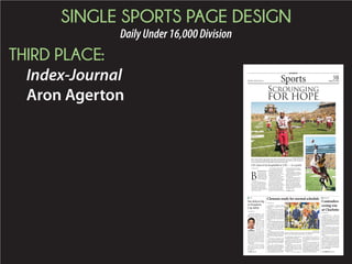 SINGLE SPORTS PAGE DESIGN
DailyUnder16,000Division
HONORABLE MENTION:
Aiken Standard
Eric Russell
Sports AIKENSTANDARD.COMB SUNDAY, March 29, 2015 CONTACT: Noah Feit, nfeit@aikenstandard.com
All-AikenStandard2015
Basketball team
ts AIKENSTATT NCONTACT: Noahhh FeitFeitFeitFeitFeitFeitFeitFeitFeitFeitFeitth Fh FeitFeiFeittFeie ,,,, nfeit@nfeinfeit@fnfeit@feit@nfefeit@feit@feit@eit@it@t@t@feit@, nnfeinfeit@nfeit@feit@feit@it@, nnfnfeinfeit@ffnfeife @@eit@@@, nnfeit@nfeit@nfeitfeit@fefeit@nfeit@@feit@@@nnnnfeinffeit@fefeeeeit@it@tt@nfeit@nfeitfefeeit@it@@eit@nnfeit@eiifeit@,, nffnfeitnfee, nfei @@@nnfe t, @@@aikensiaikenaikenstaikenstikenstikaikenkkaikenskenenstnstaikensaikensaikenstttataaaikensaikenstaaikenkkaikeensttaaikkkkaikennaikenikenstaaa kkaikkaikenaikenaikenkkkenaaaikenkkkkeaikenna kkkkkeeeaaaaikkkkkeeeaaa kkkkke ttaaaaikekkkee taannddddddard.cararararrdd.arddd.dard.connnddddararrd cndddd d.cnndanndddaarrnn d.d.cnndda cnndar cnnnnda .cnnnnnd r . m
d
Jaquez Smith
Guard, North Augusta
Class AAAA All-State selection
19.4 ppg
45% 3-point pct.
Kalief Freeman
Forward, Williston-Elko
Class A All-State selection
19.5 ppg
9.5 rpg
Daquarius Johnson
Forward, Strom Thurmond
Class AA All-State selection
16.7 ppg
Playerofthe
Year
Brandyn Quiller
Guard, Fox Creek
Class A All-State selection
18.9 ppg
3.4 spg
Daniel Carr
Guard, Midland Valley
selection
the Year
ikennnnnnnnnnnnnnnnnnnnnnnnnnnnnnnnnnnnnnnnnnnnnnnnnnnnnnnnnnnnnnnnnnnnnnnnnnnnnnnnnnnnSSSSSSSSSSSSSSSSSSSSSSSSSSSSSSSSSSSSSSSSSSSSSSSSSSSSSSSSSSSSSSSSSSSSSSSSSSSSSSSSSSSSSSSSSSSSSSSSSSSSSSSSSSSSSSSSSSSSSSSSSSSSSSSSSSSSSSSSSSSSSSSSSSSSSSSSSSSSSSSSSSSSSSSSSSSSSSSSSSSSSSSSSSSSSSSSSSSSSSSSSSSSSSSSSSSSSSSSSSSSSSSSSSSSSSSSSSSSSSStttttttttttttttttttttttttttttttanBasasaaaaasaaaasaasasaassssaaaassaaaaasssaaaaassassaaaa ketball team
Zymbraya Corley
Guard, Wagener-Salley
Class A All-State selection
13.5 ppg
5.4 apg
Pl
ayeroftheYear
Raven
Valentine
Monetta
Cyntherria Sullivan
Guard, Strom Thurmond
Class AA All-State selection
11 ppg
4 apg
Jhay Graham
Guard, Aiken
Class AAA All-State selection
8.4 ppg
3.2 spg
Kippen Wallace
8.7 rpg
Boys Girls
Mark Snelgrove
Midland Valley Aiken
BOYS
idland Valley, F
orth Augusta, G
outh Aiken, F
ox Creek, G
orth Augusta, C
GIRLS
idge Spring-Monetta, G
orth Augusta, G
idland Valley, G
iken, C
ilver B , G
SECOND TEAM
GOLF GLANCE
PGA Tour
Texas Open
KevinKisner
+6 (T49)
struggled to
a 76 Satur-
day that in-
ScottBrown
+4 (T33)
Brownmade
wereout-
Web.com Tour
Louisiana Open
Matt Atkins
+2 (CUT)
Atkinsmissed
twoshots
onholes16
and17.
FROM THE SIDELINES
Logano wins truck race
in sprint at Martinsville
MARTINSVILLE, Va. (AP)
— Joey Logano passed Matt
start a two-
lap sprint
and won
an exciting
NASCAR
Martinsville
Speedway
The Day-
tona 500
champion
won for the
the 26th driver to win in all three
of NASCAR’s top series.
came after a wild near ending in
-
-
line for the lead.
Big innings doom Tigers
again against Deacons
-
away for a 7-3
victory over
Clemson at
-
Demon Dea-
lead in the series over the Tigers
(12-13, 4-7).
1 p.m.
To report a score or con-
tact Noah Feit, Sports
AikenStan-
dard -
enstandard.com or call
Logano
Bulldogs take two
from Gamecocks
COLUMBIA — The No. 7
win in 11 innings
game, which was
the 11th gave UGA the win.
ninth, USC lost the nightcap 4-3.
INSIDE TODAY
Mustang Madness
-
See Story on 5B
Fighting for Four
over North Carolina and will try to advance to
the Final Four today. See Story on 3B
Back to Badgers
See Story on 4B
 