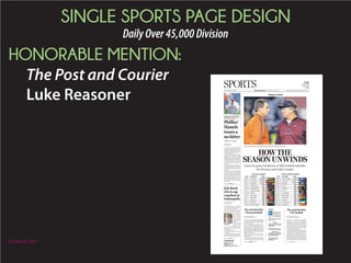 SINGLE SPORTS PAGE DESIGN
Daily16,000-45,000Division
FIRST PLACE:
Morning News
Stephen Guilfoyle
BY LOU BEZJAK
Morning News
lbezjak@ﬂorencenews.com
LEXINGTON — Dillon has
been known for its record-set-
ting offense this season.
But it was a play by its defense
that turned things around in
Friday’s Class 2A Division I title
game.
Senior Randall Davis returned
a fumble 99 yards for a touch-
down four minutes into the
third quarter, a play that sent
the Wildcats on their way to a
49-27 win over Newberry at Riv-
er Bluff High School. The vic-
tory marked the third consecu-
tive state title for Dillon and
the program’s ﬁrst undefeated
season.
“That was the big play of the
game,” an emotional Dillon
coach Jackie Hayes said. “Hats
off to our football team. They
played outstanding. You always
dream about going undefeated
and our players put in the ef-
fort. I dressed out our JV foot-
ball team because I wanted
them to be part of something
special and hopefully they re-
member it.”
The title gives Hayes and the
Wildcats ﬁve championships in
the last seven years. It was the
fourth different venue in which
BY LOU BEZJAK
Morning News
lbezjak@ﬂorencenews.com
FLORENCE — Spartanburg’s
high-powered offense lived up to
its billing Friday night at Memorial
Stadium.
Quarterback Austin Scott threw
six touchdowns, and running back
Tavien Feaster scored four TDs as
the Vikings used a second-quarter
barrage to defeat South Florence
63-30 in the Class 4A Division II
semiﬁnal game.
Spartanburg (11-3) advances to
its ﬁrst state title game since 2001
and will play York at noon on Dec.
6 atWilliams-Brice Stadium.
“We got some weapons over
there on the offensive side and
I would hate to defend them,”
Spartanburg coach Chris Miller
said. “Our coaches put them in
SATURDAY, NOVEMBER 29, 2014 SECTION C
INSIDE
Scoreboard, 2C
College Football, 4C
College HoopsCollege Hoops
Lady Gamecocks
win again as No. 1
PAGE 2C
THe Associated Press
CLEMSON — No. 23 Clemson hopes
its ﬁve-year countdown is coming to a
close.
TheTigers(8-3)havelostaschool-
worst ﬁve straight games to rival
South Carolina (6-5), a streak so
distastefulthatClemsoncoach-
es installed countdown clocks
last spring to remind players
of the need for change.
The chance comes Satur-
day, when the teams close
the regular season at Death
Valley in the 112th meeting
in a series the Tigers (No.
21 College Football Playoff)
have dominated 64-42-4 —
except the past ﬁve seasons.
“It’s not something that’s ruined our
six years here,” Clemson coach Dabo
Swinney said. “But it’s something that
we’ve got to get changed.”
In a state without major professional
sports teams, Palmetto State fans spend
most of the year celebrating their team’s
win or waiting for the next chance to get
on top.
For South Carolina supporters, the
party’s lasted 1,793 days since Game-
cocks won 34-17 in 2009. When Game-
cocks coach Steve Spurrier arrived after
the 2004 season, he had all the “Beat
Clemson” signs removed from the
complex, saying there were plenty
of other important games for his
players to worry about before its
yearly battle with the Tigers.
That approach has worked
well. Spurrier long ago became
the school’s all-time leader in
coaching victories — he’s at 83 and
counting — and South Carolina has
been among college football’s best
with three straight 11-win seasons
from 2011 through 2013.
SOUTH CAROLINA
AT NO. 23 CLEMSON
When:: Noon, Saturday
Where: Memorial Stadium, Clemson
TV: ESPN
South Carolina football coach
Steve Spurrier.
Clemson football coach
Dabo Swinney
No. 23 Clemson wants countdown to end
The Palmetto Bowl
See PALMETTO, Page 5C
See H-K-T, Page 5C
See SOUTH, Page 5C
See DILLON, Page 5C
PREP FOOTBALL PLAYOFFS
Class 2A Division I Championship Class A Division II
Championship
VEASEY CONWAY/MORNING NEWS
Dillon High School’s C.J. Sowells (left) embraces teammate J.T. Carmichael on the sidelines as the Wildcats faced off against Newberry High School
in the Class 2A Division I championship Friday at River Bluff High School in Lexington. Dillon won, 49-27, for its third straight title and ﬁrst unbeaten
season in school history.
DYNASTY ROLLS ON
Class 4A Division II Semiﬁnal
Vikings feast on Bruins
Hammonds
leads H-K-T
past Gators
BY BRANTLEY STRICKLAND
The (Orangeburg) Times  Democrat
COLUMBIA — Jarius Jenkins
ﬁnished his career with ﬂourish
to help give Hunter-Kinard-Ty-
ler its second consecutive Class
A Division II state champion-
ship on Friday with a 42-28 vic-
tory over Lake View at Benedict
College’s Charlie W. Johnson Sta-
dium.
Jenkins, H-K-T’s all-time lead-
ing rusher with more than 4,000
career yards, ﬁnished with 132
yards on 16 carries and three
touchdowns, the last of which
was a 13-yarder that iced the
game with 3:04 remaining.
The 2013TD Player of theYear
saves his biggest performances
for the biggest stage — and his
birthday.
A year ago on Nov. 29, Jenkins
rushed for 213 yards on 22 car-
ries vs. Timmonsville. This year,
the repeat championship came a
day before his 18th birthday.
“This is real special,” Jenkins
said. “These guys are like a fam-
ily to me, and we always come
together when bad things hap-
pen, and that’s how we were able
to win this game.”
That and Trojans’ quarterback
Khaliq Anthony and wide receiv-
er Darius Hammonds. The duo
hooked up for two touchdown
passes and Hammonds added an
89-yard kickoff return late in the
second quarter that gave theTro-
jans a 28-14 lead at the break.
Hammonds ﬁnished with 107
receiving yards and 160 return
yards.
The Trojans’ defense helped
get HKT (13-2) on the board ear-
ly. Tyren Brooks recovered a Lake
View fumble at the Wild Gators’
5-yard line to set up Jenkins’ 1-
yard touchdown run three plays
later. TheWild Gators (10-4) nev-
er got closer than six points.
“Our defense has been carrying
Dillon wins third consecutive state title, ﬁfth in seven years
Dillon High School’s Johnny Allen (left) pushes past Newberry High
School’sXizabian Boyd during the Class 2ADivision I championship game
Friday at River Bluff High School in Lexington. Dillon won 49-27.
VEASEY CONWAY/MORNING NEWS
South Florence’s Hykeem White hangs his head after dropping a pass
near the end zone as South Florence lost to Spartanburg High 63-30 in a
playoff game Friday night at Memorial Stadium in Florence.
INSIDE
» Hartsville headed back
to state after wild double-
overtime win over Marlboro,
Page 3C
ON THE WEB
» Photo Galleries and video
from Friday’s playoff and
state championship games,
go to www.scnow.com
 