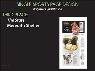 SINGLE SPORTS PAGE DESIGN
DailyOver45,000Division
C1 July 26, 2015
HONORABLE MENTION:
The Post and Courier
Luke Reasoner
Poll: Which game
do you think will
be the toughest
for Clemson and
South Carolina football this
year?
Go to postandcourier.com/
polls to vote.
Clemson
Read Aaron Brenner’s blog at
postandcourier.com/blog/
tiger-tracks.
GetmoreClemsonnewsat
postandcourier.com/tigers.
SouthCarolina
ReadDavidCaraviello’sblogat
postandcourier.com/blog/
spur-of-the-moment.
GetmoreUSCnewsat
postandcourier.com/
gamecocks.
BY DAN GELSTON
Associated Press
INDIANAPOLIS — Kyle Busch
has the kind of trophy collection
most NASCAR drivers would envy:
monsters, lobsters, even wine.
He has visited victory lane 32 times
in his Sprint Cup career — and with
wins in the last
two races and
three of the last
four, the Joe
Gibbs Racing
driver is used to
raising the ulti-
mate prize over
his head.
But in The Big
Ones, the series’
marquee races
where a victory stamps a driver for
generations, Busch has gone home
empty-handed.
0 for the Daytona 500.
0fortheCoca-Cola600atCharlotte.
0 for Indy.
Oh,howBuschwisheshecouldtake
the checkered flag just once in one of
those races. He tries again Sunday at
Kyle Busch
tries to cap
comeback at
Indianapolis
BY AARON BRENNER
abrenner@postandcourier.com
CLEMSON — Follow the bouncing ball that
isClemson’s2015footballschedule,notloaded
withheavyweightsbutmorecomplicatedthan
it looks at first glance.
Start with the two lower-conference oppo-
nents — Wofford and Appalachian State —
who should be out of it by halftime, but look
closer: they return a combined 39 starters and
utilizepolaroppositesystemsonoffense.That’s
no way to break in a reshuffled offensive line,
eightnewdefensivestartersandaquarterback
fresh off major surgery.
Then on four days’ rest, a road trip to an
unforgivingvenueagainstapotentiallyranked
Louisville team.
After two weeks off, a three-game home-
stand begins with a visit from Notre Dame,
the second-winningest program in college
The road ahead for
Clemson football
BY DAVID CARAVIELLO
dcaraviello@postandcourier.com
COLUMBIA — At first blush, the schedule
shapes up as a favorable one. Just four true
road games, a new cross-divisional opponent
coming off its worst season in five years, and
three consecutive contests at Williams-Brice
Stadium to close the season. Indeed, South
Carolina’s football slate sets up very well for a
Gamecocks team trying to rebound — if USC
doesn’t stumble out of the gate.
It’s been a long time since two games to open
the season have loomed as large as the Game-
cocks’ first pair of contests to begin the 2015
campaign. North Carolina and Kentucky are
beatable opponents coming off mediocre sea-
sons, and have much further to go than even a
USCsquadlookingforanewquarterbackand
defensive line. But the Gamecocks seem likely
to once again dance on that razor’s edge, and
The road ahead for
USC football
HOW THE
SEASON UNWINDS
Game-by-game breakdown of 2015 football schedules
for Clemson and South Carolina
Online
College Football
South Carolina Schedule
DATE OPPONENT TIME
Sept. 3 vs. North Carolina 6 p.
Sept. 12 vs. Kentucky 7:3
Sept. 19 at Georgia 6 p.
Sept. 26 vs. UCF T
Oct. 3 at Missouri T
Oct. 10 vs. LSU T
Oct. 17 vs. Vanderbilt T
Oct. 31 at Texas AM T
Nov. 7 at Tennessee T
Nov. 14 vs. Florida T
Nov. 21 vs. The Citadel T
Nov. 28 vs. Clemson T
Clemson Schedule
DATE OPPONENT TIME
Sept. 5 vs. Wofford 12:
Sept. 12 vs. App State 12:3
Sept. 17 at Louisville 7:3
Oct. 3 vs. Notre Dame
Oct. 10 vs. Georgia Tech
Oct. 17 vs. Boston College
Oct. 24 at Miami
Oct. 31 at N.C. State
Nov. 7 Florida State
Nov. 14 at Syracuse
Nov. 21 Wake Forest
Nov. 28 at South Carolina
WHAT: Brickyard 400
WHERE: Indianapolis
SCHEDULE: Sunday, 3:30 p.m.
(NBC Sports Network, 3-7:30 p.m.)
Coming up
FILE/AP
Clemson coach Dabo Swinney and South Carolina’s Steve Spurrier will face off on Nov. 28.
BY JAY COHEN
Associated Press
CHICAGO — The scouts packed the
seats behind home plate, and Cole
Hamelsputonquiteashow.Thelanky
left-handerwasdominantonapictur-
esque afternoon at Wrigley Field.
Quite the timing, too.
Hamels struck out 13 in baseball’s
third no-hitter of the season, leading
Philadelphia to a 5-0 victory over the
Chicago Cubs on Saturday in what
mightbehisfinalstartforthePhillies.
The 2008 World Series MVP has
been mentioned prominently in
trade talks as the July 31 deadline ap-
proaches.
“It’ssomethingwhereyoujustgoout
thereandenjoythemoment,”Hamels
said. “What I want is to be successful
at it. I enjoyed the moment and this
happened.”
Hamels (6-7) was in control right
from the start against the contending
Cubs, and then got some help from
rookie center fielder Odubel Herrera
in the final two innings. It was the
fourth no-hitter for catcher Carlos
Ruiz, including the playoffs, accord-
ing to STATS tops in NL history and
tied with Jason Varitek for the major
league record.
Phillies’
Hamels
tosses a
no-hitter
Kyle Busch
MATT MARTONA/AP
Philadelphia’s Cole Hamels gets
doused after pitching a no-hitter
against the Chicago Cubs.
Phillies 5, Cubs 0
Please see BUSCH,Page C5
Please see CLEMSON,Page C6 Please see USC,Page C6
Please see HAMELS,Page C3
Contact: Malcolm DeWitt, mdewitt@postandcourier.comPOSTANDCOURIER.COM
SPORTSSunday, July 26, 2015C1
Inside
Wrestling, C4
Outdoors, C7
Golf, C8
 
