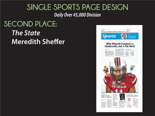 SINGLE SPORTS PAGE DESIGN
DailyOver45,000Division
March 22, 2015
THIRD PLACE:
The State
Meredith Sheffer
C
ontacted via email at
his Denver law of-
fice, South Carolina
basketball legend
John Roche was
quick to respond to an inquiry
concerning a March 24, 1968,
late-night fire that destroyed the
Carolina Field House on the
USC campus.
That year, Roche had complet-
ed a much-heralded freshman
season of basketball in the Field
House along with budding star
teammates John Ribock, Tom
Owens and Billy Walsh. The
much-anticipated move to play
in the soon-to-be-completed
Carolina Coliseum was an off-
season of workouts away.
“In the spirit of honesty and
integrity,” Roche replied in an
email, “I must confess that it is
my opinion that Bobby Cremins,
at the urging of Frank McGuire
and with the assistance of Cor-
key Carnevale, burned down the
Field House to insure that the
Carolina Coliseum would be
IN SUNDAY BUSINESS: EVERYONE NOT HAPPY ABOUT NEW BUSINESS COMING TO THE VISTA B14
Last season, Gerald Dixon
and Jordan Diggs led South
Carolina with two sacks each.
Marquavius
Lewis looks like
the kind of guy
who could knock
the quarterback
down twice get-
ting off the bus.
“Uh … big
guy,” linebacker
Skai Moore said
when asked his
first impressions of Lewis.
“I feel good having him in
front of me, big body, very ath-
USC FOOTBALL
New DE
making big
impression
Teammates glad to
have JUCO transfer
By JOSH KENDALL
jkendall@thestate.com
Lewis
INSIDE
Notebook and Kendall’s
observations from Sat-
urday, B8
GOGAMECOCKS.COM
Photo gallery plus videos
with Marquavius Lewis
and Steve Spurrier.
SEE LEWIS PAGE B8
Points and rebounds always
can be replaced.
There’s no replacing every-
thing else.
“There won’t be another
Aleighsa Welch on this team,”
two-time SEC Player of the
Year Tiffany Mitchell said.
“We’ll try, but there’s no one
else who can do what she does.
Therewillnever beanother one
to wear a South Carolina jersey
and be able to do that.”
It’s not the standard talk for a
senior. It’s not coach speak.
South Carolina’s staff and
players know the end is near,
and they don’t want to think
about it. They only want to give
their most indispensable player
a gift that would somehow
equal what she has given them
for four seasons, so when it
doesend,itendsinthebestway
Welch’s
impact is
beyond
measure
By DAVID CLONINGER
dcloninger@thestate.com
SUNDAY’S GAME:
USC vs. Syracuse
WHERE: Colonial Life
Arena
WHEN: 7 p.m.
TV: ESPN
INSIDE
Ron Morris column
and notebook, plus
NCAA women’s
scores, schedule, B11
GOGAMECOCKS.COM
Videos: USC, Syracuse
coaches and players
preview Sunday’s game
SEE WELCH PAGE B11
NCAA
REGIONALDOWN GOES A NUMBER ONE SEED
No. 8 seed North Carolina State channeled
some March Madness magic to earn a berth
in the Sweet 16, upsetting top-seeded Big
East champion Villanova, 71-68.
ROUNDUP, SCORES AND SCHEDULE, B10
Ron
Morris
Columnist
rmorris@
thestate.com
THE FIELD HOUSE FIRE in 1968 helped
expedite construction of Carolina
Coliseum. Was coach Frank McGuire
involved? You be the judge.
Questions
and
rumors are
all that
remain of
the 1968
fire that
destroyed
the
Carolina
Field
House.
FILE PHOTOS/THE STATE
SEE FIRE PAGE B4
C O L U M B I A ɀ S O U T H C A R O L I N A
SUNDAY, MARCH 22, 2015 ɀ WWW.THESTATE.COM ɀ PAGE B1
SUNDAY
SPORTS
 