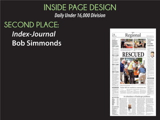 INSIDE PAGE DESIGN
DailyUnder16,000Division
THIRD PLACE:
The Sumter Item
Melanie Smith
THE SUMTER ITEM LOCAL SATURDAY, AUGUST 8, 2015 | A3
$90ONLINE ONLYONLINE ONLY
SUBSCRIPTIONSUBSCRIPTION
MODERN STUDENT
SPECIALSPECIAL
FOR SCHOOL TERM.
Remember when print editions of The Sumter Item arrived in
your college dorm mailbox three at a time, several days late?
You loved that hometown news, especially the Police Blotter.
It’s a new world, so we’re making it easy for your MODERN
YOUNG SCHOLARS to stay informed about Sumter
happenings by offering a SPECIAL ONLINE ONLY, FULL-
ACCESS DIGITAL SUBSCRIPTION for just $90 for the
school year.* That’s just $10 a month.
In between texting, Instagramming and Tweeting, your hard-
working high school and college students will have full access
to TheItem.com on their phone, tablet or any other device
you’re still paying for. They might even start thinking about
what comes next in the real world. Maybe even a job.
* Call CIRCULATION at 803-774-1258
to set up your account with one of our
friendly customer service representatives.
Local students of all ages are eligible for
the SPECIAL STUDENT RATE.
Call your sales
representative or
803-774-1237
It’s time to get out yourIt’s time to get out your
stadium seats.stadium seats.
Join our winning teamJoin our winning team
of advertisers!of advertisers!
AD DEADLINEAD DEADLINE
August 12, 2015August 12, 2015
PUBLISH DATEPUBLISH DATE
August 20, 2015August 20, 2015
........Cash in a FLASH........
480 E. Liberty St. Sumter, SC 29150480 E. Liberty St. Sumter, SC 29150
((inside Coca-Cola Building))
803-773-8022803-773-8022
We Buy: Gold  Silver Jewelry, Silver CoinsGold  Silver Jewelry, Silver Coins
 Collections, Sterling/.925, Diamonds, Collections, Sterling/.925, Diamonds,
Pocket Watches, Antiques  EstatesPocket Watches, Antiques  Estates
Mon. - Fri. 8:30 - 5:30 PM • Sat: 8 - 2 PMMon. - Fri. 8:30 - 5:30 PM • Sat: 8 - 2 PM
Lafayette Gold  Silver ExchangeLafayette Gold  Silver Exchange
Inside Vestco Properties
PHOTOS BY JIM HILLEY /THE SUMTER ITEM
Sam Louis Tisdale, right, competes Friday at Carolina Motorsports Park during practice before the Rotax MAX Challenge U.S. Grand National Finals, which will be held on Sunday.
Tuning his racing skills to the MAX
Mayesville 7th-grader to compete
in go-kart finals at Kershaw track
A WEEKEND
AT THE RACES
Today’s racing will be heat races,
with gates opening at 7 a.m.
and racing beginning at 8:50
a.m. Each class will have three
heat races, with racing ending
about 4 p.m. An average of the
heat race finishes determines the
starting positions for Sunday’s
races.
Gates will open at 7 a.m.
Sunday, with warm-ups from 8
to 9 a.m. and the drivers’parade
at 9:15 a.m.
Pre-finals are from 9:45 to 11:30
a.m., and finals are from 12:35
p.m. to 3:45 p.m.
The podium celebrations will
be at 4 p.m.
Carolina Motorsports Park is
on U.S. 521, about 17 miles north
of Camden. There is no
admission fee for spectators.
For more information, call (803)
475-2448.
BY JIM HILLEY
jim@theitem.com
C
AMDEN — Sam
Louis Tisdale’s
Mini Max Go Kart
team didn’t bring a six-
figure budget to the
Rotax MAX Challenge
U.S. Grand Nationals at
Carolina Motorsports
Park, unlike many of the
teams competing at the
track through Sunday.
The 12-year-old from
Mayesville isn’t sitting in
one of the huge tile-floored
tents emblazoned with team
logos some
of the other
teams have.
There’s no
16-wheel
hauler com-
plete with a
portable ga-
rage backed
up to his
working
area. The
team doesn’t
have the
three or four
chassis to
evaluate dur-
ing practice
to determine
which one is
quickest
around the
track that others have. Crew
members for the No. 132
kart — which include his fa-
ther, Louis Tisdale, and
“tuners” Joey Mooneyham
and Tim Shutt — don’t have
matching uniforms or even
matching T-shirts. “Tuners”
are the mechanics who use
their skills to adjust the
karts to make them faster.
But David only needed a
sling and a rock to slay Goli-
ath, and Sam Louis isn’t
afraid to race against the
nation’s best this weekend
when the eyes of the go-kart
world will be focused on
South Carolina.
What Sam Louis does have
is dedication and talent and
a father who backs him up
at every turn. Having
Mooneyham, considered one
of the best tuners around, in
his corner can’t hurt either.
Sam Lewis said he was “a
little nervous,” but the Wil-
son Hall seventh-grade stu-
dent wasn’t showing it as he
helped with his kart, scarfed
pizza and
played with
his cellphone
between
practices.
“I feel
pretty good,”
he said after
timed prac-
tice Friday.
“Sometimes
better than
others. The
car was a lit-
tle tight.”
Sam Louis
is racing in
the MiniMAX
series, for
kids 9 to 12
years old. For
drivers ages 7
to 10 there is the MicroMAX.
For older drivers there is the
Junior MAX (13 to 14), Senior
MAX (15 and older), Masters
MAX (32 and older) and DD2
(15 and older) and DD2 Mas-
ters (32 and older).
All of the classes are run
with sealed race engines
meant to be equal in horse-
power. In the progressive
age groups, the engines pro-
duce more horsepower. In
the MiniMAX class, engines
produce approximately 13.5
HP, while other classes
range to as much as 32.6 HP.
Qualifying was held Fri-
day at the track, with Sam
Louis initially qualifying
fifth in the MiniMAX group,
despite being spun out and
it beginning to rain during
the qualifying session.
“Sam Louis is feeling good
about it,” his dad said after
the qualifying. “Fifth puts
him in the Superpole quali-
fying, and that’s what we
wanted.”
Louis Tisdale said earlier
the team was hoping to
avoid rain because they
don’t get much practice on a
wet track.
“It’s hard on equipment and
on our budget; we try to pro-
tect our equipment,” he said.
Louis Tisdale said all the
times for the top six in the
initial qualifying were with-
in one tenth of a second.
“We have a chance to im-
prove our position in the Su-
perpole,” he said.
Sam Louis talks to tuner Tim Shutt in the garage at Carolina Motors-
ports Park before the Rotax MAX Challenge U.S. Grand National Finals.
Louis Tisdale pushes his son’s kart
back to the garage after practice.
STATEBRIEF
FROM ASSOCIATED PRESS REPORTS
Sheriff: Man likely knows
who killed 4 people
ORANGEBURG — A man
who sold drugs from the
South Carolina home where
his two teenage daughters
and two other people were
killed in July has been lying
to deputies and likely knows
who killed them, a sheriff
said Friday.
But a lawyer for Christo-
pher Wright later said in a
bond hearing that Wright
has given information to
four detectives and taken a
lie detector test because he
has no idea who the killers
are.
Wright was charged Friday
with three counts of child en-
dangerment, trafficking co-
caine and obstruction of jus-
tice, said Orangeburg County
Sheriff Leroy Ravenell.
A visibly frustrated Ravenell
then called a news conference
to say he is taking this case
personally, especially because
his deputies haven’t been able
to pinpoint a suspect in the
deaths of the teens, Wright’s
fiancee and a man.
 