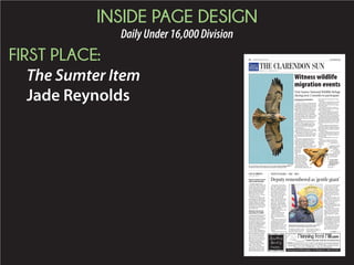 INSIDE PAGE DESIGN
DailyUnder16,000Division
SECOND PLACE:
Index-Journal
Bob Simmonds
2AAugust 21, 2015
FRIDAY
Regional
TODAY
Index-Journal’s
Community Calendar is a
public reminder of special
events and meetings
sponsored by civic clubs,
community groups and
governing bodies for up to
seven days of publication.
Deadline for these items is
seven days prior.
■ 10 a.m. – Early Bird A.A., 113
Mason St.
■ 6:30 p.m. – A.A., Happy Hour
Group, Ware Shoals Family Medicine,
157-B Greenwood Ave., Ware Shoals,
Community Room. Open discussion; non-
smoking.
■ 7:30 p.m. – McCormick A.A.,
McCormick County Senior Center, 1421
S. Main St.
■ 8 p.m. – Night A.A., 113 Mason St.
■ 8 p.m. – Narcotics Anonymous,
Immanuel Lutheran Church, 501 E. Cre-
swell Ave.
SATURDAY
■ 9:30 a.m. – Weight Watchers at
Harris Baptist Church, 300 Center St.
■ 10 a.m. – Early Bird A.A., 113
Mason St.
■ 10:30 a.m.-2:30 p.m. – Green-
wood Chess Club, Dairy Queen, 217
Bypass 72 N.W. Any age and any skill
level welcome; both casual and tourna-
ment play. Free and family friendly.
■ 8 p.m. – Greenwood A.A., 113
Mason St.
■ 8 p.m. – Night A.A., 113 Mason St.
■ 8 p.m. – Narcotics Anonymous,
Immanuel Lutheran Church, 501 E. Cre-
swell Ave.
SUNDAY
■ 10 a.m. – 11th Step A.A., 113
Mason St.
■ 2-5 p.m. – Cokesbury College,
Hodges, open for tours.
■ 4 p.m. – Greenwood-Ninety Six
Chapter of NAACP, Youth meeting at
Macedonia Baptist Church.
■ 7 p.m. – Narcotics Anonymous,
Abbeville Civic Center.
■ 8 p.m. – Night A.A. and Al-Anon
Family Group, 113 Mason St.
MONDAY
■ 10 a.m. – Early Bird A.A., 113
Mason St.
■ 1-2:30 p.m. – National Alliance on
Mental Illness (NAMI), Greenwood Chap-
ter, peer support group for persons with
mental illness, at Greenwood County
Library, First Floor Conference Room 1.
■ 5:30 p.m. – West Side A.A., St.
Mark UMC, 550 Bypass 72 N.W.
■ 6 p.m. – Greenwood Breeze Group,
support group for individuals who live with
spinal cord injury, at Greenwood County
Library Veterans Auditorium. RSVP to
Kervin Searles, 864-942-7124; email
ksearles@burtoncenter.org.
■ 6:15 p.m. – Heritage Sertoma
of Greenwood, dinner, 6:15, meeting,
6:45, Sertoma Foundation Building, 111
E. Alexander Ave. Prospective members
welcome. Call 864-543-3605.
■ 6:30 p.m. – Mathews Lions Club at
Avery’s Restaurant, Ninety Six Highway.
Call 864-229-6817.
■ 7 p.m. – Abbeville A.A., Trinity Epis-
copal Church parsonage, 103 Bowie St.
■ CALENDAR
GIVE US A CALL
■Accent.............................943-2529
■Advertising......................943-2509
■Business news ................223-1811
■Circulation ......................223-1413
■Campus news.................223-1811
■Classifieds ......................223-1411
■Editorials.........................943-2522
■Engagements .................943-2529
■Entertainment.................943-2529
■News Tips .......................943-2513
■Obituaries.......................223-1811
■Religion...........................223-1811
■Weddings........................943-2529
■Sports .............................223-1813
DROP US A LINE
■Email news releases to
newsrelease@indexjournal.com
■Email weddings, anniversaries and
engagements to
weddings@indexjournal.com
■Email church news to
religion@indexjournal.com
■Email business news to
businessnews@indexjournal.com
■Email executive editor
Richard Whiting at
rwhiting@indexjournal.com
■Email letters to the editor and guest
views to letters@indexjournal.com
An abundance of landscape problems
I
n the natural or landscape world
insects, diseases and environmen-
tal stress are at work on many of
our landscape plants all year long.
Signs and symptoms of these attacks
increase during mid-late summer. 
After six samples of dead or dis-
eased plant material or insects arrived
one morning recently for help with
identification and treatment options,
I realized now is the time of the year
that many problems become recog-
nizable once symptoms develop on
stressed plants resulting in leaf spots
or drop. Insects mature or multiply to
numbers that cause significant plant
damage and are noticed.
One insect showing up in trees is
webworms. Webworms are caterpil-
lars that surround themselves with a
silken web to protect themselves from
birds and forage on tree leaves. The
classic, not safe method of control;
find a 20-foot bamboo pole, tie some
old rags to the small end, soak in gaso-
line, light and run the pole up to the
offending spot and burn those nasty
worms out of the tree. This method is
not recommended by Clemson Exten-
sion. You can set the woods or grassy
areas on fire controlling webworms
using the above methods. Webworms
are more cosmetic than damaging to
trees and cycle through quickly.
There are several shrubs and trees
suffering from various leaf spot dis-
eases this year. Most of the leaf infec-
tions occurred during
wet periods during
the spring. They
become noticeable
when the dead tis-
sue areas enlarge or
change color or entire
leaves start to drop.
Three of the many
woody plants affected
are crape myrtles,
ornamental cherry
trees and hydrangea
shrubs. Since most
of the infections
occurred during the spring fungicide
sprays at this point are not very effec-
tive. Sanitation is an important control
measure for future management. You
should remove dead leaves during the
season and this winter to reduce spore
inoculum density next season. Mulch
plants lightly to conserve water and
if you irrigate avoid wetting foliage of
small trees and shrubs or overwater-
ing plants in general. Fungicides are
available but would need to be applied
starting in spring with new leaves and
is often impractical on larger trees.
Plant genetic makeup plays a role
with plants such as crape myrtles.
Many of the named cultivars have
information on resistance to cerco-
spora leaf spot which is a common
disease causing defoliation on suscep-
tible cultivars. Infection levels vary
with susceptible plants and are higher
during seasons when wet weather
provides wet conditions for infection
while leaves are young and tender.
Susceptible clones or cultivars planted
next to resistant ones often will defoli-
ate while resistant plants will have
little or no infection.
A more difficult problem that is on
the increase are two different four-
legged critters. Wild hogs and arma-
dillos are now roaming many areas
of the Lakelands causing residential
damage and crop damage. There are
no easy solutions to either problem.
Exclusion with good fencing can
help, but trapping is often necessary
to reduce, but not eliminate the pests.
We have lists of trappers at our office
or they can be found on the SCDNR
website.
For information, call 864-223-3264
or stop by the Extension office on East
Cambridge Avenue.
New Master Gardener Class
The 2015 Lakelands Master Gar-
dener Class starts Aug. 18. Class
will be from 6-9 p.m. on Tuesdays
through Nov. 17. Cost is $300. Some
partial scholarships are available; call
for information and form. General
registration is online at: https://www.
regonline.com/MGGRWF15. Regis-
tration deadline is Aug. 13 or a late fee
applies.
Hodges is a Clemson Extension
agent in Greenwood County. He can be
reached at 864-223-3264.
CLEMSON
EXTENSION AGENT
JAMES
HODGES
These arrests were reported
this past week by the Greenwood
Sheriff’s Office, Greenwood Police
Department, Ninety Six Police
Department, Ware Shoals Police
Department and other agencies.
Those listed here who have their
charges dropped or are found not
guilty can provide official documen-
tation of the action to Index-Journal
for publication of the case’s out-
come.
Sebastion Barnard Thomas, 38,
of 401 Milwee Ave., Greenwood,
manufacture, distribution, etc., of
cocaine base.
Samantha Joy Sexton, 20, of 116
Shrine Club Road, Greenwood, finan-
cial transaction card fraud.
John Earl Bailey Jr., 35, home-
less, third degree arson.
Robert Lee Hendrix, 45, of 87
Smith St. Extension, Ware Shoals,
possession of methamphetamine.
Elaine Faye Wilson, 28, of 2718
Nation Road, Hodges, financial trans-
action card fraud.
Joe Norris Williams, 56, of 109
Rebecca Drive, Greenwood, third-
degree arson.
ARREST REPORTS
Bradley Wayne Craft, Greenwood,
and Tami Knight Harrison, Greenwood.
Stephen Edward Robertson Jr.,
Greenwood, and De Cole Le Kisha
Shoemate, Greenwood.
Thomas Lee Harmon, Greenwood,
and Frances V. Rodriguez, Greenwood.
Joshua Lewis Latimer, Greenwood,
and Tandria Kenyatta Hawthorne,
Greenwood.
James Edgar Simpson, Greenwood,
and Jackie Hughes Barnes, Green-
wood.
Willie Franklin Devette, Abbeville,
and Dearlee Lane Stowers, Abbeville.
MARRIAGE LICENSES
■ WARESHOALS
From staff reports
The Greenwood Drug Unit
has made a second arrest in
connection to a February
drug bust.
Jody Wayne Smith, 56, of
93 Smith St. Extension in
Ware Shoals
was arrested
T u e s d a y
and charged
with manu-
f a c t u r i n g
m e t h a m -
phetamine
and improp-
er disposal
o f m e t h
waste, according to narcotics
agent Bryan Louis.
On Feb. 25, agents searched
Smith’s residence and found
materials used to manufac-
ture meth along with waste
associated with the process.
Anthony Laine Redd, 39, of
27 Smith Street was arrest-
ed at that time on charges
of manufacturing meth,
improper disposal of meth
waste and possession of ice.
Smith was not arrested at
that time because investiga-
tors wanted him first treated
for medical conditions, said
Louis. Investigators had an
agreement with Smith that he
would turn himself in the fol-
lowing week. 
Louis said Smith was
not arrested during the six
months since that incident
because the drug unit was
busy with other investiga-
tions.
Geannie Mobley is still
wanted in connection to the
drug bust.
2nd arrest
made
in earlier
meth bust
JODY
W. SMITH
Worker falls into manhole at construction site
From staff reports
A construction worker
fell backwards into a man-
hole Thursday and rescue
workers had to pull him out.
The Greenwood City Fire
Department responded at
about 2 p.m. to the Uptown
Market construction site on
Maxwell Avenue.
“We went in, medically
assessed him, packaged
him and brought him up.
It’s what we refer to as a
confined-space rescue,” said
Battalion Chief Dennis Wil-
son, who was the incident
commander.
The rescue team uses a
tripod entry and rescue sys-
tem, harnesses, rope and a
foldable stretcher to remove
people from confined spaces
to minimize stress on the
victim.
Wilson said the man was
responsive, but Wilson said
he did not know the extent
of the man’s injuries at the
time. He was turned over to
Greenwood County EMS.
The Greenwood City Fire and Rescue Confined Space
team climb down into the manhole after a man fell
inside Thursday afternoon at the construction site of
the new Uptown Market on Maxwell Avenue.
Greenwood rescue teams send men down into a
manhole after a construction worker fell in Thursday
afternoon at the construction site of the new Uptown
Market.
PHOTOS BY MADDY JONES | INDEX-JOURNAL
Greenwood rescue teams hoist an injured construction worker out of a manhole Thursday afternoon at the
construction site of the new Uptown Market.
RESCUED
 