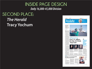 INSIDE PAGE DESIGN
Daily16,000-45,000Division
THIRD PLACE:
The Herald
Kody Timmers
+
THURSDAY SEPTEMBER 24 2015 5A
InsightHERALDONLINE.COM
FACEBOOK.COM/THEROCKHILLHERALD » TWITTER.COM/RHHERALD
WASHINGTON
Pope Francis officially
launched his long-awaited
inaugural visit to the Unit-
ed States on Wednesday
with a message that quick-
ly seeped into the nation’s
consciousness, embracing
America’s heritage while
challenging it to do more
to solve global problems.
“God Bless America,”
he said to enthusiastic
applause at the White
House at the start of a
whirlwind day.
Thousands cheered the
popular leader of the Ro-
man Catholic Church as
he made his way around
the nation’s capital, first at
an elaborate welcome on
the South Lawn of the
White House, then on a
brief parade in the “pop-
emobile” near the Nation-
al Mall, and finally at an
outdoor Mass for 25,000
canonizing the country’s
first Latino saint.
Throughout, he waded
into some of the most
contentious issues in
American politics and the
church, on subjects such
as immigration and the
sex abuse scandals that
plagued U.S. Catholicism.
He started in a charac-
teristic show of the way he
shuns the trappings of
wealth and privilege, ar-
riving at the White House
in a small Fiat 500 as he
was welcomed by Presi-
dent Barack Obama and
first lady Michelle Obama.
The formal welcome also
skipped the traditional
21-gun salute, at the Vat-
ican’s request.
“In your humility, your
embrace of simplicity, the
gentleness of your words
and the generosity of your
spirit, we see a living ex-
ample of Jesus’ teachings,
a leader whose moral
authority comes not just
through words but also
through deeds,” Obama
said.
In brief remarks there,
the pope spoke about the
need to take on global
poverty, care for immi-
grants and combat global
warming.
“When it comes to the
care of our common
home, we are living at a
critical moment of histo-
ry,” he said slowly in ac-
cented English. “We still
have time to make the
change needed to bring
about a sustainable and
integral development, for
we know that things can
change.”
The pope made only a
passing mention of other
hot-button issues, in-
cluding same-sex mar-
riage, saying he supports
“the institutions of mar-
riage and the family at this
critical moment in the
history of our civilization.”
After the ceremony,
Obama and Francis met
for about 40 minutes
privately in the Oval Of-
fice, using a Vatican trans-
lator. White House press
secretary Josh Earnest
declined to say what the
two men spoke about.
Francis then took a brief
ride past thousands out-
side the White House in
the open-air popemobile.
Throngs of supporters,
many not Catholic, came
out before dawn to catch a
glimpse of him. Vendors
hawked pope parapherna-
lia, from T-shirts, calen-
dars and buttons with
Francis’ picture to knock-
offs of the famous Obama
campaign poster, this one
showing the word “pope”
substituted for “hope.”
Faithful fans clutched
yellow-and-white Vatican
flags, along blue-and-
white Argentine flags.
After leaving the cheer-
ing crowds, Francis told
church leaders in a meet-
ing that they had a duty to
ensure the sex abuse scan-
dal that shook the U.S.
Catholic Church would
never happen again. He
told bishops that he had
not come “to judge or to
lecture” them.
An estimated 4,400
Catholic clergy have been
accused of abusing minors
in the U.S. between 1950
and 2002, according to a
report from the U.S. Con-
ference of Catholic Bish-
ops.
“I realize how much the
pain of recent years has
weighed upon you,” he
told the church leaders at
a prayer service in the
Cathedral of St. Matthew.
His message on issues
and his personal appeal
endeared him to Amer-
icans seeing him for the
first time.
“People don’t necessar-
ily just see him as a reli-
gious figure,” said Natalie
Ortiz, a student at George
Washington University.
“He’s not just talking
about, ‘Oh, everyone
praise God,’ but he’s talk-
ing about things that mat-
ter. Because he knows he’s
so influential, he’s using
that to promote things
that actually matter like
politics, climate change.”
The popular Argentina-
born pope has been widely
credited with pushing to
help the world’s poor and
softening the tone of the
church in its opposition to
homosexuality and easing
the granting of marriage
annulments. But Francis
told reporters traveling on
the papal plane – dubbed
Shepherd One – that he
was not aligned with any
particular political move-
ment, though critics call
him “liberal.”
“I am certain I have
never said anything more
than what is in the social
doctrine of the church,”
he said. “I follow the
church, and in this, I do
not think I am wrong.”
On Thursday, Francis
will make the first address
by a pope to a joint meet-
ing of Congress before
appearing on the balcony
of the West Front of the
Capitol to greet a crowd
expected to be in the tens
of thousands.
Rep. Adam Schiff, D-
Calif., announced
Wednesday that he is
circulating a letter to his
colleagues to nominate
Francis as the 2016 Nobel
Peace Prize laureate for
his commitment to peace,
his leadership in climate
change and his stand for
human rights.
The pope also plans
stops in Philadelphia and
New York, where he will
attend the United Nations
General Assembly and a
multi-religious service at
the 9/11 Memorial and
Museum.
JIM BOURG ap
People reach out to Pope Francis as he walks through the Basilica of the National Shrine of the Immaculate Conception in Washington on Wednesday.
POPE VISITS AMERICA
Pope Francis
embraces,
challenges U.S.
. ......................................................
Day began at White House
with ceremony and
private meeting with
President Barack Obama
. ......................................................
18th century Spanish
missionary Junipero Serra
was canonized
. ......................................................
Pope Francis will make
first address to joint
meeting of Congress on
Thursday
. ......................................................
BY ANITA KUMAR AND VERA
BERGENGRUEN
McClatchy Washington Bureau
DAVID GOLDMAN AP
Pope Francis conducts Mass outside the Basilica of the National Shrine of the
Immaculate Conception.
. ......................................................
Pope canonizes
18th-century
missionary; not
everyone happy
In the first canonization on
U.S. soil, Pope Francis has
elevated to sainthood an
18th-century missionary
who brought Catholicism
to the American West
Coast.
Francis canonized Junipero
(hoo-NEE-perr-oh) Serra
on Wednesday during a
Mass in Washington.
Serra was a Franciscan friar
who marched north from
Baja California with Spanish
conquistadors, establishing
nine of the 21 missions in
what is now California.
The canonization was
polarizing. Serra is revered
by Catholics for his
missionary work, and many
Latinos in the U.S. view his
canonization as a badly
needed acknowledgment
of Hispanics’ role in the
American church. But many
Native Americans say Serra
enslaved converts and
contributed to the spread
of disease that wiped out
indigenous populations.
In July, Francis issued a
broad apology for the
church’s sins against
indigenous peoples.
— ASSOCIATED PRESS
.......................................................
EVAN VUCCI AP
Pope Francis waves to the crowd from the popemobile as
he arrives at the Basilica of the National Shrine of the
Immaculate Conception.
‘‘I FOLLOW THE
CHURCH, AND IN
THIS, I DO NOT
THINK I AM
WRONG.
Pope Francis
MOREINSIDE
Rock Hill soup kitchen living pope’s
message, says Andrew Dys. 1A
A Little girl shares her letter with
pope during parade. 6A
 