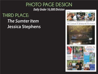 INSIDE PAGE DESIGN
DailyOver45,000Division
FIRST PLACE:
The State
Meredith Sheffer South Carolina coach Steve Spurrier will turn 70 on
Monday, joining other well-known people such as
Henry Winkler (“The Fonz”) in celebrating their
70th birthdays this year. Also born in 1945:
Priscilla
Presley
May 24
Rod
Stewart
Jan. 10
Mia
Farrow
Feb. 9
Steve
Martin
Aug. 14
Carly
Simon
June 25
Tom
Selleck
Jan. 29
Goldie
Hawn
Nov. 21
Bette
Midler
Dec. 1
IN THE NEWS
■ Adolf Hitler and his wife, Eva
Braun, commit suicide
■ U.S. detonates an atomic bomb
on Hiroshima, Japan
■ Second atomic bomb detonated
over Nagasaki, Japan
■ Emperor Hirohito announces
Japan’s surrender on the radio.
■ The U.S. celebrate V-J Day
(Victory in Japan).
■ World World War II ends
CULTURE
Popular movies:
■ Anchors Away
■ The Paleface
■ Spellbound
■ National Velvet
SPORTS
■ Oklahoma State wins NCAA men’s
basketball championship
■ Eddie Arcaro aboard Hoop Jr wins
the Kentucky Derby
■ Byron Nelson records most
tournament wins (18) in a season,
including the PGA Championship
■ Detroit Tigers beat Chicago Cubs in
World Series
■ Branch Rickey signs Jackie Robinson
to a Montreal Royals contract
■ No. 1 Army beats No. 2 Notre Dame
48-0 in college football
■ Cleveland Rams win NFL
Championship
Characteristics of famous people
born on April 20th:
PERSONALITY
Considered adventurous, energetic,
confident and leaders. Those born
under this zodiac sign are commonly
selfish and impatient.
HEALTH
Can be prone to injuries due to
their love of extremes. Important to
take extra precautions with a healthy
lifestyle and exercise routine.
FINANCE
Career that offers a larger financial
gain will be most suitable option.
Money matters and they will be able
to earn as much as they want.
CAREER
Driven by careers that bring about
higher financial gain, they also are
driven by the urge to achieve nearly
all goals set before them.
thefamouspeople.com
Ryan O’Neal
1941
Napoleon III
1808
Adolf Hitler
1889
Jessica Lange
1949
Don Mattingly
1961
Carmen Electra
1972
C O L U M B I A ɀ S O U T H C A R O L I N A
SUNDAY, APRIL 19, 2015 ɀ WWW.THESTATE.COM ɀ PAGE B7
 