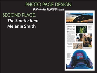 PHOTO PAGE DESIGN
DailyUnder16,000Division
THIRD PLACE:
The Sumter Item
Jessica Stephens
THE SUMTER ITEM LOCAL SATURDAY, MAY 23, 2015 | A3
This weekend, it’s all about the Iris Festival
J.R. Matthews teaches Mckenley Wells, 11, how to shoot a
bow Friday while her cousin Annie Carlyle, 4, and sister
Mandy Wells, 8, watch.
Fannie Britton and Roberta Huston inspect their plants as
Buddy DuRant makes change for them at the Rogers
Greenhouse booth.
Ella Hammon, 5, creates a wood block print as her father,
Troy, looks on at the Sumter Gallery of Art’s booth during
the festivities Friday afternoon.
PHOTOS BY KEITH GEDAMKE /THE SUMTER ITEM
People attending Taste at the Gardens take a sunset boat ride around Swan Lake on Thursday evening during the Sumter Iris Festival.
Jessica Cauthen, 5, above,
boogies with Elmo.
Lauren Yarborough, 16, right,
takes a photograph of the
recycled art garden created by
Sumter schoolchildren as her
mother, Mary, looks on.
Ashlee Holloman and Kevin
Jarvis, From the Morning,
below, perform for the crowd.
........Cash in a FLASH........
480 E. Liberty St. Sumter, SC 29150480 E. Liberty St. Sumter, SC 29150
((inside Coca-Cola Building))
803-773-8022803-773-8022
We Buy: Gold, Silver, .925 Jewelry,Gold, Silver, .925 Jewelry,
Diamonds, Coin Collections, Flatware  EstatesDiamonds, Coin Collections, Flatware  Estates
hhhhh ii FFFFLLLLAAAASSSSSHH
We’ve Moved!!!We’ve Moved!!!
Mon. - Fri. 8:30 - 5:30 PM • Sat: 8 - 2 PMMon. - Fri. 8:30 - 5:30 PM • Sat: 8 - 2 PM
Lafayette Gold  Silver ExchangeLafayette Gold  Silver Exchange
Inside Vestco Properties
Subscribe today,
and stay in the loop
(803) 774-1200
 