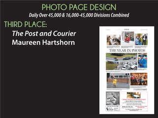 PHOTO PAGE DESIGN
DailyUnder16,000Division
FIRST PLACE:
TheTimesandDemocrat
Kristin Coker
SUNDAY MAGAZINE
SUNDAY, JUNE 28, 2015 / C1
THE TIMES AND DEMOCRAT | WWW.THETANDD.COM
AP
Pallbearers release doves over the
casket of Ethel Lance during her
burial service in Charleston.
EMANUEL
NINE
Rev. and Sen.
Clementa C.
Pinckney
Ethel
Lance
Susie
Jackson
Myra
Thompson
The Rev.
Dr. Daniel
Simmons Sr.
Tywanza
Sanders
Sharonda
Coleman-
Singleton
DePayne
Middleton-
Doctor
Cynthia
Hurd
See more photos ❱❱ C6
 