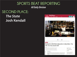 SPORTS BEAT REPORTING
AllDailyDivision
SECOND PLACE:
The State
Josh Kendall
 