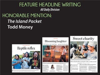 FEATURE HEADLINE WRITING
AllDailyDivision
HONORABLE MENTION:
The Island Packet
Todd Money
 