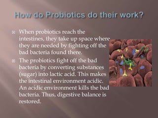  When probiotics reach the
intestines, they take up space where
they are needed by fighting off the
bad bacteria found there.
 The probiotics fight off the bad
bacteria by converting substances
(sugar) into lactic acid. This makes
the intestinal environment acidic.
An acidic environment kills the bad
bacteria. Thus, digestive balance is
restored.
 