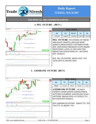 Daily Report
TUESDAY NOV 26 2019
URL: www.tradenivesh.com Call Us On : + 91-9039261444 Page: 6
1. PEL FUTURE : (BUY )
1. AXISBANK FUTURE (BUY)
PIVOT LEVELS
R2 R1 PIVOT S1 S2
1,919.43 1,884.67 1,824.68 1,789.92 1,729.93
PEL FUTURE :ITS STRONG UP TREND
AND DAILY CHARTS A BULLISH WIDE
RANGE CANDELSTRICK PATTERN IS FOM-
RED AND RANGE BREAKOUT GIVES MAJOR
RESISTANCE LEVEL IS 1855 AND THIS
BREAK THE STOCK GOING UP , RSI GIVES
BUY SIGNALS .
BUY PEL IN FUTURE ABOVE 1855 TGT
1870/1895 SL BELOW 1828
AXISBANK FUTURE :IN DAILY
CHARTS A WIDE RANGE CANDELSTRICK
PATTERN IS FOMRED AND BULISH FLAGS
PATTERN BREAK GIVES AT LEVELS 752 ,
RSI GIVES BUY SIGNALS .
BUY AIXBANK IN FUTURE ABOVE 755 TGT
764/775 SL ABOVE 744
PIVOT LEVELS
R2 R1 PIVOT S1 S2
776.67 765.83 744.87 734.03 713.07
TECHNICAL RECOMMENDATIONS
 