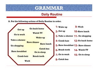GRAMMAR
Daily Routine
A. Put the following actions of Daily Routine in order.
Go back home

Get up

Watch TV

Go to work

Wake up
Take a shower

Have dinner

Go shopping

Comb hair
Work

2- Get up

Have lunch

Go to sleep
Brush teeth

9- Work
10- Have lunch

3- Take a shower 11- Go shopping
4- Comb hair

Catch bus
Have breakfast

1- Wake up

12- Go back home

5- Have breakfast 13- Have dinner
6- Brush teeth

14- Watch TV

7- Go to work

15- Go to sleep

8- Catch bus

 