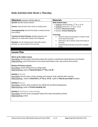 Daily Routine Lesson Plan Objectives Daily routine activity | PDF