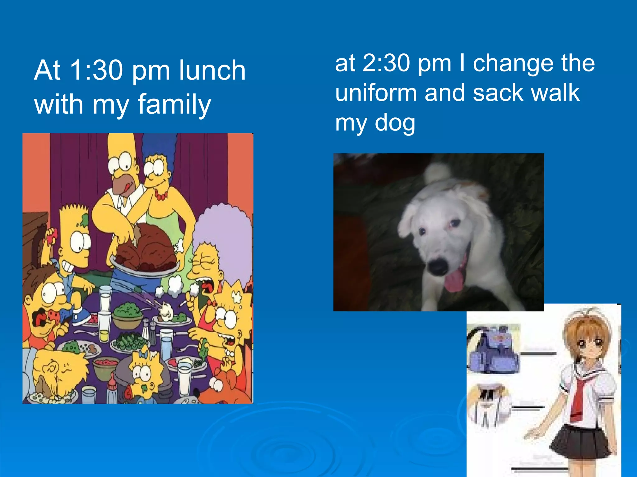 At 1:30 pm lunch with my family  at 2:30 pm I change the uniform and sack walk my dog 