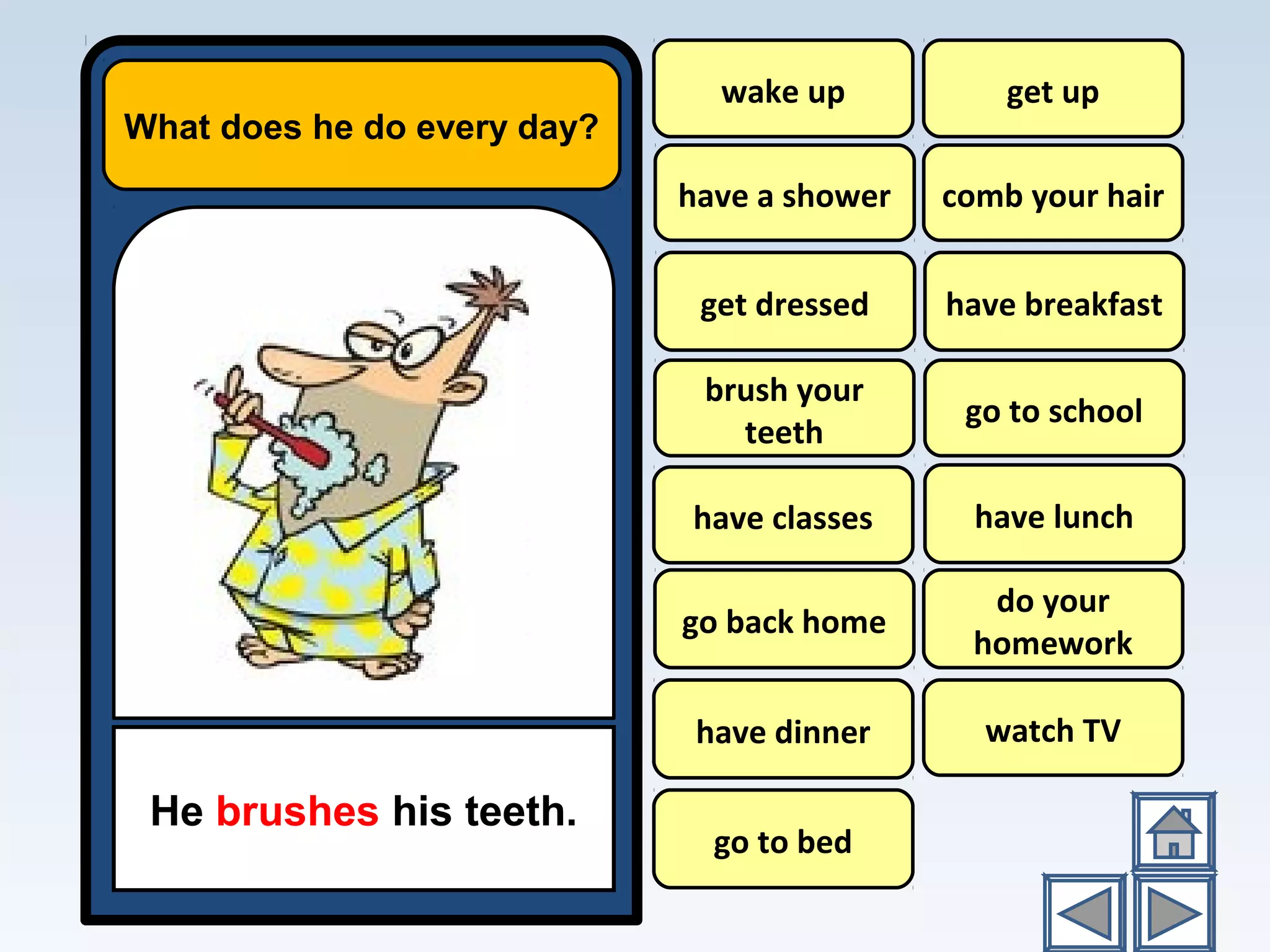 What does he do every day?
He brushes his teeth.
wake up
have a shower
have breakfast
go to school
have lunch
do your
homework
watch TV
get up
comb your hair
brush your
teeth
have classes
go back home
have dinner
go to bed
get dressed
 